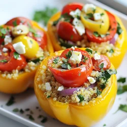- 4 large bell peppers (any color) - 1 cup cooked quinoa - 1 cup cherry tomatoes, halved - 1 small red onion, finely chopped - 1 cup spinach, chopped - 1/2 cup feta cheese, crumbled - 1/4 cup kalamata olives, pitted and sliced - 1 teaspoon dried oregano - 1 teaspoon garlic powder - 1/2 teaspoon salt - 1/2 teaspoon black pepper - 2 tablespoons olive oil - Zest of 1 lemon - Fresh parsley for garnish To create these Greek stuffed peppers, gather your ingredients first. Choose large bell peppers for easy stuffing. You can pick any color, like red, yellow, or green. The cooked quinoa acts as the main base. It adds a nice texture and boosts nutrition. Next, prepare fresh vegetables like cherry tomatoes, red onion, and spinach. They bring color and flavor. Feta cheese and kalamata olives add that classic Greek taste. The dried oregano and garlic powder enhance the dish further. Don’t forget the olive oil! It keeps everything moist and adds richness. The lemon zest gives a bright, fresh kick to the filling. Finally, use fresh parsley as a garnish. It makes your dish look beautiful and adds a hint of freshness. With these ingredients, you’ll create a flavorful and healthy delight that everyone will love. {{ingredient_image_1}} Preheating the Oven Start by preheating your oven to 375°F (190°C). This step is vital for even cooking. Cleaning and Cutting the Peppers Next, take your bell peppers and slice off the tops. Use a spoon to scoop out the seeds and membranes. This helps create space for the stuffing. Lightly coat the outside of the peppers with 1 tablespoon of olive oil. Place them upright in a baking dish so they can hold the filling. Combining Ingredients in a Mixing Bowl In a large mixing bowl, combine the cooked quinoa, cherry tomatoes, red onion, spinach, feta cheese, and olives. Add the dried oregano, garlic powder, salt, black pepper, and the remaining olive oil. Finally, mix in the lemon zest. Stir everything well until all ingredients are blended evenly. Ensuring Even Distribution of Ingredients Make sure that each ingredient is spread out. This helps each bite taste great. You want a nice balance of flavors, so take your time mixing. Filling the Peppers Now, it's time to fill the peppers. Take a generous amount of the quinoa mixture and stuff each pepper. Press down lightly to pack the filling, but don't overstuff. Covering and Baking Instructions Once all the peppers are filled, cover the baking dish with aluminum foil. This keeps them moist while cooking. Place the dish in the preheated oven and bake for 30 minutes. After that, remove the foil and bake for another 10-15 minutes until the peppers are tender and slightly charred on top. Enjoy the smell as they cook! Color and Freshness Indicators When picking bell peppers, look for bright colors. Red, yellow, and green peppers should have a shiny skin. Avoid any with wrinkles or dark spots. Fresh peppers feel firm to the touch. If they have soft spots, they are likely old. Selecting Optimal Size for Stuffing Choose large bell peppers for stuffing. They should be about the size of your palm. This size allows for lots of filling and is easier to eat. Smaller peppers can work too, but they won't hold as much stuffing. Adjusting Seasoning to Taste The recipe calls for salt, pepper, and oregano. These are great basic flavors. You can add more salt or pepper if you like it spicier. Always taste the filling before stuffing the peppers. Adjust as needed to fit your taste. Incorporating Additional Herbs Fresh herbs can make a big difference. Try adding basil or mint for a fresh twist. You can also use thyme for a deeper flavor. Mix these herbs into the filling for a tasty boost. Covering and Uncovering During Baking Start by covering the peppers with foil. This helps them cook evenly and stay moist. After 30 minutes, remove the foil. This allows the tops to brown and get a nice char. Indicators for Doneness Check the peppers after 40-45 minutes. They should be tender and the filling hot. A fork should easily pierce the pepper skin. If the tops are golden, they are ready to serve. Enjoy your flavorful and healthy meal! Pro Tips Choose Vibrant Peppers: Select bell peppers that are firm and have bright, vibrant colors for the best flavor and presentation. Enhance the Filling: Feel free to add protein such as chickpeas or cooked chicken to the quinoa filling for a heartier dish. Experiment with Cheese: Substitute feta with other cheeses like goat cheese or mozzarella for a different flavor profile. Make Ahead: You can prepare the stuffed peppers in advance and refrigerate them, then bake just before serving for a quick meal. {{image_2}} You can change the grains in your stuffed peppers. Quinoa is great, but you can try brown rice or farro. These grains add different textures and tastes. You can also add more vegetables. Think zucchini, mushrooms, or corn. These veggies boost flavor and nutrients. For a heartier meal, include ground meat. Ground beef or turkey works well. These meats blend with the other ingredients nicely. If you want a plant-based option, use chickpeas. They add protein and a nice texture. Just mash or chop them before mixing. Experiment with different cheeses for a new taste. Try mozzarella or goat cheese. Each cheese brings its own flavor. You can also shift seasonings. Use cumin, paprika, or basil for a fun twist. These spices can take your dish to a new level. Refrigeration Techniques You can store leftover stuffed peppers in the fridge. Place them in an airtight container. This keeps them fresh for up to three days. Make sure they have cooled completely before sealing. If you want to keep them longer, freezing is a great option. Freezing for Future Meals To freeze stuffed peppers, wrap each one in plastic wrap. Then, place them in a freezer bag or container. Label the bag with the date. They can last up to three months in the freezer. When you’re ready to eat, just thaw them overnight in the fridge. Best Methods for Reheating The best way to reheat stuffed peppers is in the oven. Preheat your oven to 350°F (175°C). Remove any plastic wrap and place them in a baking dish. Cover with foil to keep them moist. Heat for about 20 minutes or until warmed through. Tips to Preserve Texture and Flavor To keep the peppers from drying out, you can add a splash of water to the dish. This helps steam the peppers while they reheat. You can also sprinkle a little extra cheese on top for added flavor before reheating. Stuffed peppers last about 3 to 5 days in the fridge. Make sure to store them in an airtight container. This helps keep them fresh and safe to eat. If you notice any changes in color or smell, it's best to toss them out. Yes, you can make stuffed peppers ahead of time. Prepare the filling and stuff the peppers. Cover them and place them in the fridge for up to 24 hours. When ready to cook, just pop them in the oven. This saves time on busy days and makes meal prep easy. Serving Greek stuffed peppers with a side salad works well. A simple Greek salad with cucumber, tomatoes, and olives adds freshness. You can also pair them with pita bread and hummus for a nice crunch. Another great option is a light soup, like a lemony vegetable soup. These sides complement the flavors of the stuffed peppers beautifully. Stuffed bell peppers are easy and fun to make. We explored the key ingredients, like quinoa, veggies, and feta. I shared simple steps for prepping, mixing, and baking your peppers. You learned tips on choosing the best peppers and adjusting flavors. We also discussed tasty variations and how to store leftovers. In closing, stuffed peppers are a versatile dish. You can make them to fit your taste. Try something new today and enjoy this dish.