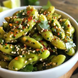 - Edamame: You can use fresh or frozen edamame. Fresh edamame has a vibrant color and a slightly sweeter taste. Frozen edamame is convenient and just as tasty. If you choose frozen, boil them for 3-5 minutes. For fresh, steam them for about 5 minutes until bright green and tender. - Olive Oil: Always opt for high-quality olive oil. It adds a rich flavor and helps with cooking. Good oil can make a big difference in your dish. - Garlic: Fresh garlic is best for this recipe. It has a strong flavor that shines through. If you use garlic powder, remember it’s less potent. You’ll need more powder to match the flavor of fresh garlic. - Red Pepper Flakes: Adjust spice levels based on your taste. Use less for mild heat and more for a spicy kick. They add depth and warmth to the edamame. - Sesame Seeds: These tiny seeds pack a punch of nutrition. They add crunch and flavor. Sprinkle them on just before serving to keep them crispy. - Fresh Cilantro: Add fresh cilantro for a burst of color and flavor. It brightens the dish and adds a herbaceous note. Use it as a garnish or mix it in before serving. - Lime Wedges: Serve lime wedges on the side. A squeeze of fresh lime juice enhances the flavors. It balances the heat from the red pepper flakes nicely. {{ingredient_image_1}} First, let’s decide how to cook the edamame. You can boil or steam them. - Boiling: This method is quick. Just boil a pot of water and add the edamame. Cook for 3-5 minutes until tender. - Steaming: This method keeps more nutrients. If you have fresh edamame, steam them for about 5 minutes. They should look bright green and feel tender. If you use frozen edamame, boiling is best. For fresh edamame, steaming works better. Now, let’s cook the garlic. Heat olive oil in a large skillet over medium heat. - Temperature: You want it hot but not smoking. Add minced garlic and sauté for about 1 minute. It should smell great but not brown. Next, add the red pepper flakes. - Toasting Tips: Stir them in for about 30 seconds. This step boosts their flavor, making your dish even better. Once the garlic and red pepper flakes are ready, it's time to add the edamame. - Tossing Ingredients: Stir the edamame into the skillet. Toss them well with the garlic mixture. This ensures every pod gets flavor. Now drizzle in soy sauce and sesame oil. - Timing: Add these last so they warm through without burning. Cook for an additional 2-3 minutes. Finally, remove the skillet from heat. Sprinkle sesame seeds and salt on top. Add fresh cilantro for a nice touch. Serve warm and enjoy your spicy garlic edamame! - Balancing Saltiness and Spice: Achieving the right mix of saltiness and spice is key. Start with a small amount of soy sauce. You can always add more later. The red pepper flakes bring heat, so adjust them based on your spice tolerance. If it feels too salty, add a bit more edamame to mellow it out. - Using Fresh Ingredients for Maximum Flavor: Fresh garlic gives a strong taste that powdered garlic cannot match. Fresh edamame, if you can find it, has a bright flavor. Always choose high-quality olive oil. The better the oil, the richer the taste. - Ensuring Edamame Remains Tender but Not Mushy: Cook the edamame until they are bright green and tender. If you overcook them, they will become mushy. Aim for that perfect bite. Once cooked, drain them well to avoid excess water in the pan. - Serving Temperature Recommendations: Serve the edamame warm. This keeps the flavors vibrant. If they cool too much, they might lose their appeal. You can easily reheat them in a skillet for a minute before serving. - Bowl Selection for Serving: Choose a shallow bowl for serving. This allows the edamame to be spread out, making it look more inviting. A colorful bowl can add flair to the dish. - Garnishing Techniques for Visual Appeal: Sprinkle sesame seeds on top for a delightful crunch. Adding fresh cilantro not only adds color but also a fresh taste. For a zesty touch, serve lime wedges on the side. This invites your guests to personalize their snack! Pro Tips Fresh vs Frozen Edamame: If using frozen edamame, ensure you cook them just until tender to maintain their bright green color and fresh taste. Garlic Cooking Time: Sauté the garlic until fragrant but not browned; burnt garlic can impart a bitter flavor to the dish. Adjusting Spice Level: Feel free to adjust the amount of red pepper flakes based on your heat preference; start with less and add more if desired. Serving Suggestions: Serve with lime wedges on the side for an extra zesty kick that complements the spiciness of the edamame. {{image_2}} Low-Sodium Soy Sauce Alternatives If you want a lower sodium option, try using coconut aminos. This has a similar taste but with less salt. You can also look for low-sodium soy sauce at the store. This keeps the flavor while making it healthier. Vegan vs. Non-Vegan Ingredients The recipe is already vegan, as it uses no animal products. If you want to keep it that way, stick with the ingredients listed. Some may add honey for sweetness, which would make it non-vegan. Adding Additional Vegetables You can boost the dish with other veggies. Bell peppers add sweetness and color. Carrots give a nice crunch. Just chop them small and sauté with the garlic for added flavor. Spice Alternatives Want more heat? Try chili oil or Sriracha instead of red pepper flakes. Both options pack a punch. Adjust the amount to your spice level. Pairing with Other Dishes Spicy garlic edamame makes a great side. It pairs well with sushi or rice bowls. The flavors complement each other nicely. Serve alongside these dishes for a balanced meal. Creative Appetizer Ideas This dish works great as an appetizer. Serve it warm in a bowl. You can add lime wedges for a zesty kick. This makes a fun snack for any gathering. To keep your spicy garlic edamame fresh, follow these tips: - Cool down: Let the edamame cool before storing. - Air-tight containers: Use a glass or plastic container with a tight seal. - Refrigerate: Store leftovers in the fridge for up to 3 days. These steps help maintain flavor and texture. Avoid using non-vented containers, as they can trap moisture. When reheating, you want to keep the flavor and crunch. Here are the best methods: - Stovetop: Heat a pan on medium. Add the edamame and stir for 2-3 minutes. - Microwave: Place in a bowl, cover with a damp paper towel. Heat for 1-2 minutes. Stovetop reheating works best for keeping that delightful texture. If using a microwave, check often to avoid overcooking. If you want to save some edamame for later, freezing is a great option: - Blanch first: If cooked, blanch the edamame in boiling water for 1-2 minutes. - Cool and pack: Let them cool, then pack in freezer bags. Seal tightly, removing as much air as possible. To thaw, place the frozen edamame in the fridge overnight. You can also use the microwave for quick thawing. Just remember to adjust your cooking time for the edamame's new state. What is the Best Way to Cook Edamame? The best way to cook edamame is to boil or steam it. For frozen edamame, boil water and add the pods. Cook for 3 to 5 minutes until tender. If using fresh edamame, steam them for about 5 minutes until bright green. This method helps to keep the pods firm and tasty. Can I Use Different Types of Oil? Yes, you can use different oils. While I love olive oil for its flavor, you can try sesame oil for a nutty taste. Coconut oil or avocado oil also works well. Just remember that each oil adds its own unique flavor. How Many Calories Are in Spicy Garlic Edamame? Spicy garlic edamame has about 200 calories per serving. Each serving contains healthy fats and protein. This makes it a great snack option. Plus, it satisfies both hunger and taste. What Are the Health Benefits of Edamame? Edamame is packed with protein, fiber, and vitamins. It is a good source of antioxidants, which help fight free radicals. Eating edamame can support heart health and may aid in weight loss. It’s a win-win for your health. How Many Servings Does This Recipe Make? This recipe makes four servings. Each serving is about half a cup of cooked edamame. It’s perfect for sharing or enjoying on your own. Can I Scale the Recipe Up for a Larger Group? Absolutely! You can easily double or triple the recipe. Just make sure to adjust the cooking time slightly to ensure everything cooks evenly. This snack is great for parties or gatherings. In this blog post, we explored how to make spicy garlic edamame. We covered key ingredients like edamame, olive oil, and garlic, along with tips for cooking. I shared ways to enhance flavor with sesame seeds and lime. We also discussed storage and reheating methods. To sum up, knowing how to prepare this dish can bring fresh excitement to your meals. Enjoy experimenting with flavors and sharing these tasty bites with others.