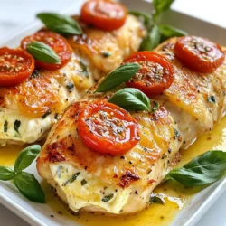 To make Garlic Cream Cheese Stuffed Chicken, gather these main ingredients: - 4 boneless, skinless chicken breasts - 8 oz cream cheese, softened - 4 cloves garlic, minced - 1 cup spinach, chopped (fresh or frozen) - 1/2 cup grated parmesan cheese - 1 tsp dried oregano - 1 tsp salt - 1/2 tsp black pepper - 1 tbsp olive oil These ingredients work together to create a rich and savory filling that makes the chicken juicy and flavorful. You can enhance your dish with these optional garnishes: - 1 cup cherry tomatoes, halved - Fresh basil leaves Adding halved cherry tomatoes gives a nice touch. They add a burst of sweetness and color. Fresh basil leaves brighten the dish and add a fresh flavor. If you need to swap some ingredients, here are a few ideas: - Use ricotta cheese instead of cream cheese for a lighter filling. - Try kale or arugula in place of spinach for a different green. - Substitute feta cheese for parmesan if you like a tangy taste. These substitutions can change the flavor but still keep the dish delicious. Always adjust spices to match your taste. {{ingredient_image_1}} To start, gather your ingredients. You need 8 oz of softened cream cheese, 4 cloves of minced garlic, 1 cup of chopped spinach, 1/2 cup of grated parmesan cheese, 1 tsp of dried oregano, 1 tsp of salt, and 1/2 tsp of black pepper. In a medium bowl, mix the cream cheese and garlic. Next, fold in the spinach, parmesan, oregano, salt, and pepper. Make sure it blends well. This mixture adds a rich flavor to the chicken. Now, take your 4 boneless, skinless chicken breasts. Use a sharp knife to slice a pocket into each breast. Be careful not to cut all the way through. Once you create the pockets, fill them generously with the cream cheese mixture. If the pockets don’t stay closed, use toothpicks to secure them. This step is key for keeping the filling inside while cooking. In a large oven-safe skillet, heat 1 tablespoon of olive oil over medium heat. Once the oil is hot, add the stuffed chicken breasts. Sear each side for about 3-4 minutes. You want them golden brown. After searing, transfer the skillet to a preheated oven at 375°F (190°C). Bake for 25-30 minutes. The chicken should reach an internal temperature of 165°F. For added flavor, add halved cherry tomatoes around the chicken during the last 5 minutes of baking. Once done, let the chicken rest for 5 minutes, remove the toothpicks, and serve. Enjoy your flavorful meal! To keep your chicken juicy, start with good quality meat. Look for fresh, boneless, skinless chicken breasts. They should feel firm and not slimy. Before cooking, let the chicken sit at room temperature for about 15 minutes. This helps with even cooking. Searing the chicken in olive oil locks in moisture. Cook it until golden brown on each side, about 3-4 minutes. Finally, bake it in the oven to finish cooking. This method keeps the chicken tender and juicy. Creating the perfect stuffing is key. Mix the softened cream cheese with minced garlic, chopped spinach, parmesan cheese, oregano, salt, and pepper. Make sure this mixture is creamy and smooth. Use a sharp knife to create a pocket in each chicken breast. Be careful not to cut all the way through. Generously stuff each pocket. Use toothpicks to close any openings, so the filling does not escape while cooking. This ensures a flavorful bite every time. Great presentation makes the meal more appealing. After cooking, let the chicken rest for 5 minutes. This helps keep juices inside. Remove any toothpicks and slice the chicken into thick pieces. Serve it on a large platter. Arrange the roasted cherry tomatoes around the chicken. Garnish with fresh basil leaves for color. A light drizzle of olive oil adds shine and flavor. This makes your dish look as good as it tastes. Pro Tips Use Fresh Ingredients: Fresh spinach and garlic will enhance the flavor of the cream cheese filling, giving your stuffed chicken a vibrant taste. Don't Skip the Resting Time: Allowing the chicken to rest for 5 minutes after baking helps retain moisture, resulting in juicier chicken. Experiment with Cheese: Feel free to mix in other cheeses like feta or mozzarella for a different flavor profile in your stuffing. Perfectly Cooked Chicken: Use a meat thermometer to ensure your chicken reaches an internal temperature of 165°F for safe consumption. {{image_2}} You can add many vegetables to your stuffed chicken. Spinach works great, but consider using kale or mushrooms too. These add flavor and nutrients. You can also try bell peppers or zucchini for a crunchy twist. Just make sure to chop them small. This way, they fit nicely in the chicken pocket. Experiment with your favorites! The cream cheese is rich, but you can switch it up. Try using feta cheese for a tangy kick. Goat cheese also adds a nice creaminess. If you want something sharper, use cheddar or gouda. Each cheese will change the taste and texture of the dish. Feel free to mix cheeses for more fun flavors! To change the taste, add herbs and spices. You can use fresh basil, parsley, or thyme for a bright touch. If you like heat, sprinkle in some red pepper flakes. For a smokier flavor, try smoked paprika. Each tweak gives your dish a new twist. Don't be afraid to get creative! Store your leftover garlic cream cheese stuffed chicken in an airtight container. This keeps the chicken fresh and tasty. Make sure it cools to room temperature first. You can keep it in the fridge for up to three days. If you want it to last longer, freezing is a great option. To reheat, take the chicken out of the fridge. Preheat your oven to 350°F (175°C). Place the chicken in a baking dish. Add a splash of water or broth to keep it moist. Cover with foil to trap steam. Heat for about 20 minutes or until warmed through. You can also use a microwave, but it may dry out. For freezing, wrap each chicken breast tightly in plastic wrap. Then, place them in a freezer bag. They can last for up to three months in the freezer. To thaw, move the chicken to the fridge for a few hours or overnight. Avoid thawing in warm water, as this can affect the texture. After thawing, reheat as described above. You can check if your chicken is done by using a meat thermometer. Insert it into the thickest part of the chicken. The internal temperature should reach 165°F (74°C). If you don’t have a thermometer, cut into the chicken. The meat should be white and the juices should run clear. If you see pink or red, cook it a bit longer. Always let the chicken rest for a few minutes before slicing to keep it juicy. Yes, you can use other types of cheese if you like. Cream cheese makes it creamy, but you can try mozzarella for a milder taste. Feta adds a tangy twist, while cheddar gives it a rich flavor. Just make sure the cheese you choose melts well. This way, it will blend nicely with the garlic and spinach. Stuffed chicken pairs well with many side dishes. Here are some tasty options: - Roasted vegetables like carrots and broccoli - Rice or quinoa for a hearty base - Mashed potatoes for creaminess - A fresh salad with a light vinaigrette - Garlic bread for an extra kick These sides will balance the flavors and make your meal complete. To make this recipe gluten-free, focus on the ingredients. The main ingredients in this dish are gluten-free as they do not contain wheat. Use gluten-free bread crumbs if you want a crunchy topping. Always check labels on any packaged goods you use. This ensures they are gluten-free. Enjoy your stuffed chicken without worry! This blog post covered the key steps to making delicious garlic cream cheese stuffed chicken. We explored the main ingredients, tips for cooking, and ways to enhance flavor. I shared helpful tips for keeping the chicken moist and presented. We also looked at variations and how to store leftovers. With simple adjustments, you can make this dish your own. Enjoy cooking and impressing others with your tasty creation!