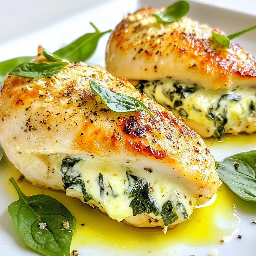 To make Creamy Garlic Spinach Stuffed Chicken, you will need: - 4 boneless, skinless chicken breasts - 2 cups fresh spinach, chopped - 1 cup cream cheese, softened - 1/2 cup grated Parmesan cheese - 3 garlic cloves, minced - 1/2 teaspoon onion powder - 1/2 teaspoon black pepper - 1/2 teaspoon salt - 1 tablespoon olive oil - 1 tablespoon lemon juice - 1/4 teaspoon red pepper flakes (optional) Using fresh, high-quality ingredients makes a big difference in taste. Choose organic spinach when possible. Fresh garlic cloves will give a stronger flavor than pre-minced options. Use full-fat cream cheese for a rich and creamy filling. Grated Parmesan should be fresh for the best taste and texture. If you don't have fresh spinach, you can use frozen spinach. Just make sure to thaw and drain it well before using. For cream cheese, a dairy-free alternative can work if you want a vegan option. Nutritional yeast can replace Parmesan cheese for a cheesy flavor without dairy. If you want less salt, you can skip the added salt in the filling. {{ingredient_image_1}} First, preheat your oven to 375°F (190°C). This step is key for even cooking. While the oven heats, gather all your ingredients. You need chicken breasts, spinach, cream cheese, Parmesan cheese, garlic, onion powder, black pepper, salt, olive oil, lemon juice, and optional red pepper flakes. Having everything ready makes cooking smooth and fun. In a skillet, heat one tablespoon of olive oil over medium heat. Add three minced garlic cloves. Sauté for about one minute until the garlic smells great. Next, add two cups of chopped spinach. Cook it for 2-3 minutes. Stir it occasionally until the spinach wilts down. After that, take it off the heat and let it cool a bit. Now, take your four boneless, skinless chicken breasts. Carefully slice a pocket into each one, but don’t cut all the way through. Season the outside with a bit of salt and black pepper. In a mixing bowl, combine your cooled spinach, cream cheese, grated Parmesan, onion powder, salt, black pepper, and red pepper flakes if you like some heat. Mix it well. Spoon this creamy spinach mixture into the pockets of each chicken breast, filling them generously. Place the stuffed chicken in a baking dish. Drizzle some fresh lemon juice on top. Then, cover the dish with aluminum foil. Bake in the preheated oven for 25-30 minutes. After that, remove the foil and bake for another 10 minutes. Make sure the chicken reaches an internal temperature of 165°F (75°C). Let the chicken rest for about five minutes before slicing. Enjoy your delicious meal! To make the filling great, start with fresh spinach. It adds bright flavor. Sauté the garlic first for a sweet taste. Cook it for just one minute. Then, add the spinach to the skillet. Stir until it wilts, about two to three minutes. Let it cool before mixing it with the cream cheese and Parmesan. This step keeps the filling smooth. If you like heat, add red pepper flakes. It gives a nice kick! Proper cooking makes the chicken juicy. First, preheat your oven to 375°F (190°C). When stuffing, make sure not to cut through the chicken. This keeps the filling inside. Season the outside with salt and pepper for extra taste. Bake covered for 25-30 minutes. Then, remove the foil and bake for another 10 minutes. Use a meat thermometer to check the inside. It should reach 165°F (75°C). Let it rest for five minutes before slicing. This helps keep the juices in. Serving is key to impressing guests. Place the stuffed chicken on a nice platter. Drizzle a little olive oil for shine. Sprinkle extra Parmesan on top for flavor. Add fresh spinach leaves or herbs for color. This makes the dish look vibrant and inviting. It’s not just about taste; it’s about the look too! Pro Tips Tip Title: Sauté the Spinach Properly: Make sure to sauté the spinach just until wilted to maintain its bright color and nutritional value. Overcooking can lead to a mushy texture. Tip Title: Cheese Variations: Feel free to experiment with different cheeses. Adding mozzarella or feta can enhance the flavor profile of the stuffing. Tip Title: Chicken Breast Thickness: Ensure your chicken breasts are of even thickness for uniform cooking. Using a meat mallet can help achieve this. Tip Title: Resting Time: Let the chicken rest for at least 5 minutes after baking. This allows the juices to redistribute, keeping the meat moist and flavorful. {{image_2}} You can change up the stuffing in your chicken for different tastes. Try using ricotta cheese instead of cream cheese for a lighter touch. You can mix in sun-dried tomatoes for a burst of flavor. Adding mushrooms gives a nice earthy taste. You may also try using cooked quinoa or rice for a heartier filling. Each option can give your dish a unique spin! Want to boost the flavors? Add fresh herbs like basil or thyme to the spinach mix. These herbs add freshness and depth. For a spicy kick, mix in jalapeños or a dash of hot sauce. You can also switch the cheeses. Use feta for a tangy twist or mozzarella for a gooey inside. Each choice will change the dish's character beautifully! You don't have to bake the chicken! Try grilling it for a smoky flavor. Just make sure to keep the heat low to avoid drying it out. You can also pan-sear the chicken first to get a nice crust. Then, finish it in the oven. This method keeps the chicken juicy while adding a delightful texture. Each cooking style brings a new taste experience! To store leftovers, let the chicken cool to room temperature. Place it in an airtight container. This keeps it fresh and prevents odors. Store the container in the fridge for up to three days. If you want, you can cut the chicken into slices before storing. This makes reheating easier. You can freeze this dish if you want to keep it longer. Wrap each stuffed chicken breast tightly in plastic wrap. After that, place them in a heavy-duty freezer bag. Make sure to squeeze out as much air as possible. This helps prevent freezer burn. The stuffed chicken can last up to three months in the freezer. Remember to label the bag with the date. To reheat, you can use the oven or microwave. For the oven, preheat it to 350°F (175°C). Place the stuffed chicken in a baking dish. Add a splash of chicken broth to keep it moist. Cover it with foil and bake for about 20 minutes or until heated through. If using a microwave, place the chicken on a microwave-safe plate. Heat for 2-3 minutes, checking often to avoid drying it out. To make this dish dairy-free, swap the cream cheese and Parmesan cheese with dairy-free alternatives. You can use cashew cream or a dairy-free cream cheese. Nutritional yeast can add a cheesy flavor in place of Parmesan. This dish pairs well with many sides. Here are some ideas: - Roasted vegetables - Mashed potatoes - Rice or quinoa - A fresh green salad These sides balance the rich flavors of the chicken and add color to your plate. Yes, you can prep this dish ahead of time. Stuff the chicken breasts and store them in the fridge for up to a day. Just cover them well to keep them fresh. Bake them when you're ready for a quick meal. To check if the chicken is cooked through, use a meat thermometer. Insert it into the thickest part of the chicken. It should read 165°F (75°C). If you don’t have a thermometer, cut into the chicken. The meat should be white, not pink. This blog post covered all you need to know about making Creamy Garlic Spinach Stuffed Chicken. We explored the key ingredients, how to prepare them, and step-by-step cooking instructions. I shared tips for perfecting your dish and ideas for variations. Additionally, we discussed storage and answered common questions. Remember, cooking is fun and creative. Don’t be afraid to experiment with flavors. Enjoy your meal and share it with others!