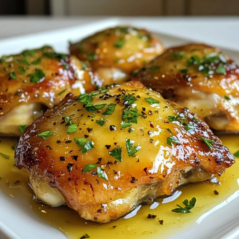 To make honey mustard chicken thighs, you'll need a few simple ingredients. These create a dish full of flavor. Here’s the list of what you need: - 4 bone-in, skin-on chicken thighs - 1/4 cup honey - 1/4 cup Dijon mustard - 2 tablespoons olive oil - 2 cloves garlic, minced - 1 teaspoon fresh thyme leaves (or 1/2 teaspoon dried thyme) - 1 teaspoon paprika - Salt and pepper to taste - Fresh parsley, chopped (for garnish) Each ingredient plays a key role. The chicken thighs stay juicy and tender with the skin on. Honey gives a sweet touch while Dijon mustard adds a tangy flavor. Olive oil helps the marinade stick and adds richness. Garlic brings warmth, and thyme adds a lovely herb note. Paprika gives a nice color and a hint of spice. Salt and pepper boost all the flavors. Lastly, parsley brightens the dish when you garnish it. Gather these ingredients before you start cooking, and you're set for a delightful meal! {{ingredient_image_1}} To start, gather your mixing bowl. In it, combine 1/4 cup of honey and 1/4 cup of Dijon mustard. Next, add 2 tablespoons of olive oil. This will help thin the sauce and add a nice flavor. Then, mince 2 cloves of garlic and toss them in. Add 1 teaspoon of fresh thyme leaves, or use 1/2 teaspoon if using dried thyme. Now, sprinkle in 1 teaspoon of paprika, along with salt and pepper to taste. Whisk all the ingredients together until they blend well. This marinade is key to tasty chicken thighs. Take 4 bone-in, skin-on chicken thighs and place them in a large resealable plastic bag or a shallow dish. Pour the marinade over the chicken, ensuring each piece is well coated. Seal the bag tightly or cover the dish with plastic wrap. Let the chicken marinate in the fridge for at least 1 hour. For the best flavor, marinate overnight. This allows the chicken to soak up all the delicious flavors. Preheat your oven to 400°F (200°C). After marinating, remove the chicken from the bag or dish. Place the chicken thighs on a baking sheet lined with parchment paper, skin-side up. Remember to save some marinade for later. Bake the chicken for 35 to 40 minutes. Check the internal temperature; it should reach 165°F (75°C). Halfway through, brush the chicken with the reserved marinade for extra flavor. Once done, take the chicken out and let it rest for 5 minutes before serving. Garnish with chopped fresh parsley for a nice touch. Enjoy your meal! To get that perfect crispy skin, start by drying the chicken thighs well. Pat them with paper towels before marinating. When baking, use high heat at 400°F (200°C). This helps the fat render and the skin crisp up. Halfway through, brush with the reserved marinade. This adds flavor and helps achieve that golden look. For the best flavor, marinate the chicken for at least one hour. However, overnight is even better! The longer you let the chicken soak in the honey mustard mix, the more tasty it will be. Just remember, don’t go over 24 hours, as the texture might change. Ovens can vary, so keep an eye on your chicken. In a standard oven, bake for about 35 to 40 minutes until the internal temperature hits 165°F (75°C). If your oven runs hot or cold, check the chicken a few minutes early or late. Always trust your meat thermometer for the best results. Pro Tips Marinate Longer for More Flavor: Allowing the chicken to marinate overnight will deepen the flavor and tenderness of the meat. Use a Meat Thermometer: To ensure your chicken is perfectly cooked, use a meat thermometer to check that the internal temperature reaches 165°F (75°C). Keep the Skin Crispy: For extra crispy skin, avoid covering the chicken with foil while baking and ensure there's enough space between pieces on the pan. Experiment with Flavors: Feel free to add your favorite herbs or spices to the marinade, such as rosemary or cayenne pepper, to personalize the dish. {{image_2}} You can easily add fresh herbs to this dish. Try using rosemary, oregano, or basil. Herbs brighten the flavor and make it more exciting. Just chop a tablespoon of your chosen herb and mix it into the marinade. The herbs give a fresh taste and make the chicken even more fragrant. You can use the same marinade process for these variations. If you like heat, make a spicy twist on this recipe. Add a teaspoon of cayenne pepper or red pepper flakes to the marinade. This addition gives the chicken a nice kick. You can also add hot sauce for an extra layer of spice. Mix well and let the chicken soak in those spicy flavors. The sweet and spicy combo is sure to excite your taste buds. Grilling the chicken thighs brings out a smoky flavor. After marinating, preheat your grill to medium-high heat. Place the chicken skin-side down on the grill. Cook for about 6-8 minutes, then flip and cook for another 6-8 minutes. Brush with reserved marinade while grilling for more flavor. The grill marks add a nice look, too. Serve it with your favorite sides for a perfect meal. You can store leftovers in the fridge. Place the chicken in an airtight container. Keep it in the fridge for up to three days. Ensure that it cools to room temperature before sealing. This helps maintain the chicken's flavor and texture. To freeze, wrap each thigh in plastic wrap. Then, place them in a freezer-safe bag. This way, they can last for up to three months. When you’re ready to eat, thaw them overnight in the fridge. This slow thawing keeps the meat juicy and tender. To reheat, preheat your oven to 350°F (175°C). Place the chicken in a baking dish. Add a splash of water or broth to keep it moist. Cover the dish with foil and heat for about 20 minutes. You want it warm throughout. If you like crispy skin, remove the foil for the last five minutes. This step adds crunch back to the skin. Enjoy your meal! Yes, you can use boneless chicken thighs. They cook faster, so reduce the baking time. Check the internal temperature to ensure they reach 165°F. To make this dish healthier, use skinless chicken thighs. You can also cut back on honey and mustard. Add more herbs and spices for flavor without extra calories. Great sides include roasted vegetables, rice, or a fresh salad. Mashed potatoes or quinoa also work well. Choose sides that complement the sweet and tangy flavors of the chicken. In this article, I shared how to make delicious honey mustard chicken thighs. We covered ingredients, marinade steps, and baking tips. You learned how to achieve crispy skin and suggested variations to change up the flavor. Proper storage and reheating tips ensure your meal stays fresh. Enjoy experimenting with different herbs or spice levels. This dish is simple yet flavorful, perfect for any meal. Try it today and let your taste buds enjoy the sweet and savory blend!