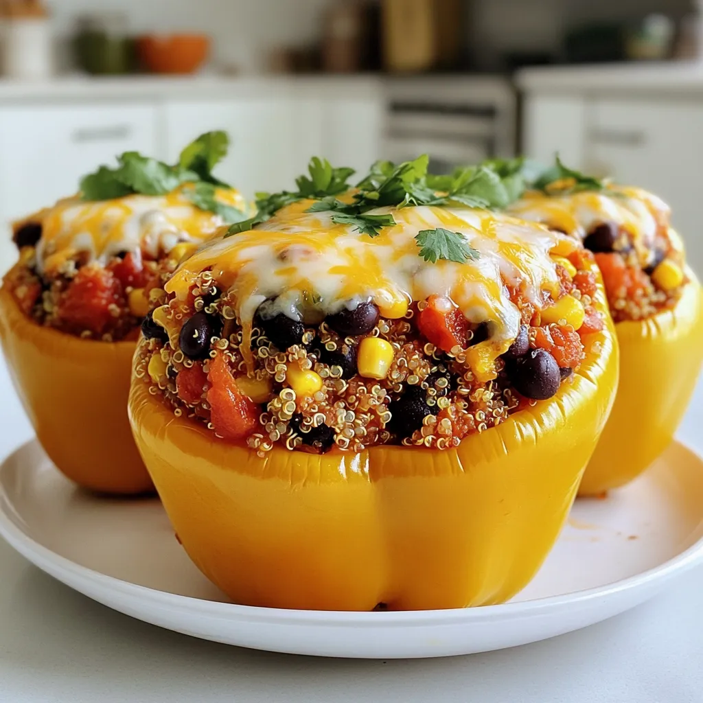 - 4 large bell peppers (any color) - 1 cup cooked quinoa - 1 cup black beans, rinsed and drained - 1 cup corn (frozen or fresh) - 1 cup diced tomatoes (canned or fresh) - 1 teaspoon cumin - 1 teaspoon paprika - 1/2 teaspoon garlic powder - 1/2 teaspoon onion powder - Salt and pepper to taste - 1 cup shredded cheese (cheddar or pepper jack) - 2 tablespoons fresh cilantro, chopped (for garnish) When I make stuffed peppers, I love using bright bell peppers. They add color and taste. You can pick any color you like: red, yellow, or green. The filling is where the magic happens. I use cooked quinoa as a base. It adds texture and protein. Black beans bring a nice creaminess and also pack a protein punch. Corn adds sweetness and a nice crunch. For the tomatoes, you can choose fresh or canned. Both work well in this recipe. The spices make the filling pop! Cumin and paprika add warmth. Garlic and onion powders give it depth. Don't forget the salt and pepper! They help bring all the flavors together. The cheese is the final touch. Cheddar gives a classic taste, while pepper jack adds a spicy kick. Finally, I love adding fresh cilantro as a garnish. It adds freshness and a pop of color. Every bite of these stuffed peppers is a burst of flavor! Preheat the air fryer to 375°F (190°C). This step is key for even cooking. Let it warm up for about 5 minutes. Cut the tops off the bell peppers. Remove the seeds and membranes inside. Set the prepared peppers aside. They should be ready for stuffing. In a mixing bowl, combine these ingredients: - 1 cup cooked quinoa - 1 cup black beans, rinsed and drained - 1 cup corn (frozen or fresh) - 1 cup diced tomatoes (canned or fresh) - 1 teaspoon cumin - 1 teaspoon paprika - 1/2 teaspoon garlic powder - 1/2 teaspoon onion powder - Salt and pepper to taste Mix well until everything is combined. Now, gently fold in 3/4 cup of shredded cheese. This will give the filling a creamy texture. Take each bell pepper and generously pack it with the filling. Press down lightly to get a snug fit. Make sure they fit snugly in the air fryer basket. This helps them cook evenly. Air fry the peppers for 12-15 minutes. They should be tender and slightly charred. In the last 2 minutes, sprinkle the remaining cheese on top of each pepper. This will melt nicely. Once done, carefully remove the peppers and let them cool for a minute. Enjoy your tasty creation! - Adjusting cooking time based on pepper size: Larger peppers take longer to cook. If your peppers are big, add a few more minutes. Small peppers cook faster, so keep an eye on them. - Ensuring even cooking by arranging peppers correctly: Place the peppers upright in the air fryer. Make sure they do not touch each other. This helps them cook evenly and get that nice char. - Substituting quinoa with other grains: If you don’t like quinoa, you can use rice or couscous instead. They work well and still taste great. - Adjusting spiciness level: Want it spicy? Add some chopped jalapeños or a dash of hot sauce to the filling. For mild heat, skip the spicy additions. - Choosing the best types of cheese for melting: Cheddar and pepper jack are perfect for melting. They add great flavor and gooeyness to the dish. - Mixing cheeses for diverse flavors: Try mixing mozzarella with cheddar for a creamy texture. You can also add feta for a tangy twist. The combinations are endless! {{image_2}} You can mix things up with different beans or grains. If you want a twist, try using chickpeas or lentils instead of black beans. For grains, swap quinoa for rice or farro. Each change brings a new taste and texture to your dish. Adding more vegetables can also boost the flavor. Consider using diced zucchini, mushrooms, or even spinach. These veggies add color and nutrients. You can also include proteins like ground turkey or beef for a heartier meal. To elevate your stuffed peppers, you can incorporate various spices or herbs. A pinch of chili powder or oregano can make a big difference. These spices add depth and warmth to the filling. Try fresh herbs like basil or parsley for a bright finish. Switching up the cheese is another great way to enhance flavor. Instead of cheddar, use mozzarella for a gooey texture. Feta cheese adds a tangy bite, while pepper jack gives it a spicy kick. Experimenting with cheese makes every bite exciting. You can take your stuffed peppers global with different styles. For a Mexican flair, add taco seasoning to the filling. Top with avocado or salsa for an extra kick. If you prefer Mediterranean flavors, use feta and olives in the mix. Herbs like dill or thyme can brighten the dish. These international styles make your meal fun and fresh. To keep your stuffed peppers fresh, refrigerate them right away. Place them in an airtight container. They will last for up to three days. If you want to save them longer, freezing is a great option. Wrap each pepper tightly in plastic wrap, then put them in a freezer bag. This way, they stay fresh for up to three months. When you’re ready to enjoy leftovers, the air fryer works best for reheating. Set it to 350°F (175°C) and heat for about 10 minutes. This helps keep the filling warm and the peppers tender. To avoid sogginess, do not cover them while reheating. Checking them halfway through will help ensure they heat evenly. You can tell when stuffed peppers are done by checking for tenderness. Gently poke a pepper with a fork. If it feels soft, that’s a good sign. Look for a little char on the outside too. This adds flavor and shows they are cooked well. Yes, you can make stuffed peppers ahead of time. Prepare the filling and stuff the peppers. You can store them in the fridge for up to two days. When you’re ready to eat, just pop them in the air fryer. This saves time on busy days. The best air fryer temperature for stuffed peppers is 375°F (190°C). This temperature cooks the peppers evenly. It also melts the cheese perfectly without burning it. Preheating your air fryer for five minutes helps get the best results. Stuffed peppers are quite healthy. They are low in calories and high in nutrients. The bell peppers provide vitamins A and C. Quinoa adds protein and fiber. Black beans are also packed with protein. Corn and tomatoes give you important antioxidants, making this dish both tasty and good for you. We covered a simple and tasty air fryer recipe for stuffed peppers. You learned how to prepare the filling, cook the peppers, and even store leftovers. With the tips and variations provided, you can easily customize this dish to fit your taste. Experiment with different ingredients for unique flavors and enjoy nutritious meals every time. Try this recipe, and watch it become a family favorite. You can make healthy eating fun and delicious!
