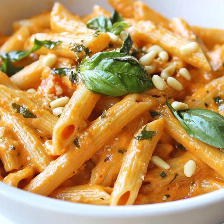 - 12 oz penne pasta - 3 large red bell peppers - 1 cup heavy cream - 1/2 cup grated Parmesan cheese - 2 tablespoons olive oil - 4 cloves garlic, minced - 1/2 teaspoon red pepper flakes (adjust for spice preference) - Salt and pepper to taste - Fresh basil leaves for garnish - Optional: Toasted pine nuts for crunch Gather these ingredients before you start cooking. The penne pasta will be the base of our dish. Use three large red bell peppers for a sweet and smoky flavor. Heavy cream adds richness, while grated Parmesan gives a savory touch. Olive oil and minced garlic bring depth to the sauce. Red pepper flakes can adjust the heat level based on your taste. Don’t forget salt and pepper to enhance all the flavors. Fresh basil leaves will add a fresh aroma. Finally, toasted pine nuts can give a nice crunch, making the dish even better. With these ingredients on hand, you’re ready to create a creamy and flavorful pasta dish. This combination will not only taste amazing but also look great on your plate. Enjoy the process and get ready for a delightful meal! {{ingredient_image_1}} To roast the peppers, first, preheat your oven to 475°F. Take three large red bell peppers and place them on a baking sheet. Drizzle them with one tablespoon of olive oil. Roast the peppers for about 20 to 25 minutes. Look for blistered and charred skins. This gives the peppers a rich flavor. Once roasted, take them out and place them in a bowl. Cover the bowl with plastic wrap for about ten minutes. This steams the peppers and makes peeling easier. After cooling, peel off the skins and remove the seeds. While the peppers roast, bring a large pot of salted water to a boil. Add 12 oz of penne pasta and cook until al dente. This usually takes about 10 to 12 minutes. Remember, al dente means firm to the bite. Before draining, reserve one cup of the pasta water. This water helps adjust the sauce later. In a blender, combine the roasted red peppers, one cup of heavy cream, and four cloves of minced garlic. Add half a teaspoon of red pepper flakes, salt, and pepper. Blend these ingredients until smooth. This creates a creamy sauce that is full of flavor. If the sauce seems too thick, don’t worry. You can adjust it later with the reserved pasta water. In a large skillet, heat one tablespoon of olive oil over medium heat. Pour in your blended red pepper sauce and let it simmer for 2 to 3 minutes. Gradually add the cooked penne pasta to the skillet. Toss the pasta gently to coat it in the sauce. If the sauce feels too thick, add a little reserved pasta water. Keep adding until you reach your preferred consistency. Once mixed, remove the skillet from the heat. Stir in half a cup of grated Parmesan cheese. This adds a wonderful creaminess and depth to the dish. Taste and adjust the seasoning with salt and pepper as needed. A little extra cheese can always enhance the flavor. For a beautiful presentation, serve the creamy penne in shallow bowls. Drizzle some extra olive oil on top for shine. Garnish your dish with fresh basil leaves. If you like a bit of crunch, add some toasted pine nuts. This not only adds texture but also makes your dish look inviting. Enjoy! To make the sauce just right, start with red pepper flakes. If you like spice, add more. If you prefer mild, use less. This lets you control the heat. Next, balance creaminess and flavor. Use heavy cream for a rich taste. Blend it with roasted peppers until smooth. If the sauce feels too thick, add a bit of pasta water. This helps create a nice, creamy texture. Timing is key when cooking pasta. Boil water and add salt before the penne. Cook according to the package until it is al dente. This means it is firm but not hard. To prevent sticking, stir the pasta often. After draining, toss it with a little olive oil. This keeps it from clumping together. You can add more herbs and seasonings for extra flavor. Fresh basil works well with this dish. Try adding some oregano or thyme for a different twist. For pairings, consider serving the pasta with a light salad or garlic bread. A crisp white wine, like Pinot Grigio, complements the dish nicely. Enjoying these flavors together makes for a delightful meal. Pro Tips Use Fresh Ingredients: Fresh red bell peppers and garlic will enhance the flavor of your sauce significantly. Opt for organic produce if possible. Adjust Spice Level: If you're sensitive to heat, start with a smaller amount of red pepper flakes. You can always add more as you taste the sauce. Perfect Pasta Texture: Make sure to cook the penne until al dente for the best texture. It will continue to cook slightly when mixed with the sauce. Garnish for Flavor: Fresh basil not only adds a visual pop but also a burst of freshness. Consider adding a squeeze of lemon juice for extra brightness. {{image_2}} You can make this dish vegan by swapping the cream. Use coconut milk or cashew cream instead. Both options add a nice richness and flavor. To boost nutrition, add veggies like spinach, mushrooms, or zucchini. These not only enhance taste but also add color and texture. For a heartier meal, consider adding protein. Chicken, shrimp, or sausage work great. If you choose chicken, season and cook it in the skillet before adding the sauce. For shrimp, add them to the sauce and cook until pink. If using sausage, brown it first for flavor. Mix your protein with the creamy sauce and pasta for a satisfying dish. If you need a gluten-free version, use gluten-free penne. For a low-carb choice, try zoodles, made from zucchini. Just spiralize the zucchini and sauté briefly. Cooking time will change, so monitor your zoodles closely. They need just a few minutes to soften but not become mushy. Adjust your sauce to fit any pasta type you choose. To keep your creamy roasted red pepper penne fresh, use airtight containers. Glass or plastic containers work well. Make sure to cool the pasta before sealing it. Store it in the fridge for up to three days. If you want to keep it longer, freeze it in portions. Use freezer-safe bags or containers for best results. Reheating the pasta can be tricky. You want to keep it creamy and tasty. The best way is to use a stovetop. Add a splash of water or cream to the skillet. Heat it over low heat, stirring gently. If you prefer the microwave, use a microwave-safe bowl. Cover it to keep moisture in and heat in short bursts, stirring in between. When stored properly, your creamy roasted red pepper penne stays fresh for about three days in the fridge. If frozen, it can last for up to three months. Always check for signs of spoilage. If it smells off or has a strange texture, it’s best to toss it. Enjoy your pasta in its prime! Yes, you can! While penne is my favorite, you can use other pastas. Try fusilli, rigatoni, or even spaghetti. Each shape holds the sauce differently, giving you a unique taste. Just make sure to cook it until it's al dente. To add heat, increase the red pepper flakes. You can also add sliced jalapeños or a dash of hot sauce. Start with a little, then taste and adjust. This way, you control the spice level to suit your taste buds. Absolutely! You can make the sauce a day ahead. Store it in the fridge in an airtight container. When you’re ready to serve, just warm it up on low heat. If it's too thick, add a splash of pasta water to loosen it. This dish pairs well with a fresh salad or garlic bread. For drinks, try a crisp white wine or sparkling water with lemon. These sides complement the creamy pasta and enhance your meal. Yes, you can lighten it up! Use half-and-half instead of heavy cream. You can also add more veggies like spinach or zucchini for freshness. These swaps keep the flavors while reducing calories and fat. You’ve learned how to make a delicious creamy roasted red pepper penne. We covered the key ingredients, from penne pasta to fresh basil. I provided step-by-step instructions for roasting peppers and creating the perfect sauce. Remember to adjust spice levels and try different variations to suit your taste. Store leftovers properly to enjoy later. Don’t hesitate to experiment and make this dish your own! Happy cooking!