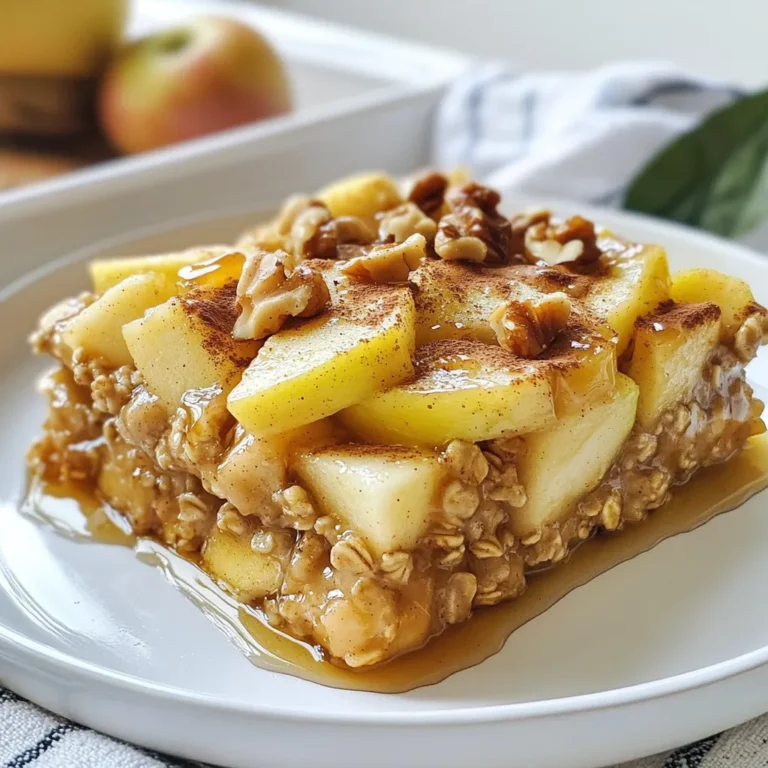 To create your Apple Cinnamon Oatmeal Bake, gather these simple ingredients: - 2 cups rolled oats - 2 cups almond milk (or any milk of choice) - 2 medium apples, peeled and diced (preferably Granny Smith) - 1/4 cup maple syrup (or honey) - 1/4 cup unsweetened applesauce - 1 teaspoon vanilla extract - 1 teaspoon ground cinnamon - 1/2 teaspoon baking powder - 1/4 teaspoon salt - 1/2 cup walnuts, chopped (optional) - 1/4 cup raisins or dried cranberries (optional) These ingredients work well together. The oats are the base, while the apples add sweetness and flavor. The almond milk keeps it moist, and sweeteners like maple syrup or honey enhance the dish. Ground cinnamon gives that classic apple pie taste. Adding walnuts or dried fruit brings in extra texture and flavor. Feel free to mix and match based on what you love. With these ingredients, you can create a warm, comforting dish that everyone will enjoy! {{ingredient_image_1}} 1. Preheat your oven and grease the baking dish. Start by setting your oven to 350°F (175°C). While it heats, take a 9x9 inch baking dish and grease it well. This helps the oatmeal bake to come out easily after cooking. 2. Mixing dry and wet ingredients. In a large bowl, combine 2 cups of rolled oats, 2 cups of almond milk, 1/4 cup of maple syrup, 1/4 cup of applesauce, and 1 teaspoon of vanilla extract. Stir this mix until everything blends well. 3. Incorporating apples and spices. Next, add 2 medium apples, peeled and diced, into the bowl. Use Granny Smith apples for a nice tart flavor. Then, sprinkle in 1 teaspoon of ground cinnamon, 1/2 teaspoon of baking powder, and 1/4 teaspoon of salt. Stir again until the apples and spices are evenly mixed. 4. Folding in optional ingredients. If you want extra crunch and flavor, fold in 1/2 cup of chopped walnuts and 1/4 cup of raisins or dried cranberries. This step is optional but adds great texture and sweetness. 5. Baking the oatmeal mixture. Pour the oatmeal mixture into your greased baking dish. Spread it out evenly with a spatula. Now, pop it into your preheated oven and bake for 30 to 35 minutes. It’s done when the top is golden and the mixture is set. Once it's baked, let it cool for a few minutes before slicing. Enjoy this warm dish, and feel free to drizzle more maple syrup on top! You can make this dish in just 45 minutes. The prep time takes only 10 minutes. Next, bake it for 30 to 35 minutes. This timing allows the oats to cook well and the apples to soften. I usually check it after 30 minutes. If it’s not golden yet, give it a few more minutes. This recipe serves six people. It works well for breakfast or a sweet snack. I love to serve it warm. Drizzling some maple syrup on top makes it even better. If you want to add a twist, you can offer yogurt or fresh fruit on the side. Pro Tips Choose the Right Apples: Using tart apples like Granny Smith adds a delightful contrast to the sweetness of the maple syrup and applesauce. Customize Your Add-ins: Feel free to substitute walnuts with pecans or omit nuts altogether for a nut-free version! Bake Until Golden: Keep an eye on the baking time; oven temperatures can vary, and you want the top to be golden brown for the best texture. Make Ahead: Prepare this oatmeal bake in advance and store it in the fridge. It reheats beautifully for quick breakfasts throughout the week! {{image_2}} - Selecting the best apples: Use Granny Smith apples. They add a nice tartness and hold their shape well during baking. If you want a sweeter taste, you can mix in some Honeycrisp or Fuji apples. - Adjusting sweetness levels: Taste your mixture before baking. If you like it sweeter, add more maple syrup or honey. Remember, the apples also bring natural sweetness. - Ensuring even cooking: Spread the mixture evenly in the baking dish. This helps it cook uniformly. Check it around the 30-minute mark. If the top is golden, it's ready! - Alternative milk options: You can swap almond milk for any milk you prefer, like oat or soy milk. Each adds a unique flavor. - Different sweeteners: If you don’t have maple syrup, use agave syrup or regular sugar. Adjust the amount to your taste. - Other fruit variations: Feel free to change the apples. You can add bananas or pears for a tasty twist. Dried fruit like apricots or figs also works well. You can easily change the taste of your Apple Cinnamon Oatmeal Bake. Adding spices can give it a warm kick. For example, try adding a pinch of nutmeg or a dash of ginger. Both spices pair well with apples and cinnamon. You can also mix in seasonal fruits. Berries like blueberries or strawberries add a burst of flavor. Peaches can bring a sweet and juicy twist that feels fresh. If you need gluten-free options, use gluten-free oats. They work just as well and still taste great. For vegan adaptations, swap the almond milk with any plant-based milk. You can also replace honey with maple syrup or agave. This lets everyone enjoy the dish, no matter their diet. Yes, you can prepare this oatmeal bake ahead of time. Mix all your ingredients the night before. Store the mix in the fridge overnight. The next morning, just pour it into the greased dish and bake. This saves you time and makes mornings easier. To store leftovers, let the oatmeal cool completely. Cut it into slices and place them in an airtight container. You can keep it in the fridge for up to five days. This way, you can enjoy it for breakfast or a snack later. You can freeze this dish! Slice it into portions and wrap each slice in plastic wrap. Place the slices in a freezer-safe bag. It will keep well for up to three months. To enjoy, thaw in the fridge overnight and reheat before serving. For toppings, I love adding a drizzle of maple syrup. You can also sprinkle some extra cinnamon on top. Fresh fruits like sliced bananas or berries work well too. If you want crunch, try some nuts or granola. These will make your oatmeal bake even tastier! You now have a complete guide to making a delicious Apple Cinnamon Oatmeal Bake. We explored essential ingredients, easy steps, and cooking details. You learned tips for perfecting the recipe and even variations to try. Whether you want a warm breakfast or a tasty snack, this recipe is flexible and fun. Don’t hesitate to experiment with flavors and ingredients to make it your own. Enjoy making this dish, and share it with family and friends for a delightful treat!
