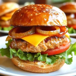 To make BBQ Ranch Turkey Burgers, you need: - 1 pound ground turkey - 1/4 cup ranch dressing - 1/4 cup BBQ sauce (your favorite brand) - 1/2 cup breadcrumbs - 1/4 cup shredded cheddar cheese - 1 tablespoon Worcestershire sauce - 1 teaspoon garlic powder - 1 teaspoon onion powder - 1/2 teaspoon paprika - Salt and pepper to taste - 4 whole wheat hamburger buns These ingredients blend together to create juicy and tasty burgers. You can add extra flavor with these toppings: - Fresh lettuce - Sliced tomato - Sliced onion - Extra BBQ sauce Feel free to mix and match these toppings to satisfy your taste. Pair your burgers with these easy sides: - Sweet potato fries - Coleslaw - Grilled corn on the cob - Fresh fruit salad These sides complement the burgers and make your meal even better. {{ingredient_image_1}} To start, grab a large mixing bowl. Add 1 pound of ground turkey. Next, pour in 1/4 cup of ranch dressing and 1/4 cup of BBQ sauce. This gives the burgers great flavor. Then, sprinkle in 1/2 cup of breadcrumbs. These help hold everything together. Now, add 1/4 cup of shredded cheddar cheese for a tasty twist. Don’t forget 1 tablespoon of Worcestershire sauce, 1 teaspoon of garlic powder, and 1 teaspoon of onion powder. These spices add depth to your burgers. Finally, mix in 1/2 teaspoon of paprika, and season with salt and pepper to taste. Use your hands or a spoon to mix until combined. Now, it’s time to shape the mixture. Divide it into four equal portions. Each portion should form a patty about 1 inch thick. Press them gently to help them hold their shape. Make a small indent in the center of each patty. This helps them cook evenly and prevents puffing up. Set the patties aside while you prepare to cook. You can cook these burgers either on a grill or in a skillet. If you choose to grill, preheat it to medium-high heat. Lightly oil the grates to stop sticking. For a skillet, heat it over medium-high heat as well. Add a little oil to the pan. Place the patties on the grill or skillet. Cook them for about 5-6 minutes on each side. They should reach an internal temperature of 165°F (74°C). Look for a nice golden brown color. In the last minute, toast the hamburger buns cut-side down. This adds a nice crunch. Once done, assemble your burgers and enjoy! To get the best texture, mix the ground turkey gently. Over-mixing makes burgers tough. Add breadcrumbs to help bind the mixture. It keeps the burgers moist while cooking. Shape the patties to about one inch thick. This thickness ensures even cooking throughout. Want to boost flavor? Use your favorite BBQ sauce. Each brand has a unique taste. You can also add spices like smoked paprika for a rich flavor. Try mixing in fresh herbs like parsley or cilantro. They add freshness and depth to your burgers. Drizzling extra BBQ sauce on top adds a tasty finishing touch. Prep your ingredients ahead of time. Chop veggies and gather sauces before you cook. This makes the cooking process quicker. If you're short on time, use pre-made patties. They save you time without losing flavor. You can also grill extra burgers and save them for later meals. Pro Tips Use Lean Turkey: Opt for lean ground turkey to reduce fat while keeping the burgers juicy. This also allows the flavors of the seasoning and sauces to shine through. Don't Overmix: When combining the ingredients, mix just until combined. Overmixing can lead to tough burgers. Check Doneness: Always use a meat thermometer to ensure the internal temperature reaches 165°F (74°C) for safety and optimal texture. Customize Your Toppings: Feel free to get creative with toppings! Avocado, jalapeños, or even pineapple can add a unique twist to your turkey burgers. {{image_2}} You can switch up the flavor by using different sauces. Try spicy BBQ sauce for heat. Or, go for a honey mustard for a sweet twist. You can even use a garlic aioli for a creamy touch. Each sauce gives a unique taste and makes the burgers your own. Just remember to mix the sauce into the turkey before cooking. You can use other meats if you like. Ground chicken works well and stays moist. If you prefer a plant-based option, try black beans or lentils. They add protein and flavor. Just mash them well and mix in your favorite seasonings. This way, you still get a tasty burger that fits your diet. Adding extras to the turkey mix can make your burgers special. Consider diced jalapeños for spice or sun-dried tomatoes for a burst of flavor. You can also mix in corn or diced bell peppers for added texture. Just keep the total amount under one cup to keep the burgers together. This little tweak lets you create a burger that suits your taste! To store leftover BBQ ranch turkey burgers, let them cool first. Place them in an airtight container. You can keep them in the fridge for up to three days. Make sure to separate the patties from the buns. This keeps the buns fresh and prevents them from getting soggy. When you're ready to eat, reheat the burgers. You can use a skillet or microwave. For the skillet, heat it over medium heat. Cook the burgers for about three minutes on each side. If using a microwave, place the burger on a plate and cover it. Heat on high for one minute and check if it's warm. Add more time if needed. If you want to freeze the burgers, wrap each one in plastic wrap. Then, place them in a freezer bag. They can stay in the freezer for up to three months. When you’re ready to cook them, thaw in the fridge overnight. Cook as usual, making sure they reach 165°F (74°C). To check if your turkey burgers are done, use a meat thermometer. The safe internal temperature is 165°F (74°C). Insert the thermometer into the center of the patty. If it reads 165°F, your burger is safe to eat. If not, cook it a bit longer. You can also cut into the burger to check for any pink meat. Fully cooked turkey burgers should be brown throughout. Yes, you can prepare the burger mixture ahead of time. Just mix all the ingredients and shape the patties. Store them in the fridge for a few hours or overnight. This way, you can save time when you are ready to cook. You can also cook the burgers and store them in the fridge. Reheat them when you are ready to eat. If you need a substitute for ranch dressing, try using Greek yogurt mixed with herbs. For BBQ sauce, you can use a homemade sauce or even a hot sauce for some heat. You can also try different dressings like blue cheese or honey mustard. These swaps can add new flavors to your burgers. In this blog post, we covered all you need to make tasty turkey burgers. You learned about ingredients, cooking methods, and ways to get the best flavor. Remember to choose your toppings and sides carefully for a great meal. Use the tips for texture and time-saving, and feel free to get creative with variations. Finally, store any leftovers properly so you can enjoy them later. These steps will help you create delicious burgers every time. Enjoy your cooking adventure!
