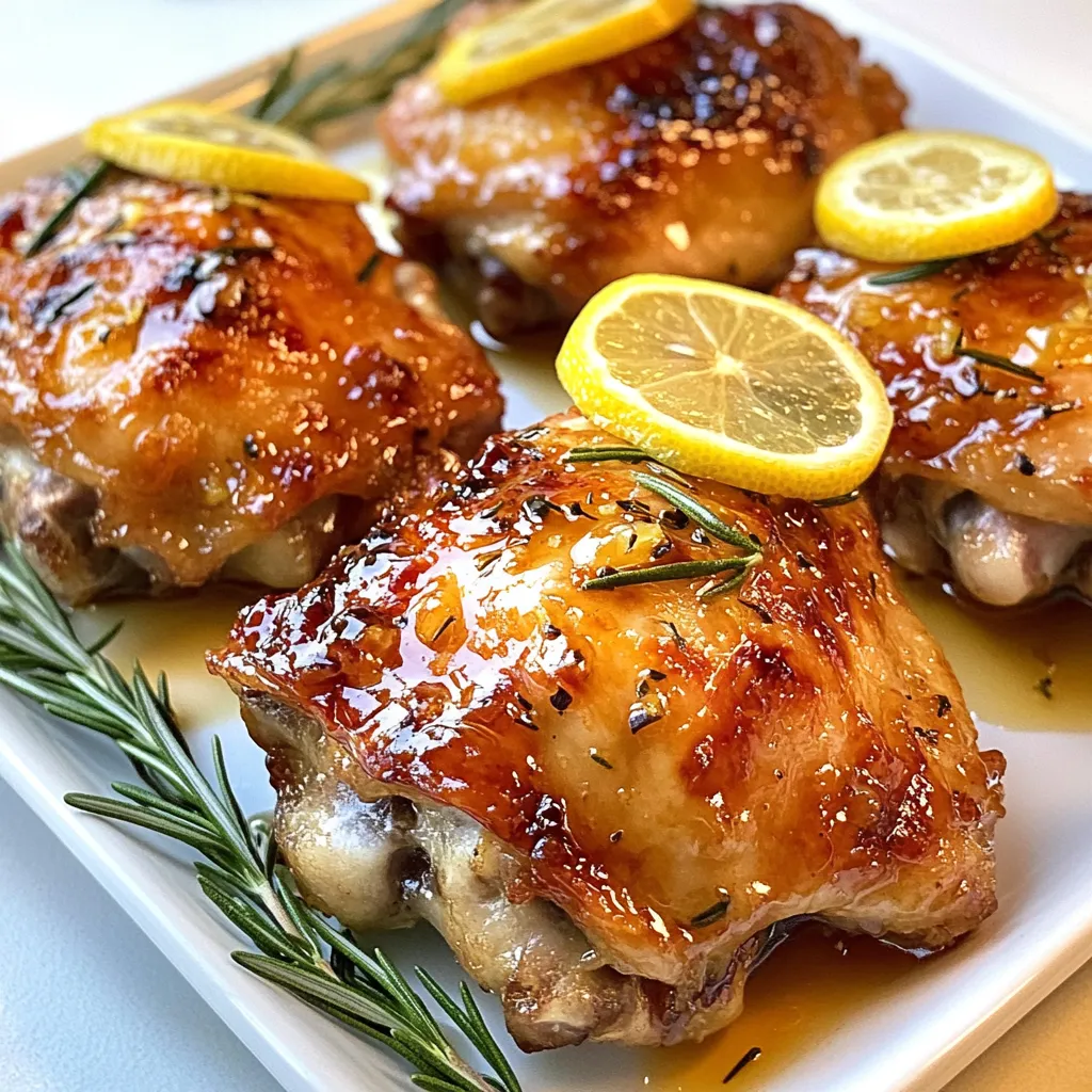 - 4 bone-in, skin-on chicken thighs - 3 tablespoons olive oil - 1 tablespoon fresh rosemary, chopped (or 1 teaspoon dried) - 2 cloves garlic, minced - Zest of 1 lemon - Juice of 1 lemon - 1 teaspoon honey - Salt and black pepper to taste - Lemon slices for garnish - Fresh rosemary sprigs for garnish To make Rosemary Lemon Chicken Thighs, you need a few key ingredients. The chicken thighs give you rich flavor and crisp skin. Olive oil helps to keep the chicken moist while adding great taste. You can use fresh or dried rosemary, but I love fresh for its strong aroma. For the marinade, garlic brings a nice kick. Lemon zest and juice add brightness and freshness. Honey balances the tartness of the lemon, making it perfect. You will also need salt and black pepper to season the chicken. Lemon slices and fresh rosemary sprigs make a beautiful garnish when serving. This mix of simple ingredients makes a dish that feels gourmet yet easy to prepare. {{ingredient_image_1}} Start by preheating your oven to 400°F (200°C). This temperature is key. It ensures the chicken cooks evenly and becomes juicy. A hot oven gives the skin that crispy finish we all love. In a small bowl, mix 3 tablespoons of olive oil, 2 minced garlic cloves, and 1 tablespoon of chopped rosemary. Add the zest and juice of 1 lemon, 1 teaspoon of honey, and salt and black pepper. Whisk these ingredients together until they blend well. This marinade brings out great flavors in the chicken. Take 4 bone-in, skin-on chicken thighs. Place them in a large zip-top bag or a bowl. Pour the marinade over the chicken. Make sure every piece is well coated. Seal the bag or cover the bowl. Refrigerate for at least 30 minutes. For more flavor, you can marinate for up to 2 hours. Heat a drizzle of olive oil in a large oven-safe skillet over medium-high heat. Once the oil is hot, remove the chicken from the marinade, but save the marinade. Place the chicken skin-side down in the skillet. Sear for about 5-7 minutes. You want the skin to turn golden and crispy. Flip the chicken thighs over. Pour the reserved marinade on top. Now transfer the skillet to your preheated oven. Bake for 25-30 minutes. The chicken is done when juices run clear. Use a meat thermometer to check for 165°F (75°C) inside. Once baked, take the skillet out of the oven. Let the chicken rest for 5 minutes. This helps keep it juicy. Garnish with lemon slices and fresh rosemary sprigs before serving. Enjoy your flavorful dinner! To get the best flavor, marinate the chicken for at least 30 minutes. If you have more time, marinate for up to 2 hours. This longer time allows the chicken to soak up all the tasty ingredients. You want the garlic, lemon, and rosemary to work their magic. You can cook the chicken thighs in two ways: stovetop or oven baking. When using the stovetop, start by searing the chicken skin-side down for a crispy finish. After that, bake it in the oven to finish cooking. If you only bake, the skin may not get as crispy. Use an oven-safe skillet for easy cooking. If you need a gluten-free option, use gluten-free soy sauce instead of regular soy sauce in the marinade. For a low-sodium version, cut back on the salt. You can also skip the honey if you want to reduce sugar. This dish can still taste great with these changes! Pro Tips Marination Time: For the best flavor, let the chicken marinate for at least 1 hour. If you have more time, marinate it overnight for an even deeper taste. Crispy Skin: Ensure your skillet is hot enough before adding the chicken to achieve a perfectly crispy skin. Avoid moving the chicken too soon to allow it to sear properly. Check the Temperature: Use a meat thermometer to check that the internal temperature of the chicken reaches 165°F (75°C) for safe consumption. Resting Time: Let the chicken rest for at least 5 minutes after baking. This allows the juices to redistribute, keeping the meat moist and flavorful. {{image_2}} You can switch up the herbs to change the flavor. Thyme, oregano, or sage work well with chicken thighs. Mix and match to find your favorite. Fresh herbs give a bright taste, while dried herbs are handy when fresh is not available. Just remember, use less of dried herbs. One teaspoon of dried equals one tablespoon of fresh. Lemon is great, but don't stop there! Try using limes or oranges instead. Each fruit adds a unique twist. Lime brings a sharp taste, while orange gives a sweet touch. You can mix different zests too. A blend of lemon and lime zest creates a refreshing kick. You can grill or bake these chicken thighs. Grilling adds a smoky flavor and crispy skin. It’s also quick and fun! Baking, on the other hand, keeps the meat juicy and tender. If you grill, marinate the chicken first for extra flavor. If you bake, make sure to use an oven-safe skillet for easy cooking. Both methods yield delicious results. Choose what fits your style! After enjoying your rosemary lemon chicken thighs, store any leftovers in the right way. First, let the chicken cool to room temperature. Then, place the chicken in an airtight container. You want to cover it well to keep moisture in. This helps keep the chicken juicy. For longer storage, you can freeze the chicken. Wrap it tightly in plastic wrap, then place it in a freezer bag. Make sure to squeeze out as much air as possible. This will help prevent freezer burn. When it’s time to enjoy your leftovers, you need to reheat them safely. The best way is to use the oven. Preheat your oven to 350°F (175°C). Place the chicken thighs in a baking dish. Add a splash of broth or water to keep them moist. Cover the dish with foil. Heat for about 15-20 minutes, or until warm. You can also use the microwave. Place the chicken on a microwave-safe plate. Cover it with a damp paper towel to keep moisture. Heat in short bursts until warm, checking often. Properly stored, your rosemary lemon chicken thighs last a few days in the fridge. You can keep them for 3-4 days. If you freeze them, they can last up to 3 months. Always check for any off smells or changes in texture before eating. This helps ensure your meal is safe and tasty. Enjoy the flavors fresh and vibrant! Yes, you can use chicken breast. Chicken thighs have more fat, making them juicier. Breasts cook faster and can dry out. If using breasts, reduce cooking time to avoid dryness. Absolutely! You can marinate the chicken a day in advance. Store it in the fridge. This allows the flavors to soak in well. When ready, just sear and bake as directed. Many sides pair nicely with this dish. Consider serving it with: - Roasted vegetables - Garlic mashed potatoes - Steamed green beans - Couscous or rice These sides complement the chicken's flavors well. In this post, we covered how to make flavorful Rosemary Lemon Chicken Thighs. We discussed key ingredients like chicken, olive oil, and seasonings. The marinade is crucial for great taste, and I shared clear steps for cooking. Remember, marinating enhances flavor, and baking gives a juicy result. Try different herbs or citrus for variety. Store any leftovers correctly to maintain freshness. Enjoy this dish with your favorite sides and make it your own. Cooking can be fun and easy!