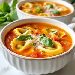 - 3 cups vegetable broth - 1 can (14 oz) diced tomatoes (with juices) - 1 cup fresh basil leaves, chopped - 1 medium onion, diced - 3 cloves garlic, minced - 2 cups cheese tortellini (fresh or frozen) - 1 teaspoon dried oregano - 1 tablespoon olive oil - Salt and pepper to taste - Optional: Grated Parmesan cheese for topping Using fresh ingredients makes a big difference. Fresh basil adds bright flavor. Choose good quality vegetable broth for a rich base. Look for diced tomatoes packed in juice, not syrup. Fresh tortellini brings a lovely texture. If using frozen, check the package for cooking time. Always pick ripe tomatoes if using fresh. Fresh garlic packs more punch than powder. You can swap vegetable broth for chicken broth if you prefer. For a dairy-free option, skip the cheese tortellini or use a plant-based kind. If you are allergic to gluten, look for gluten-free tortellini. You can also replace basil with parsley for a different taste. If you dislike garlic, try onion powder instead, but it won’t be the same. {{ingredient_image_1}} Gather your ingredients before starting. This makes cooking easier and more fun. Here is what you need: - 3 cups vegetable broth - 1 can (14 oz) diced tomatoes (with juices) - 1 cup fresh basil leaves, chopped - 1 medium onion, diced - 3 cloves garlic, minced - 2 cups cheese tortellini (fresh or frozen) - 1 teaspoon dried oregano - 1 tablespoon olive oil - Salt and pepper to taste - Optional: Grated Parmesan cheese for topping Start by washing and chopping the basil. Dice your onion and mince the garlic. This can take about 10 minutes but makes the soup tasty. In a large pot, heat the olive oil over medium heat. Add the diced onion first. Sauté it for about 5 minutes. You want it to be soft and clear. Then, add the minced garlic and dried oregano. Cook for 1-2 minutes until you smell the garlic. Next, pour in the vegetable broth. Add the can of diced tomatoes with all the juices. Bring this to a gentle simmer. Once it bubbles, add the cheese tortellini. Cook as directed on the package, usually 5-7 minutes for fresh. After the tortellini cooks, stir in the chopped basil. Season with salt and pepper. Let the soup simmer for another 2-3 minutes. This helps all the flavors blend nicely. Ladle the soup into bowls. For a special touch, sprinkle grated Parmesan cheese on top. You can also add fresh basil leaves for color. Serve hot and enjoy! This soup is perfect for a cozy night or a gathering with friends. To make your soup burst with flavor, use fresh herbs. Fresh basil adds a bright taste. You can also add a splash of lemon juice for a zesty kick. A hint of red pepper flakes brings warmth. If you want more depth, try adding a splash of balsamic vinegar. This will elevate the taste and make each spoonful exciting. One common mistake is overcooking the tortellini. Follow the package instructions closely. If you cook them too long, they may turn mushy. Another mistake is skipping the sauté step for the onion and garlic. This step builds a rich base for your soup. Finally, don’t forget to taste and adjust the seasoning. Adding salt and pepper at the end helps balance the flavors. Timing is key for the best results. Sauté the onion and garlic first to release their flavors. Then, add the broth and tomatoes to simmer. When the broth is bubbling, toss in the tortellini. Cook until they are tender, about 5-7 minutes. Lastly, add the basil just before serving. This keeps its bright color and fresh taste. Pro Tips Fresh Basil Boost: For the best flavor, add fresh basil at the end of cooking to preserve its vibrant taste and aroma. Customizable Veggies: Feel free to add other vegetables like spinach, carrots, or zucchini for extra nutrition and texture. Parmesan Flavor Enhancer: For a deeper flavor, consider blending a little grated Parmesan into the soup while it simmers. Leftover Magic: This soup tastes even better the next day! Store leftovers in the fridge and enjoy reheated. {{image_2}} You can easily make this soup vegetarian. Simply use vegetable broth, like the recipe states. The cheese tortellini adds a nice touch, too. For an extra boost of flavor, try adding more veggies. Chopped carrots, zucchini, or spinach work great. These add color and nutrients without losing taste. Want to add protein? You can use cooked chicken or beans. Shredded rotisserie chicken is quick and tasty. If you prefer beans, try using white beans or chickpeas. Just stir them in during the last few minutes of cooking. This makes the soup hearty and filling. You can play with spices and herbs to change the flavor. Add a pinch of red pepper flakes for heat. For a fresh twist, try adding thyme or parsley. You can also squeeze in some lemon juice for brightness. Each choice can alter the soup's taste and keep it exciting. After making your Tomato Basil Tortellini Soup, let it cool first. Then, place it in an airtight container. You can store it in the fridge for up to three days. Make sure to label the container with the date. This helps you keep track of how fresh it is. If you want to enjoy this soup later, freezing is a great option. Pour the cooled soup into freezer-safe containers. Leave some space at the top for expansion. The soup can last in the freezer for up to three months. When ready to eat, just thaw it in the fridge overnight. To reheat, pour the soup into a pot over medium heat. Stir it often to prevent sticking. Heat until it is warm, but do not let it boil. If the soup is too thick, add a splash of broth or water. You can also microwave it in a bowl. Heat in short bursts, stirring in between, until hot. Enjoy your warm, tasty soup! Yes, you can use frozen tortellini in this soup. Just add them when the soup simmers. Check the package for cooking time. Usually, frozen tortellini cooks longer than fresh tortellini. They often take about 8-10 minutes to become tender. This makes it easy to enjoy a quick meal. If you don’t have vegetable broth, chicken broth works great. You can also use water with added seasonings. For a richer taste, try bouillon cubes mixed with water. This changes the flavor but keeps the soup tasty. This soup stays fresh in the fridge for about 3-4 days. Store it in an airtight container. Make sure to let it cool before sealing. If you want to keep it longer, freeze it. Just remember, the tortellini may change texture when frozen. This article covered all the key steps for making delicious soup. We looked at the best ingredients and their quality. I shared tips on cooking and how to serve it well. You also learned some helpful tricks to improve flavors and avoid mistakes. Variations allow you to change the soup to fit your taste. Finally, I gave you storage and reheating tips to keep your soup fresh. Enjoy making this soup your own!