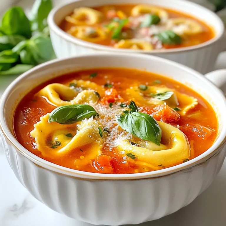 - 3 cups vegetable broth - 1 can (14 oz) diced tomatoes (with juices) - 1 cup fresh basil leaves, chopped - 1 medium onion, diced - 3 cloves garlic, minced - 2 cups cheese tortellini (fresh or frozen) - 1 teaspoon dried oregano - 1 tablespoon olive oil - Salt and pepper to taste - Optional: Grated Parmesan cheese for topping Using fresh ingredients makes a big difference. Fresh basil adds bright flavor. Choose good quality vegetable broth for a rich base. Look for diced tomatoes packed in juice, not syrup. Fresh tortellini brings a lovely texture. If using frozen, check the package for cooking time. Always pick ripe tomatoes if using fresh. Fresh garlic packs more punch than powder. You can swap vegetable broth for chicken broth if you prefer. For a dairy-free option, skip the cheese tortellini or use a plant-based kind. If you are allergic to gluten, look for gluten-free tortellini. You can also replace basil with parsley for a different taste. If you dislike garlic, try onion powder instead, but it won’t be the same. {{ingredient_image_1}} Gather your ingredients before starting. This makes cooking easier and more fun. Here is what you need: - 3 cups vegetable broth - 1 can (14 oz) diced tomatoes (with juices) - 1 cup fresh basil leaves, chopped - 1 medium onion, diced - 3 cloves garlic, minced - 2 cups cheese tortellini (fresh or frozen) - 1 teaspoon dried oregano - 1 tablespoon olive oil - Salt and pepper to taste - Optional: Grated Parmesan cheese for topping Start by washing and chopping the basil. Dice your onion and mince the garlic. This can take about 10 minutes but makes the soup tasty. In a large pot, heat the olive oil over medium heat. Add the diced onion first. Sauté it for about 5 minutes. You want it to be soft and clear. Then, add the minced garlic and dried oregano. Cook for 1-2 minutes until you smell the garlic. Next, pour in the vegetable broth. Add the can of diced tomatoes with all the juices. Bring this to a gentle simmer. Once it bubbles, add the cheese tortellini. Cook as directed on the package, usually 5-7 minutes for fresh. After the tortellini cooks, stir in the chopped basil. Season with salt and pepper. Let the soup simmer for another 2-3 minutes. This helps all the flavors blend nicely. Ladle the soup into bowls. For a special touch, sprinkle grated Parmesan cheese on top. You can also add fresh basil leaves for color. Serve hot and enjoy! This soup is perfect for a cozy night or a gathering with friends. To make your soup burst with flavor, use fresh herbs. Fresh basil adds a bright taste. You can also add a splash of lemon juice for a zesty kick. A hint of red pepper flakes brings warmth. If you want more depth, try adding a splash of balsamic vinegar. This will elevate the taste and make each spoonful exciting. One common mistake is overcooking the tortellini. Follow the package instructions closely. If you cook them too long, they may turn mushy. Another mistake is skipping the sauté step for the onion and garlic. This step builds a rich base for your soup. Finally, don’t forget to taste and adjust the seasoning. Adding salt and pepper at the end helps balance the flavors. Timing is key for the best results. Sauté the onion and garlic first to release their flavors. Then, add the broth and tomatoes to simmer. When the broth is bubbling, toss in the tortellini. Cook until they are tender, about 5-7 minutes. Lastly, add the basil just before serving. This keeps its bright color and fresh taste. Pro Tips Fresh Basil Boost: For the best flavor, add fresh basil at the end of cooking to preserve its vibrant taste and aroma. Customizable Veggies: Feel free to add other vegetables like spinach, carrots, or zucchini for extra nutrition and texture. Parmesan Flavor Enhancer: For a deeper flavor, consider blending a little grated Parmesan into the soup while it simmers. Leftover Magic: This soup tastes even better the next day! Store leftovers in the fridge and enjoy reheated. {{image_2}} You can easily make this soup vegetarian. Simply use vegetable broth, like the recipe states. The cheese tortellini adds a nice touch, too. For an extra boost of flavor, try adding more veggies. Chopped carrots, zucchini, or spinach work great. These add color and nutrients without losing taste. Want to add protein? You can use cooked chicken or beans. Shredded rotisserie chicken is quick and tasty. If you prefer beans, try using white beans or chickpeas. Just stir them in during the last few minutes of cooking. This makes the soup hearty and filling. You can play with spices and herbs to change the flavor. Add a pinch of red pepper flakes for heat. For a fresh twist, try adding thyme or parsley. You can also squeeze in some lemon juice for brightness. Each choice can alter the soup's taste and keep it exciting. After making your Tomato Basil Tortellini Soup, let it cool first. Then, place it in an airtight container. You can store it in the fridge for up to three days. Make sure to label the container with the date. This helps you keep track of how fresh it is. If you want to enjoy this soup later, freezing is a great option. Pour the cooled soup into freezer-safe containers. Leave some space at the top for expansion. The soup can last in the freezer for up to three months. When ready to eat, just thaw it in the fridge overnight. To reheat, pour the soup into a pot over medium heat. Stir it often to prevent sticking. Heat until it is warm, but do not let it boil. If the soup is too thick, add a splash of broth or water. You can also microwave it in a bowl. Heat in short bursts, stirring in between, until hot. Enjoy your warm, tasty soup! Yes, you can use frozen tortellini in this soup. Just add them when the soup simmers. Check the package for cooking time. Usually, frozen tortellini cooks longer than fresh tortellini. They often take about 8-10 minutes to become tender. This makes it easy to enjoy a quick meal. If you don’t have vegetable broth, chicken broth works great. You can also use water with added seasonings. For a richer taste, try bouillon cubes mixed with water. This changes the flavor but keeps the soup tasty. This soup stays fresh in the fridge for about 3-4 days. Store it in an airtight container. Make sure to let it cool before sealing. If you want to keep it longer, freeze it. Just remember, the tortellini may change texture when frozen. This article covered all the key steps for making delicious soup. We looked at the best ingredients and their quality. I shared tips on cooking and how to serve it well. You also learned some helpful tricks to improve flavors and avoid mistakes. Variations allow you to change the soup to fit your taste. Finally, I gave you storage and reheating tips to keep your soup fresh. Enjoy making this soup your own!