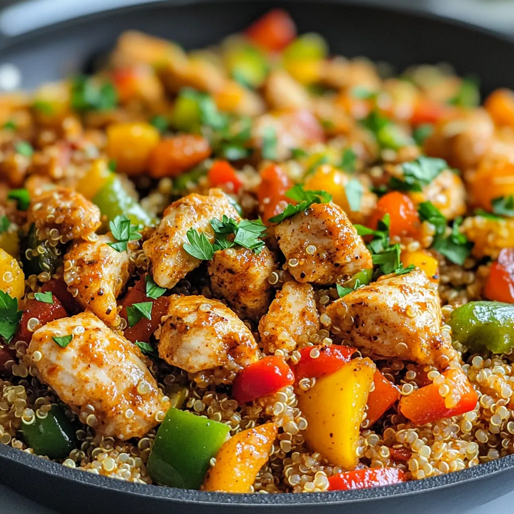 To make the Cajun Chicken Quinoa Skillet, you will need: - 1 lb (450g) boneless, skinless chicken breasts, cut into bite-sized pieces - 1 cup quinoa, rinsed - 2 cups chicken broth (or vegetable broth) - 1 small onion, diced - 1 red bell pepper, diced - 1 green bell pepper, diced - 2 cloves garlic, minced - 1 tablespoon Cajun seasoning (store-bought or homemade) - 1 teaspoon smoked paprika - 1 tablespoon olive oil - Salt and pepper to taste - Fresh parsley, chopped (for garnish) I always choose fresh ingredients for the best flavor. Look for firm chicken breasts. Avoid any that feel slimy or have a strange smell. Fresh herbs add a lovely touch, so grab parsley that looks bright and green. For quinoa, I recommend using organic if you can. It enhances the taste and is better for you. When it comes to spices, store-bought Cajun seasoning is fine, but I suggest trying homemade if you have time. It usually tastes better and allows you to tweak flavors to your liking. You can make this dish your own! Try adding spinach or kale for more greens. For a kick, toss in some diced jalapeños. If you love cheese, sprinkle some feta or cheddar on top before serving. You can also swap quinoa with rice or farro if you prefer a different grain. The key is to have fun and experiment with flavors you enjoy! {{ingredient_image_1}} To start, gather all your ingredients. You will need: - 1 lb boneless, skinless chicken breasts, cut into bite-sized pieces - 1 cup quinoa, rinsed - 2 cups chicken or vegetable broth - 1 small onion, diced - 1 red bell pepper, diced - 1 green bell pepper, diced - 2 cloves garlic, minced - 1 tablespoon Cajun seasoning - 1 teaspoon smoked paprika - 1 tablespoon olive oil - Salt and pepper to taste - Fresh parsley, chopped for garnish Rinsing the quinoa helps remove bitterness. Dice the onion and peppers into small pieces for even cooking. Mince the garlic finely to release its flavor. Heat the olive oil in a large skillet over medium-high heat. Add the diced onion and bell peppers. Sauté for 4-5 minutes until they are tender. Then, add the minced garlic and sauté for an additional minute. This step brings out the flavors of the vegetables. Next, move the veggies to one side of the skillet. Add the chicken to the empty space. Season the chicken with salt, pepper, Cajun seasoning, and smoked paprika. Cook the chicken for 6-7 minutes until it is browned and cooked through. Once done, mix everything together in the skillet. Now, stir in the rinsed quinoa. Pour in the chicken broth and bring the mixture to a boil. Once it boils, reduce the heat to low. Cover the skillet and let it simmer for 15-20 minutes. The quinoa will absorb the liquid and become fluffy. After simmering, remove the skillet from the heat. Let it sit for 5 minutes, covered. Fluff the quinoa with a fork and serve warm, garnished with chopped parsley. - Cut chicken into even pieces for consistent cooking. - Stir the quinoa occasionally while it simmers to prevent sticking. - Use a lid to trap steam, which helps cook the quinoa evenly. - Allow the dish to rest before serving. This helps the flavors meld. These steps ensure that every bite is tender and full of flavor. Enjoy your cooking adventure! To make your own Cajun seasoning, mix key spices. Use paprika, cayenne, garlic powder, and onion powder. A pinch of thyme and oregano adds depth. Adjust the spice to suit your taste. Add salt to enhance flavors. Store the mix in a jar for later use. This blend can elevate any dish, not just this one. You can add extra ingredients for more flavor. Consider corn, black beans, or diced tomatoes. These ingredients add texture and richness. For a spicy kick, toss in some sliced jalapeños. You can also add a squeeze of lime for brightness. Each addition makes your Cajun chicken quinoa skillet even more delightful. Garnishing your dish can make it shine. Fresh parsley adds color and freshness. For creaminess, try a dollop of sour cream or Greek yogurt. Crumbled feta cheese brings a salty bite. You might also sprinkle some green onions for crunch. These toppings can transform your meal into a stunning plate. Pro Tips Use Fresh Ingredients: Fresh vegetables and spices enhance the flavor of the dish significantly. Opt for fresh bell peppers and garlic for a more vibrant taste. Adjust Spice Level: If you prefer a milder dish, reduce the amount of Cajun seasoning or use a milder blend. You can always add more heat later if desired. Rest Before Serving: Allowing the dish to rest for a few minutes after cooking helps the flavors meld together and improves the overall taste. Batch Cooking: This recipe is great for meal prep! Make a larger batch and store leftovers in the fridge for quick lunches during the week. {{image_2}} If you need a gluten-free option, this dish fits the bill. Quinoa is naturally gluten-free. Just ensure your chicken broth is gluten-free too. Check the label to be sure. If you want more flavor, try using homemade broth. It adds depth and is still gluten-free. To make this dish vegetarian or vegan, swap the chicken for protein-rich beans. Chickpeas work great here. You can also use tofu for texture. Replace chicken broth with vegetable broth. This keeps the flavors rich and satisfying without meat. If you want to switch up the grain, there are plenty of options. Brown rice is a great substitute. It adds a nice chew. You can also try farro or barley. Both grains add a new taste and texture. Just adjust the cooking time, as they may take longer to cook than quinoa. To keep your Cajun chicken quinoa skillet fresh, let it cool first. Then, place it in an airtight container. This helps to lock in flavor and moisture. Store it in your fridge for up to three days. If you notice any off smells or colors, it's best to toss it. When you're ready to enjoy leftovers, reheat them on the stove. Add a splash of chicken broth to keep it moist. Heat over low to medium heat, stirring often. This helps to prevent burning and keeps the dish tasty. You can also use a microwave, but cover the dish to retain moisture. You can freeze this dish if you want to save it for later. Place it in a freezer-safe container. Make sure to leave some space at the top for expansion. It can last up to three months in the freezer. When you're ready to eat, thaw it in the fridge overnight before reheating. Yes, you can use frozen chicken. Just make sure to thaw it first. You can do this in the fridge overnight or in cold water for a quicker method. Using thawed chicken helps it cook evenly. If you cook frozen chicken directly, it may take longer to cook through and may not brown well. If you want a substitute for quinoa, try brown rice or couscous. Both grains work well in this dish. Brown rice adds a nutty taste. Couscous cooks faster and has a light texture. Adjust the liquid amount based on the grain you choose. Always check the cooking time for the grain you select. To change the spice level, use less Cajun seasoning. If you prefer more heat, add cayenne pepper. Start with a small amount and taste as you go. You can also add hot sauce when serving for an extra kick. Balancing the spices helps everyone enjoy the meal just right. In this blog, we explored the tasty Cajun Chicken Quinoa Skillet. We covered the key ingredients, cooking steps, and useful tips. You learned how to customize the recipe and make different variations. We also discussed how to store leftovers and answered common questions. Cooking should be fun and simple. Enjoy your flavorful dish and share it with others!