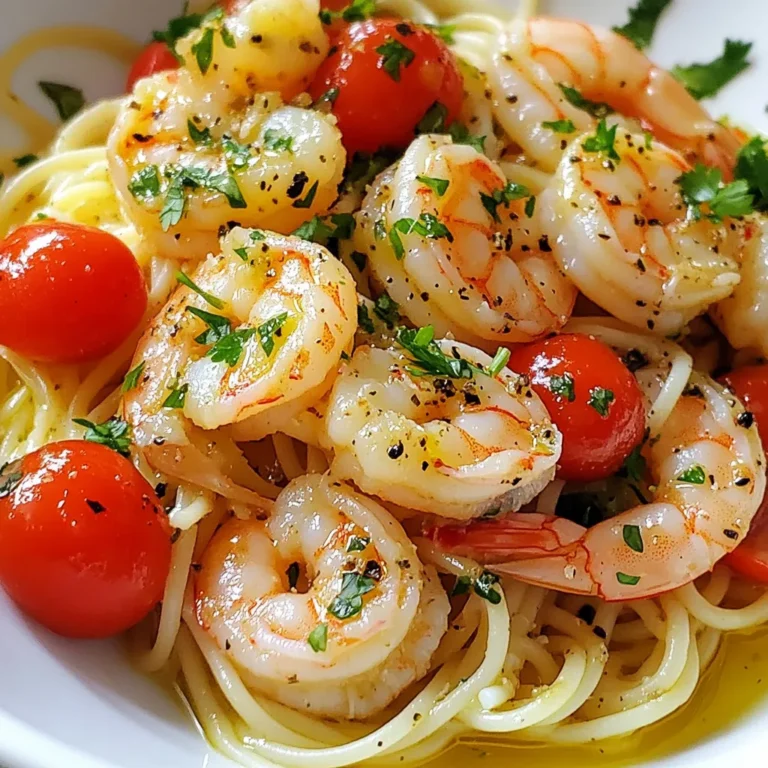 To make the Cilantro Lime Shrimp Pasta, gather these fresh and simple ingredients: - 8 oz spaghetti or linguine - 1 lb large shrimp, peeled and deveined - 3 tablespoons olive oil - 4 cloves garlic, minced - 1 teaspoon red pepper flakes (adjust to taste) - Zest of 1 lime - Juice of 2 limes - 1 cup cherry tomatoes, halved - ½ cup fresh cilantro, chopped - Salt and black pepper to taste - Optional: Grated Parmesan cheese for serving Each ingredient plays a key role in this dish. The pasta serves as the base, while the shrimp adds protein. Olive oil brings richness. Garlic and red pepper flakes provide warmth and flavor. Lime zest and juice give a fresh kick that brightens each bite. Cherry tomatoes add a sweet burst, and cilantro brings freshness. Don't forget salt and pepper to enhance the flavors. If you like cheese, grated Parmesan is a tasty finish. Gathering these ingredients ensures you have everything to make this dish a hit! {{ingredient_image_1}} To cook the pasta, start by boiling water in a large pot. Make sure to add a good amount of salt. This helps flavor the pasta. You want to cook the spaghetti or linguine for about 8 to 10 minutes. This will give you that perfect al dente texture. Check the package for exact times, as they can vary. Heat a large skillet over medium heat. Add 2 tablespoons of olive oil. Once hot, toss in minced garlic and red pepper flakes. Cook them for about 30 seconds until you smell the garlic. Then, add the shrimp to the skillet. Cook the shrimp for about 2 to 3 minutes per side. They should turn pink and opaque. Remove them from the skillet and set aside. In the same skillet, add the halved cherry tomatoes. Sauté them for about 2 to 3 minutes until they soften. This step adds flavor and color. Then, combine the lime zest and juice. Stir everything together to mix the flavors well. Now, it’s time to bring it all together. Return the cooked shrimp to the skillet with the tomatoes. Add the cooked pasta and the last tablespoon of olive oil. If you need more moisture, add a bit of the reserved pasta water. Toss everything gently until it’s well mixed and coated. Cilantro is a key ingredient in this dish. It adds a fresh, bright taste. Stir in the chopped cilantro right at the end. This way, it stays vibrant. Don’t forget to taste your dish. You can adjust the seasoning with more salt or pepper if needed. To avoid overcooking shrimp, watch the color closely. Cook them just until they turn pink and opaque. Usually, this takes about 2-3 minutes on each side. If they curl tightly, they may be overdone. Perfectly cooked shrimp should be firm to the touch but still tender. To boost flavor, try adding fresh basil or parsley. You can also use a hint of cumin for warmth. For lime adjustment, taste as you go. If you like it tangy, add more lime juice in small amounts. The zest adds depth, so don’t skip it! You can prepare the pasta in different ways. For a quicker method, use a microwave-safe bowl to cook it. Skillet cooking is great for one-pan meals, while a pot works for larger servings. Skillets allow for better browning, but pots can give more even cooking for pasta. Choose based on your needs! Pro Tips Fresh Ingredients: Use fresh lime juice and cilantro for the best flavor. Dried herbs and bottled lime juice won't provide the same vibrant taste. Cooking Shrimp: Be careful not to overcook the shrimp. They should be pink and opaque, which usually takes about 2-3 minutes per side. Pasta Water Magic: Save some pasta water! Adding a splash of it to the sauce can help create a silky texture that binds everything together. Customize Heat Level: Adjust the red pepper flakes to your spice preference. For a milder dish, start with less and add more to taste. {{image_2}} If you want to switch things up, you can change the pasta. Try gluten-free pasta like rice noodles or chickpea pasta. Both work well with the dish’s fresh flavors. For the shrimp, you can use chicken or tofu. Chicken gives a heartier bite, while tofu adds a nice plant-based twist. To make this dish plant-based, leave out the shrimp. Instead, use a mix of vegetables. Bell peppers, zucchini, or spinach are great choices. Sauté these veggies until they soften. This adds texture and flavor to the dish. You can still use lime juice and zest for that bright, zesty taste. Want to change the flavor? You can use different citrus fruits. Try lemon or orange juice for a fresh twist. Each brings a unique taste that pairs well with the other ingredients. Also, think about swapping herbs. Instead of cilantro, use parsley or basil for a new profile. Both herbs offer fresh and vibrant notes to your dish. To store your leftover Cilantro Lime Shrimp Pasta, use an airtight container. This keeps the dish fresh and tasty. Make sure to cool it to room temperature first. It lasts in the fridge for up to three days. After that, the shrimp may lose quality. Always check for any off smells before eating. Yes, you can freeze Cilantro Lime Shrimp Pasta! This is a great way to save it for later. To properly freeze, let it cool completely. Then, place it in a freezer-safe bag. Remove as much air as you can. The pasta can last for up to three months in the freezer. When you're ready to eat it, thaw it overnight in the fridge. For reheating, avoid the microwave if possible. Instead, use a skillet on low heat. Add a splash of olive oil or water to keep it moist. Stir gently until warmed through. If you use the microwave, cover the dish to keep it from drying out. Check the pasta often to avoid overcooking. Enjoy your meal with fresh flavors intact! You can tell shrimp are done when they turn pink. They should also be opaque and firm to the touch. The shrimp should curl into a C shape. Avoid overcooking, as this makes them tough. Cook them for 2-3 minutes per side. This quick cooking time helps keep them juicy and tender. Yes, you can use frozen shrimp. Just make sure to thaw them first. Place the shrimp in a bowl of cold water for about 15-20 minutes. Drain and pat them dry before cooking. This helps the shrimp cook evenly and absorb flavors better. Frozen shrimp may need a minute more cooking time since they start colder. Cilantro Lime Shrimp Pasta pairs well with simple salads. A fresh green salad adds crunch and color. Try a side of roasted vegetables for more flavor. Garlic bread is great for dipping, too. You could also serve it with a light fruit salad. This adds sweetness and balances the dish. Yes, you can make this dish ahead of time. Cook the pasta and shrimp, then store them separately. Keep the shrimp in the fridge for up to 2 days. Reheat the shrimp gently to avoid overcooking. To serve, mix them back with the pasta and sauce. This way, you keep all the flavors fresh. This dish combines simple ingredients like shrimp, pasta, and lime for a fresh meal. We covered cooking pasta, sautéing shrimp, and making a vibrant sauce. I shared tips to avoid overcooking shrimp and ideas for tasty variations. Don’t forget about storage and reheating tips to keep leftovers tasty. With these steps, you can enjoy a flavorful dish any day. Explore your own twists, and happy cooking!