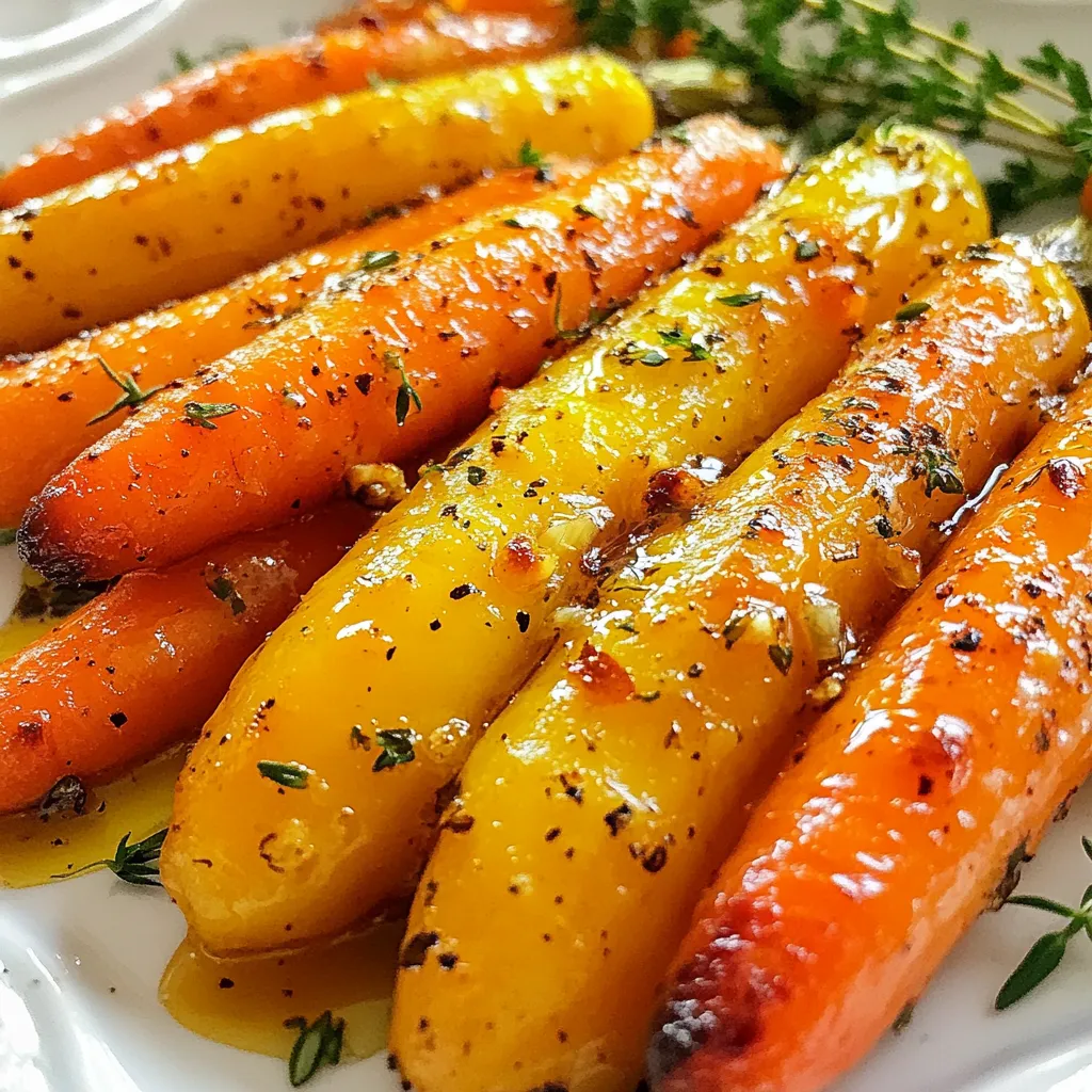 - 1 lb (450g) baby carrots, peeled - 3 tablespoons honey - 2 tablespoons olive oil - 4 cloves garlic, minced - 1 teaspoon fresh thyme leaves (or ½ teaspoon dried thyme) - Salt and black pepper, to taste - 1 tablespoon balsamic vinegar (optional, for tanginess) - Fresh parsley, chopped (for garnish) - Use a kitchen scale for precise carrot weight. - Measure honey and olive oil with a tablespoon for best results. - Fresh thyme adds bright flavor, but dried thyme works well too. - Balsamic vinegar gives a nice tang that balances the sweetness. - A sprinkle of crushed red pepper adds warmth and spice. - Try adding a pinch of cumin for a unique twist. {{ingredient_image_1}} First, gather your ingredients. You need: - 1 lb (450g) baby carrots, peeled - 3 tablespoons honey - 2 tablespoons olive oil - 4 cloves garlic, minced - 1 teaspoon fresh thyme leaves (or ½ teaspoon dried thyme) - Salt and black pepper, to taste - 1 tablespoon balsamic vinegar (optional) - Fresh parsley, chopped (for garnish) Next, preheat your oven to 400°F (200°C). This step warms the oven, so your carrots roast nicely. In a large bowl, mix honey, olive oil, minced garlic, thyme, salt, and pepper. If you want a tangy kick, add balsamic vinegar. Whisk these together until they blend well. Now, add the peeled baby carrots to the bowl. Toss them in the honey-garlic mix until they are well coated. This mixture gives the carrots a sweet and savory flavor. Spread the coated carrots in a single layer on a baking sheet. Line the sheet with parchment paper. This prevents sticking and makes cleanup easy. Roast the carrots in your hot oven for 25 to 30 minutes. Stir them halfway through to ensure even cooking. They are done when they are tender and caramelized at the edges. When the time is up, take the carrots out of the oven. Let them cool for a couple of minutes. This cooling period helps them firm up a bit. Transfer the roasted carrots to a serving platter. Garnish with freshly chopped parsley. This adds a nice touch of color to your dish. To check if the carrots are done, use a fork. If it goes in easily, they are tender. You can also look for a nice golden brown color on the edges. This shows they are caramelized and flavorful. If they need more time, roast them for a few more minutes. Just keep an eye on them to avoid burning. Enjoy your Honey Garlic Roasted Carrots! Roasting carrots brings out their natural sweetness. Here are some tips to make them perfect: - Choose small carrots: Baby carrots work best. They cook evenly and are tender. - Cutting size matters: If using larger carrots, cut them into similar sizes. This helps them cook at the same rate. - Use parchment paper: Line your baking sheet with parchment. It prevents sticking and makes cleanup easy. - Don’t crowd the pan: Give each carrot space. This allows them to roast and caramelize well. If you have leftovers, storing them right keeps them tasty. Here’s how: - Cool completely: Let the carrots cool before storing. This helps avoid extra moisture. - Use an airtight container: Place them in a sealed container. They will stay fresh longer. - Refrigerate: Store them in the fridge. They last for about 3-4 days. Honey garlic roasted carrots pair well with many dishes. Here are some great ideas: - Serve with protein: These carrots complement chicken, fish, or pork. They add a sweet touch. - Toss in salads: Add them to your salad for extra flavor and color. - Pair with grains: Serve over rice or quinoa. This makes a hearty meal. - Garnish with herbs: Fresh parsley adds a lovely touch. You can also use dill or chives for a twist. Pro Tips Use Fresh Ingredients: For the best flavor, opt for fresh baby carrots and high-quality honey. Fresh ingredients enhance the overall taste of the dish. Experiment with Herbs: While thyme is delicious, feel free to experiment with other herbs like rosemary or dill for a different flavor profile. Don’t Skip the Balsamic: Adding balsamic vinegar, even in small amounts, can elevate the dish with a lovely tang that balances the sweetness of the honey. Check for Doneness: Every oven is different, so start checking your carrots around the 20-minute mark to avoid overcooking and ensure they’re perfectly tender. {{image_2}} You can switch baby carrots with many other veggies. Try using parsnips, sweet potatoes, or beets. Each option gives a unique flavor. For spring, asparagus works well too. In fall, butternut squash adds a lovely sweetness. Just remember to adjust the cooking time. Thicker veggies take longer to roast than baby carrots. If you want to change the sweetener, you have options. Maple syrup is a great choice. It gives a nice, rich flavor. You can also use agave nectar for a lighter touch. If you prefer no sugar, try coconut sugar. It adds a hint of caramel flavor. Just keep the same amount as honey in the recipe for best results. To make this dish vegan, swap honey for maple syrup or agave nectar. Both options keep the taste sweet and delicious. For gluten-free needs, this recipe is already safe. The ingredients are naturally gluten-free. So, feel free to enjoy this dish without worry. These adjustments keep the dish tasty for everyone! After you enjoy your honey garlic roasted carrots, let them cool. Place the leftover carrots in an airtight container. Store them in the fridge for up to four days. This keeps them fresh and tasty. If you want to save them for later, freezing is an option. First, let the carrots cool completely. Then, spread them on a baking sheet in a single layer. Freeze them for about an hour. After they freeze, transfer the carrots to a freezer-safe bag. They can last up to three months in the freezer. To reheat, take the carrots out of the fridge or freezer. If frozen, let them thaw in the fridge overnight. Preheat your oven to 375°F (190°C). Spread the carrots on a baking sheet. Heat them for about 10-15 minutes, or until warm. You can also use the microwave for quick reheating. Just heat in short bursts, stirring in between. Enjoy your delicious carrots again! Yes, you can use regular carrots. Just cut them into similar sizes. This helps them cook evenly. Baby carrots are sweet and tender, but regular carrots work great, too. They might need a bit more time to cook. Aim for pieces about the same size as baby carrots for the best results. Honey Garlic Roasted Carrots can last up to four days in the fridge. Store them in an airtight container. This keeps them fresh and tasty. When you want to eat them, just reheat in the oven or microwave. They may lose some crunch but will still taste great. Yes, you can make this recipe in advance. Prepare the carrots and the honey-garlic mix ahead of time. Toss the carrots in the mix and store them in the fridge. When you're ready, roast them. They will still be delicious and save you time on busy days. We covered the key ingredients and steps for making honey garlic roasted carrots. Remember the tips for perfect roasting and storing leftovers. You can also try different vegetables and sweeteners to fit your taste. Roasting brings out great flavors, and leftovers can be a tasty treat. Experiment with this dish and enjoy the journey. Happy cooking!
