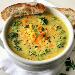 - 4 cups fresh broccoli florets - 1 cup carrots, diced - 1 medium onion, chopped - 3 cloves garlic, minced - 1 cup heavy cream - 2 cups sharp cheddar cheese, shredded - 4 cups vegetable broth - 1 teaspoon salt - 1/2 teaspoon black pepper - 1/2 teaspoon garlic powder - 1/4 teaspoon nutmeg (optional) - 2 tablespoons olive oil for sautéing - Extra cheese for garnish When I make this soup, I always use fresh broccoli florets. They offer the best flavor and texture. Diced carrots and chopped onion add sweetness and depth. Minced garlic gives a nice kick. Heavy cream makes the soup rich and smooth. Don't forget the sharp cheddar cheese; it melts beautifully and adds a lot of flavor. For spices, vegetable broth is a must. It brings everything together. I usually add salt, black pepper, and garlic powder for taste. If you want a hint of warmth, add nutmeg. It's not needed, but it can elevate the flavor. I like to sauté my onions and garlic in olive oil first. It enhances the taste and makes the soup even better. You can also add extra cheese for garnish if you love cheese as much as I do. It makes each bowl look fancy and inviting. First, let's sauté the onions and garlic. Heat 2 tablespoons of olive oil in a pan over medium heat. Add 1 chopped onion and cook until it turns translucent, which takes about 5 minutes. Then, stir in 3 minced garlic cloves and cook for 1 more minute. This step adds a rich flavor to the soup. Next, combine the sautéed onion and garlic with 4 cups of fresh broccoli florets and 1 cup of diced carrots in your slow cooker. Pour in 4 cups of vegetable broth. Sprinkle in 1 teaspoon of salt, 1/2 teaspoon of black pepper, and 1/2 teaspoon of garlic powder. If you like, add 1/4 teaspoon of nutmeg for extra warmth. Cover the slow cooker and set it to low heat. Let it cook for 4 to 5 hours. During this time, the broccoli and carrots will become very tender. This slow cooking makes the flavors meld together beautifully. After cooking, it's time to blend the soup. Use an immersion blender to reach your desired texture. If you don’t have one, carefully pour the soup into a regular blender in batches. Once blended, return it to the slow cooker. Now, add 1 cup of heavy cream and 2 cups of shredded sharp cheddar cheese to the soup. Stir until the cheese melts into a creamy delight. This should take about 15 to 20 minutes on low heat with the lid on. Finally, taste your soup. Adjust the seasoning if needed by adding more salt or pepper. To get your soup just right, choose your blending method wisely. You can use an immersion blender directly in the slow cooker. It’s fast and easy. If you prefer a thicker texture, blend only half of the soup. This gives you some chunks of broccoli for a nice mouthfeel. If you want it smooth, blend it all. Adjust the creaminess by adding more heavy cream after blending. Start with one cup, then taste. If you want it richer, pour in a bit more. Before you serve, taste your soup. Sometimes, a pinch of salt or pepper is all you need. If you want a cheesy kick, add more sharp cheddar cheese. It melts well and makes the soup creamy. Consider adding a squeeze of lemon juice for a fresh twist. It brightens the flavors and makes each bite pop. Presentation can elevate your dish. Ladle the soup into bowls, then sprinkle fresh cracked pepper on top. A dash of chopped parsley adds a splash of color. This makes your soup look as good as it tastes. Pair your creamy broccoli cheddar soup with crusty bread. A warm baguette or sourdough complements the soup nicely. You can also serve it with a light salad for a complete meal. Enjoy every spoonful! {{image_2}} You can make this soup more filling by adding protein. Chicken or turkey work great here. Just cook the meat first, then add it to the slow cooker. You can also use white beans for a vegetarian option. They add protein and blend well with the soup's creamy texture. Feel free to mix in other veggies too. Spinach or kale can add color and nutrients. They cook down nicely and blend well. You can also try root veggies like potatoes or sweet potatoes. They add sweetness and depth to the flavor. If you want a dairy-free soup, there are easy swaps. For heavy cream, try coconut milk or cashew cream. Both add creaminess without dairy. For cheese, look for plant-based cheese. They melt well and provide that cheesy flavor we love. To keep your soup fresh, use airtight containers. Glass or plastic containers work well. Make sure they seal tightly. Store the soup in the fridge for up to five days. If you plan to eat it later, consider freezing. For the best taste, let the soup cool first. Pour it into freezer-safe bags or containers. Leave some space at the top for expansion. Use the soup within three months. When you are ready to enjoy it, thaw it overnight in the fridge. You can reheat the soup in two ways. Use the microwave or stovetop. If using the microwave, heat in short bursts. Stir in between to ensure even warmth. On the stovetop, use low heat. Stir gently to keep the texture smooth. Enjoy your creamy soup warm and tasty! Yes, you can use frozen broccoli. It is a great time-saver. Just remember, frozen broccoli cooks faster than fresh. Here are some best practices: - Thawing: You can thaw it first or add it frozen. - Cooking Time: If using frozen, reduce cooking time by about 30 minutes. Frozen broccoli will still taste great in your soup. To thicken your soup, you have a few options: - Cornstarch: Mix 1 tablespoon of cornstarch with water and stir it in. - Cheese: Add more shredded cheese for a cheesy thickness. Blending the soup can also help. Use an immersion blender, or blend it in batches. This gives you the smooth texture you want. Serving your creamy broccoli cheddar soup can be a fun experience. Here are some ideas: - Garnishes: Top with extra cheese or cracked black pepper. - Pairings: A slice of crusty bread or a fresh salad goes well. Serve hot, around 160°F, for the best flavor. Enjoy your warm, filling meal! In this blog post, I covered how to make a creamy broccoli soup. We discussed the required ingredients, step-by-step instructions, and helpful tips for texture and flavor. I also shared ways to modify the recipe with proteins and vegetables. Lastly, I explained proper storage and reheating methods. This soup is easy to make and can be tailored to fit your taste. Enjoy trying this recipe and exploring the variations! You'll love the warm, comforting flavors that come together in this dish.