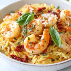 To make Creamy Sun Dried Tomato Shrimp Orzo, you will need: - 1 cup orzo pasta - 1 pound shrimp, peeled and deveined - 1 cup sun-dried tomatoes, chopped (in oil) - 1 cup heavy cream - 1 cup chicken broth - 1 small onion, finely chopped - 2 cloves garlic, minced - 1 teaspoon dried basil - 1 teaspoon paprika - 1/2 teaspoon red pepper flakes (optional) - 1/2 cup grated Parmesan cheese - 2 tablespoons olive oil - Salt and pepper to taste - Fresh basil leaves for garnish If you run out of something, don’t worry! Here are some easy swaps: - If you lack orzo, use any small pasta, like ditalini or macaroni. - For shrimp, you can use cooked chicken or even firm tofu. - If you want a lighter dish, swap heavy cream with half-and-half or coconut milk. - Instead of Parmesan, try a dairy-free cheese or nutritional yeast for flavor. When it comes to shrimp, fresh is best! Look for shrimp that is: - Wild-caught: It often tastes better and is more sustainable. - Peeled and deveined: This saves you time in the kitchen. - Large or jumbo: Bigger shrimp provide a nice bite and flavor. Make sure the shrimp is pink and firm to the touch. This tells you it's fresh and ready for your dish! {{ingredient_image_1}} Start by boiling water in a large pot. Add salt to the water for flavor. Once it boils, add 1 cup of orzo pasta. Cook it according to the package directions until it's al dente. This usually takes about 8-10 minutes. When done, drain the orzo and set it aside. It should have a nice firm bite. Next, heat 2 tablespoons of olive oil in a large skillet over medium heat. Add 1 small chopped onion and sauté for about 3-4 minutes. You want it to turn soft and translucent. Then, add 2 cloves of minced garlic and cook for another 1-2 minutes. This step adds a great aroma. Now, add 1 pound of peeled and deveined shrimp. Season them with salt, pepper, 1 teaspoon paprika, and 1/2 teaspoon red pepper flakes if you like some heat. Cook for about 3-4 minutes until the shrimp turn pink. Once cooked, remove them from the skillet and set aside. In the same skillet, add 1 cup of chopped sun-dried tomatoes and 1 cup of chicken broth. Bring this mixture to a simmer. Next, pour in 1 cup of heavy cream and stir well. Let it simmer for 3-5 minutes, which will help thicken the sauce. After that, stir in the cooked orzo, 1/2 cup of grated Parmesan cheese, and 1 teaspoon of dried basil. Mix everything until the cheese melts and coats the orzo. Finally, return the shrimp to the skillet and gently fold them in. Taste and adjust the seasoning with salt and pepper. Remove from heat and let it sit for a minute before serving. To get that rich and creamy texture, you must use heavy cream. This cream thickens well and gives a smooth mouthfeel. Stir the cream into your sauce gently. Let it simmer for a few minutes. This helps the flavors mix and the sauce thicken. If it seems too thick, add a splash of chicken broth. This keeps it creamy but not too heavy. Sun-dried tomatoes pack a punch in flavor. Use ones packed in oil for added taste. Add fresh garlic for a sharp kick. Mixing in dried basil and paprika also boosts the dish's taste. If you love spice, try adding red pepper flakes. They add warmth without being too hot. Always taste your dish while cooking. Adjust salt and pepper to suit your taste. One common mistake is overcooking the shrimp. Shrimp should be pink and firm in texture. If they turn rubbery, you cooked them too long. Another mistake is adding too much liquid to the sauce. Start with the heavy cream and chicken broth. If the sauce looks watery, let it simmer longer. Lastly, don’t skip the Parmesan cheese. It adds depth and creaminess to the dish. Pro Tips Fresh Ingredients: Use fresh shrimp and high-quality sun-dried tomatoes for the best flavor. Fresh ingredients can elevate the dish significantly. Cook Shrimp Properly: Avoid overcooking the shrimp; they should be pink and slightly firm to the touch. Overcooked shrimp become rubbery. Customize Spice Levels: Adjust the amount of red pepper flakes based on your heat preference. Start with a small amount and increase as needed. Let It Rest: Allow the dish to sit for a minute after cooking before serving. This helps the flavors meld together beautifully. {{image_2}} You can boost the health of your creamy sun-dried tomato shrimp orzo by adding veggies. Spinach is a great choice. It wilts down nicely and adds color. You can also use cherry tomatoes or zucchini. Just chop them up and toss them in when you add the shrimp. They cook quickly and add flavor and nutrition. If shrimp isn’t your thing, try chicken or tofu. For chicken, use boneless, skinless thighs or breasts. Cut them into bite-sized pieces, then cook them like the shrimp. If you prefer tofu, use firm or extra-firm tofu. Press it first to remove excess water, then cube it. Sauté it until it’s golden and crispy before mixing it into the dish. To make this dish lighter or dairy-free, swap heavy cream for coconut milk or a nut milk. These options still give you a creamy texture but reduce calories. Use nutritional yeast instead of Parmesan cheese for a cheesy flavor. This keeps the dish tasty and friendly for those who avoid dairy. To keep your creamy sun-dried tomato shrimp orzo fresh, let it cool first. Then, place it in an airtight container. This helps lock in the flavor and moisture. Store it in the fridge for up to three days. Make sure to label your container with the date. This way, you know when it was made! When you're ready to eat, you can reheat the orzo in a few ways. The best method is on the stove. Add your leftovers to a skillet with a splash of chicken broth or cream. Heat over medium heat and stir until warm. You can also use the microwave. Place your orzo in a microwave-safe bowl. Cover it loosely and heat in 30-second intervals, stirring in between. If you want to save some orzo for later, freezing is a great option! First, let the dish cool completely. Then, transfer it to a freezer-safe container. It will last for about three months in the freezer. When you're ready to eat, thaw it overnight in the fridge. Reheat as mentioned above. Keep in mind that the texture may change slightly after freezing. Yes, you can use other pasta types. Try penne or fusilli for a fun twist. Each pasta offers a unique shape and texture. Just cook it according to the package instructions. Keep in mind, orzo gives a creamy, risotto-like feel. Adjust the cooking time if you choose a different pasta. For a lighter option, use half-and-half or whole milk. You can also use coconut milk for a dairy-free choice. If you want a thicker sauce, blend silken tofu with a bit of water. Each substitute will change the flavor slightly, so pick one that fits your taste. This creamy shrimp orzo lasts about three days in the fridge. Store it in an airtight container to keep it fresh. Before eating, check for any off smells. Reheat it gently on the stove or in the microwave, adding a splash of broth to revive the creaminess. This blog post covered a lot of helpful tips for making shrimp orzo. We talked about the right ingredients, how to cook them, and ways to make your dish even better. You can use swaps like chicken or tofu and add veggies for a boost. Storing leftovers and reheating them properly keeps your meal fresh. By following these easy steps, you’ll create a tasty dish that your family will love. Enjoy your cooking adventure and have fun experimenting with flavors!