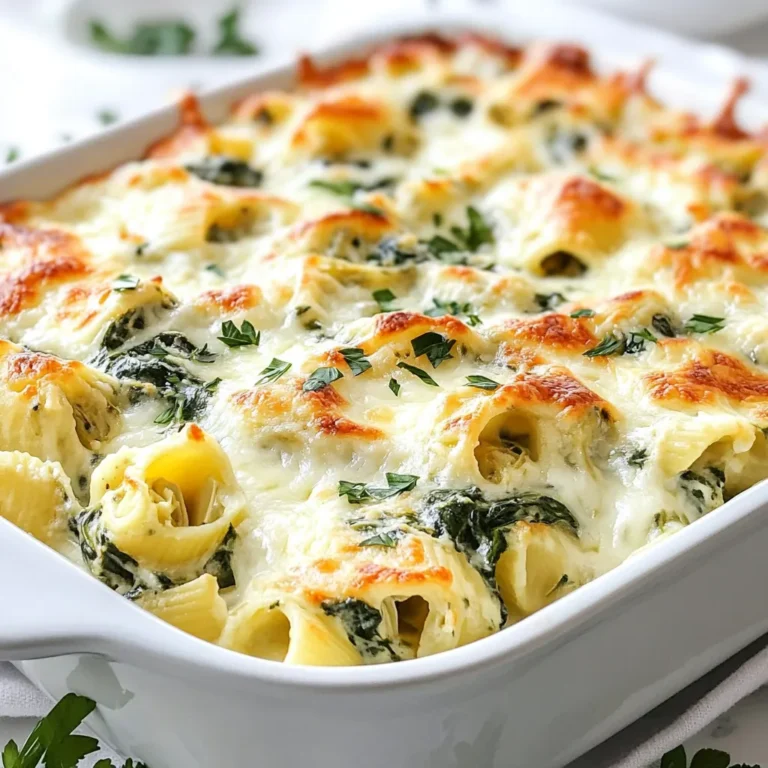 You will need some simple, tasty items for this bake. Here’s what you’ll need: - 8 oz (225g) pasta (penne or rotini works well) - 1 cup fresh spinach, chopped - 1 can (14 oz) artichoke hearts, drained and quartered - 1 cup cream cheese, softened - 1 cup sour cream - 1 cup grated mozzarella cheese, plus extra for topping - 1/2 cup grated Parmesan cheese - 3 cloves garlic, minced - 1 teaspoon onion powder - 1/2 teaspoon red pepper flakes (adjust for spice preference) - Salt and pepper to taste - 1 tablespoon olive oil This dish shines because of its rich flavors. The creamy cheese blends well with the bright spinach. The artichokes add a nice texture too. After baking, you can top it off with: - Fresh parsley - Extra mozzarella cheese These garnishes give a fresh touch and make the dish look great. You can add more cheese if you love that gooey texture! {{ingredient_image_1}} Preheating the oven: Start by preheating your oven to 350°F (175°C). This step is key. It ensures even cooking for your pasta bake. Cooking pasta al dente: Next, cook 8 oz of pasta. Penne or rotini works great. Follow the package instructions but stop cooking when it’s al dente. This means the pasta should have a slight bite. Drain and set it aside. Sautéing garlic and spinach: In a large skillet, heat 1 tablespoon of olive oil over medium heat. Add 3 minced garlic cloves. Sauté them for about 1 minute until they smell amazing. Then, stir in 1 cup of chopped fresh spinach. Cook until it wilts, which takes about 2-3 minutes. Mixing the cheese ingredients: In a mixing bowl, combine 1 cup of softened cream cheese, 1 cup of sour cream, 1 cup of grated mozzarella cheese, and ½ cup of grated Parmesan cheese. Add 1 teaspoon of onion powder, ½ teaspoon of red pepper flakes, and salt and pepper to taste. Mix until it’s smooth and creamy. Combining pasta, spinach, and artichokes: Now, add the cooked pasta, sautéed spinach, and 1 can of drained and quartered artichokes to the cheese mixture. Gently fold everything together until well mixed. Transferring to a baking dish: Take a greased 9x13 inch baking dish and transfer the mixture into it. Spread it out evenly for the best bake. Adding cheese topping and baking: Top your pasta bake with extra mozzarella cheese. This gives it a gooey finish. Bake it in the preheated oven for 25-30 minutes. You want the top to be bubbly and golden brown. Enjoy the delicious flavors of your Creamy Spinach Artichoke Pasta Bake! To get the best bake, watch your time. If you want a crisp top, bake for 30 minutes. If you like it softer, aim for 25 minutes. Use a fork to check the top. It should look bubbly and golden. Next, ensure your cheese mixture is smooth. If it’s lumpy, your bake won’t be as creamy. Mix the cream cheese, sour cream, and cheeses well before adding other ingredients. A smooth mix makes for a rich and tasty dish. Spices can take your bake to the next level. Try adding garlic powder or Italian seasoning for extra depth. They bring a nice flavor that pairs well with the spinach and artichokes. You can also mix in some cooked chicken or sausage for protein. If you like veggies, try adding bell peppers or mushrooms. They add color and taste, making your dish even better. Pro Tips Use Fresh Ingredients: Opt for fresh spinach and high-quality artichoke hearts for the best flavor and texture. Customize Spice Level: Adjust the amount of red pepper flakes to suit your spice preference; you can even omit them for a milder dish. Make Ahead: This dish can be assembled a day in advance and stored in the fridge before baking. Just add a few extra minutes to the baking time if baking straight from the fridge. Perfectly Creamy: For an extra creamy texture, consider adding a splash of milk or cream to the cheese mixture before combining with the pasta and veggies. {{image_2}} You can easily change ingredients to fit your needs. If you need a gluten-free option, use gluten-free pasta. Many brands offer tasty varieties that work well. Rice pasta or chickpea pasta can add unique flavors. If you prefer a vegan version, swap out the cheeses and cream. Use cashew cream for the cream cheese and a dairy-free sour cream. Nutritional yeast can replace the Parmesan for a cheesy taste. There are also excellent vegan mozzarella cheeses available. To make your pasta bake heartier, consider adding proteins. Chicken or sausage can bring more flavor and make it a complete meal. Cook the meat before mixing it with the pasta and sauce. You can also add more vegetables for extra texture and nutrients. Bell peppers, mushrooms, or zucchini work great. Just sauté them with the spinach to keep everything nice and soft. Mixing in different veggies can create a new twist on the classic dish. To store leftovers, let the pasta bake cool first. Then, place it in an airtight container. This helps keep the dish fresh. Use a glass or plastic container with a tight lid. You can also wrap it tightly with plastic wrap. This will help prevent moisture loss and keep flavors intact. To reheat, use the oven for best results. Preheat your oven to 350°F (175°C). Place the pasta bake in an oven-safe dish. Cover it with foil to keep it moist. Bake for about 15-20 minutes. Check if it's heated through before serving. If you want to freeze the pasta bake, let it cool completely. Then, wrap it tightly in plastic wrap and foil. Store it in an airtight container. When you are ready to eat, thaw it in the fridge overnight. Reheat it in the oven as described above for a tasty meal. Can I make this dish ahead of time? Yes, you can prepare this pasta bake ahead of time. Just follow the recipe until the baking step. After mixing everything together, cover the dish tightly with foil and store it in the fridge. You can bake it the next day. Just add a few extra minutes to the baking time. What side dishes pair well with Creamy Spinach Artichoke Pasta Bake? This dish goes well with simple sides. You can serve it with a fresh green salad or some garlic bread. A light soup can also be a great choice. Try a tomato basil soup for a nice pairing. How do I know when it’s done baking? You will know your pasta bake is done when it is bubbly and golden brown on top. You can also check if the cheese is melted and slightly crisp. If you poke it with a fork, it should feel hot all the way through. Can I use frozen spinach or artichokes? Yes, you can use frozen spinach or artichokes. If using frozen spinach, make sure to thaw and drain it well. This keeps the dish from getting too watery. For artichokes, just drain them and chop as needed. They work great in this bake! This blog post covers all you need to make a great Creamy Spinach Artichoke Pasta Bake. We explored key ingredients like pasta options, fresh veggies, and seasonings. I gave you easy steps for preparation and cooking. Remember to try the tips to enhance flavor and texture. In the end, feel free to experiment with ingredient swaps for a personal touch. This dish is fun to make and enjoy. Now, go ahead and create your version of this tasty meal!