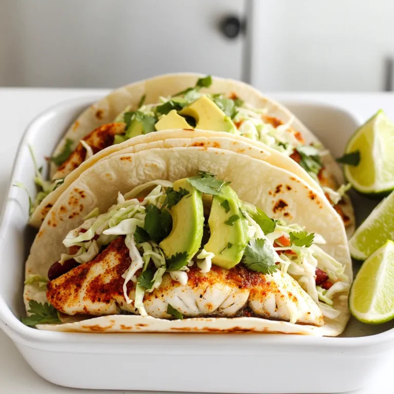 - 1 lb white fish fillets (tilapia or cod) - 2 tablespoons olive oil - 1 teaspoon chili powder - 1 teaspoon cumin - 1 teaspoon garlic powder - Zest and juice of 2 limes - Salt and pepper to taste - 8 small corn tortillas - 1 cup cabbage, finely shredded - 1 avocado, sliced - Fresh cilantro, for garnish - Lime wedges, for serving The fish is the star of the dish. I love using tilapia or cod because they are mild and flaky. Olive oil helps the spices stick and adds flavor. Chili powder brings heat and depth. Cumin gives a warm, earthy taste. Garlic powder enhances the overall flavor profile. The lime zest and juice add brightness and tang, making each bite refreshing. Corn tortillas provide a soft base for the tacos. Cabbage adds crunch, while avocado brings creaminess. Fresh cilantro adds a burst of herbal notes that make the dish pop. You can swap the fish for shrimp or chicken. Both options work well with the same marinade. If you want extra spice, add cayenne pepper to the mix. For a vegan version, try using firm tofu or jackfruit. You can replace corn tortillas with flour tortillas if you prefer. If you don't have cabbage, use lettuce or slaw mix. Feeling adventurous? Try adding mango salsa for a sweet twist! To make these tacos, start by preparing the marinade. It gives the fish great flavor. In a bowl, mix olive oil, chili powder, cumin, garlic powder, lime zest, lime juice, salt, and pepper. This mix will coat the fish and bring out its taste. Next, add the fish fillets to the bowl. Let them soak in the marinade for about 10 minutes. This step is key. It allows the fish to absorb all those tasty spices. While it marinates, you can warm your tortillas. After marinating, heat a non-stick skillet over medium-high heat. Once it's hot, carefully add the fish fillets. Cook them for about 3 to 4 minutes on each side. You want the fish to be flaky and cooked through. While the fish cooks, warm the corn tortillas in a separate pan for about 30 seconds on each side. When the fish is ready, it's time to build your tacos. Place a piece of fish on each tortilla. Top it with shredded cabbage and sliced avocado. Add fresh cilantro for a pop of color and flavor. Don't forget to squeeze fresh lime juice over each taco. It adds a nice touch and extra zing! Serve right away with lime wedges on the side. To cook fish perfectly, start with fresh fillets. I love tilapia or cod for this dish. Marinate the fish for at least 10 minutes. This helps the flavors soak in well. When ready to cook, heat your skillet over medium-high heat. The pan should be hot before adding fish. Cook each side for about 3–4 minutes. You want the fish to be flaky and opaque. If you overcook it, the fish can become dry. Warming tortillas is key to a great taco. I recommend using a non-stick skillet. Simply heat it over medium heat. Place your tortillas in the pan for about 30 seconds on each side. This makes them soft and easy to fold. You can also wrap them in a damp paper towel. Microwave them for 20 seconds if you are in a hurry. Just make sure they stay warm until you fill them. To boost the flavor, add lime juice just before serving. A squeeze of fresh lime brightens the dish. You can also try different toppings. Add sliced jalapeños for heat or mango salsa for sweetness. Fresh cilantro adds a nice touch, too. Feel free to mix and match to find your perfect flavor! {{image_2}} You can switch the fish for other proteins. Shrimp makes a great choice. Chicken also works well, especially when marinated. For a vegetarian option, try firm tofu. Just cut it into cubes. The marinade will add great flavor to any protein you choose. Taco toppings can change your flavor game. Instead of cabbage, use lettuce for crunch. Add diced tomatoes for freshness. Pickled onions can give a tangy kick. Cheese lovers can sprinkle some crumbled feta or cotija. Don't forget hot sauce for a spicy twist! Adjust spice levels to fit your taste. For spicy tacos, add more chili powder to the marinade. A pinch of cayenne pepper also adds heat. If you prefer mild, stick to the original recipe. You can always serve hot sauce on the side. This way, everyone can customize their tacos. To store leftover tacos, first, separate the fish and toppings from the tortillas. Wrap the fish in plastic wrap or place it in an airtight container. Store the toppings, like cabbage and avocado, in separate containers. Keep everything in the fridge. Use them within two days for the best taste. When you're ready to enjoy the leftovers, heat the fish in a skillet over medium heat. This helps keep it moist. Warm the tortillas in a pan for about 30 seconds on each side. This will make them soft again. For toppings, add fresh avocado and cilantro just before serving. If you want to freeze the fish, wrap it tightly in plastic wrap and foil. Place it in a freezer-safe bag. The fish can stay fresh for up to three months. Toppings should not be frozen, as they lose their texture. Always thaw fish in the fridge overnight before reheating. Yes, you can use frozen fish. Just make sure to thaw it first. Place the fish in the fridge overnight or run it under cold water. This helps the fish cook evenly and keeps it flaky. I like to use white fish like tilapia or cod. These fish are mild and flaky. They soak up the chili lime flavors well. You can also try mahi-mahi or snapper for a different taste. To make this dish gluten-free, use corn tortillas. Corn tortillas are naturally gluten-free. Check the package to ensure no gluten is added. This way, everyone can enjoy the tacos without worry. Yes, you can bake or grill the fish. If you bake, set your oven to 400°F (200°C). Place the fish on a baking sheet and cook for 12-15 minutes. If you grill, cook for about 3-4 minutes on each side over medium heat. Each method gives a nice flavor! In this blog post, we explored how to make delicious fish tacos. We covered key ingredients, cooking steps, and helpful tips. You now know how to prepare fish and enhance flavors. We discussed variations and smart storage methods for leftovers. Remember, using fresh ingredients will boost your tacos’ taste. Feel free to experiment with spices and toppings. Enjoy your cooking journey and share these tasty tacos with friends!