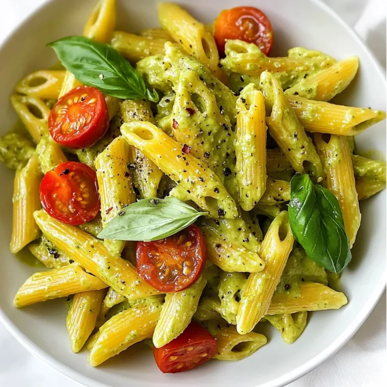 - 2 ripe avocados, pitted and peeled - 2 cups cooked pasta (penne or spaghetti works well) - 2 tablespoons lemon juice - 1 garlic clove, minced - 1/4 cup fresh basil leaves - 1/4 cup grated Parmesan cheese (or nutritional yeast for a vegan option) - 1/2 teaspoon salt - 1/4 teaspoon black pepper - 1/4 cup olive oil - Optional toppings: cherry tomatoes, extra basil, and red pepper flakes To make creamy avocado pasta, you need fresh and ripe avocados. Choose ones that yield slightly to gentle pressure. Cook your pasta first; penne or spaghetti are great choices. You will also need lemon juice for brightness and garlic for flavor. Fresh basil adds a lovely herbal note. Parmesan cheese gives a rich taste, but you can use nutritional yeast for a vegan option. Don’t forget salt and black pepper to enhance all the flavors. Olive oil adds a smooth texture to your sauce. For toppings, cherry tomatoes, extra basil, and red pepper flakes can add color and spice. These ingredients will make your dish not only tasty but also beautiful. {{ingredient_image_1}} To start, gather your ingredients. You need ripe avocados, lemon juice, minced garlic, fresh basil leaves, grated Parmesan cheese, salt, and black pepper. - Combining ingredients: In a food processor, add the ripe avocados, lemon juice, minced garlic, fresh basil, Parmesan, salt, and pepper. Pulse until the mix is smooth. Scrape down the sides as needed. - Achieving the perfect texture: With the food processor running, slowly drizzle in the olive oil. This step adds creaminess. If the sauce feels too thick, add a tablespoon of water. Blend until you reach your desired texture. Now, it’s time to cook the pasta. - Best cooking methods for pasta: Use a large pot with water. Bring it to a boil and add a pinch of salt. You can use penne or spaghetti for this dish. - Timing for perfect al dente: Follow the package instructions for cooking time. Usually, this takes about 8 to 10 minutes. Check the pasta often. It should be firm to the bite, not mushy. After cooking, it’s time to bring it all together. - Combining pasta with sauce: In a large bowl, add the cooked pasta and creamy avocado sauce. Gently toss until every piece is coated in sauce. - Tips for presentation: Serve the pasta right away. Top with cherry tomatoes, extra basil, and a sprinkle of red pepper flakes for a pop of color and flavor. Enjoy your delightful meal! To make a creamy avocado sauce, you must use ripe avocados. Ripe avocados are soft and yield to gentle pressure. When you blend them, add lemon juice right away. This keeps the sauce bright and fresh. To prevent browning in your avocados, store them with a bit of lemon juice. You can also cover the sauce tightly with plastic wrap. Make sure the wrap touches the surface of the sauce. This limits air exposure and keeps it green longer. For cooking pasta, always check the package for timing. You want it al dente, which means it’s firm but not hard. To save time, you can cook pasta while you make the sauce. Start boiling water first. Then, cook your pasta and sauce at the same time. If you want to switch things up, try cooking your pasta in broth. It adds extra flavor. For leftovers, store your pasta and sauce separately. This helps keep the sauce creamy. Use an airtight container for best results. When reheating, use a pan over low heat. Add a splash of water to loosen the sauce. Stir gently to warm it up without losing texture. Avoid using the microwave as it can make the pasta mushy. Pro Tips Use Ripe Avocados: Ensure your avocados are perfectly ripe for the creamiest sauce. They should yield slightly to gentle pressure when squeezed. Add More Flavor: Experiment by adding a pinch of chili powder or cayenne pepper for an extra kick in your sauce. Leftovers Storage: Store any leftover sauce in an airtight container with a layer of plastic wrap pressed against the surface to prevent browning. Cooked Pasta Tip: Reserve some pasta water before draining; it can help adjust the sauce consistency if needed. {{image_2}} You can add protein to your creamy avocado pasta for a filling meal. - Chicken or shrimp options: Cooked chicken breast or shrimp both work great. Grill or sauté them until golden. Slice or chop before mixing them with the pasta. This adds a savory touch to your dish. - Plant-based protein alternatives: For a vegan boost, use chickpeas or lentils. They are easy to add and full of protein. Just heat them before mixing into your pasta. They blend well with the sauce and add a nice texture. Vegetables can add color and flavor to your dish. - Recommended vegetables: Try adding spinach, zucchini, or bell peppers. These veggies cook quickly and mix well with the creamy sauce. Just sauté them lightly before tossing them in. - Seasonal variations: Use seasonal veggies for freshness. In summer, add cherry tomatoes for sweetness. In fall, try roasted butternut squash for a warm flavor. Each season brings new tastes to explore. Enhancing flavor can make your pasta even better. - Spices and herbs to try: Add red pepper flakes for some heat. A pinch of smoked paprika can give a smoky flavor. Fresh herbs like parsley or cilantro can brighten the dish. - Alternative dressings: If you want to mix it up, try a balsamic glaze or pesto. These can add a tangy or herby twist to your creamy pasta. Just drizzle over the top before serving for extra flavor. Avocados are packed with nutrients. They are high in healthy fats, fiber, and vitamins. One avocado has about 20 vitamins and minerals. These include potassium, vitamin K, and folate. Healthy fats help your heart and lower bad cholesterol. Fiber aids digestion and keeps you full. Adding avocados to your diet can boost overall health. They fit well in a balanced diet, providing energy and nutrients. A serving of creamy avocado pasta has about 400 calories. This is for one-fourth of the recipe. The pasta provides carbs for energy, while the avocado adds healthy fats. Each ingredient adds its own nutrients. The nutrient density is high, meaning you get a lot of good stuff for fewer calories. This meal can satisfy your hunger without heavy calories. This creamy avocado pasta is vegan if you use nutritional yeast instead of cheese. You can also make it gluten-free. Just use gluten-free pasta. If you have other dietary needs, you can adjust the recipe. For example, add more veggies or use different herbs. This dish is versatile, so you can make it fit your diet. To keep your avocado pasta fresh, use lemon juice. The acid slows browning. After mixing, enjoy the dish right away. If you need to store leftovers, cover tightly with plastic wrap. Press the wrap directly onto the pasta. This helps keep air out and reduces browning. Yes, you can make this recipe ahead of time. Prepare the avocado sauce first. Store it in an airtight container in the fridge. If you plan to eat it later, cook the pasta fresh. Combine the two just before serving for the best taste. Penne and spaghetti work best for creamy avocado pasta. Their shapes hold the sauce well. Avoid thin pasta types, like angel hair, as they may not coat well. Choose whole grain or gluten-free pasta for a healthier option. This blog post shared how to create a delicious avocado pasta. We explored the key ingredients, from ripe avocados to pasta options. I offered clear steps for making the sauce, cooking pasta, and serving it right. Plus, I included tips for perfecting the dish, popular variations, and nutritional info. In closing, this avocado pasta is healthy and easy to make. Experiment with flavors and toppings to find what you love most. Enjoy your cooking journey!