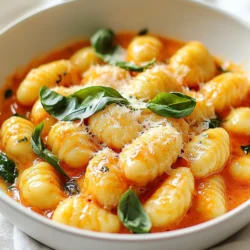 - 1 package (16 oz) potato gnocchi - 2 tablespoons olive oil - 3 cloves garlic, minced - 1 can (14 oz) diced tomatoes, with juices - 1 cup heavy cream - 1 cup fresh basil leaves, chopped The main ingredients in creamy tomato basil gnocchi create a lovely harmony of flavors. The potato gnocchi gives a soft and fluffy texture that pairs perfectly with the creamy sauce. I love using high-quality olive oil to sauté the garlic. This adds a rich base for flavor. Fresh garlic brings a bold taste to the dish. Diced tomatoes add a sweet and tangy touch, while heavy cream makes the sauce rich and smooth. Finally, fresh basil adds a vibrant aroma and a touch of green. - 1 teaspoon sugar - Salt and black pepper, to taste - 1/2 cup grated Parmesan cheese (plus extra for serving) - 1 teaspoon red pepper flakes (optional, for heat) For seasonings, I like to add sugar to balance the acidity of the tomatoes. Salt and black pepper enhance every flavor in the dish. Grated Parmesan cheese not only thickens the sauce but also adds a savory umami taste. If you want a kick, red pepper flakes are great for adding heat. Each ingredient plays a key role in creating a deliciously balanced dish. {{ingredient_image_1}} - Bring a large pot of salted water to a boil. - Add the gnocchi and cook according to package instructions. This usually takes about 2-3 minutes. Watch for them to float to the top. - Once they float, they are ready. Drain and set aside. - In a large skillet, heat the olive oil over medium heat. - Add the minced garlic and sauté for about 1 minute. It should smell nice, but don’t let it burn. - Now add the diced tomatoes with their juices and a teaspoon of sugar. - Bring this to a gentle simmer and let it cook for about 5 minutes. This helps the flavors mix well. - Next, pour in the heavy cream and stir. Let it come to a simmer again. - Season with salt, black pepper, and red pepper flakes if you want some heat. - Reduce the heat to low. Add the chopped basil leaves and stir in the grated Parmesan cheese. - Keep stirring until the cheese melts and the sauce becomes creamy. - Now, add the cooked gnocchi to the skillet. Toss them gently to coat in the creamy sauce. - Let everything warm through for about 2-3 minutes. Taste and adjust the seasoning if needed. - Serve the gnocchi warm. You can add more Parmesan cheese and fresh basil on top if you like. To get the best texture, always use fresh gnocchi. Fresh gnocchi cooks perfectly and feels light. When you cook it, bring a large pot of salted water to a boil. Add the gnocchi and cook for about 2-3 minutes. You know it’s ready when it floats to the top. Drain it well and set aside. To make your creamy tomato basil gnocchi shine, think about adding herbs and spices. You can use fresh oregano or thyme for extra depth. If you want more protein, try adding cooked chicken or shrimp. Both options pair well with the creamy sauce and make the dish heartier. Presentation matters in any meal. To make your gnocchi stand out, garnish it with fresh basil leaves. A sprinkle of extra Parmesan cheese adds a nice touch too. Serve the dish in a bowl with a drizzle of olive oil. This small step makes your dish look inviting and fresh. Pro Tips Use Fresh Basil: Fresh basil adds a vibrant flavor that dried basil can't replicate. Add it at the end of cooking to maintain its bright green color and aroma. Cook Gnocchi Perfectly: Make sure to cook the gnocchi just until they float to the surface of the boiling water; this indicates they are done. Overcooking can make them mushy. Adjust Creaminess: If you prefer a lighter sauce, substitute half of the heavy cream with chicken or vegetable broth. This will still give you a creamy texture without being too heavy. Spice it Up: If you enjoy a kick, feel free to increase the amount of red pepper flakes or add a dash of hot sauce to the sauce for an extra layer of heat. {{image_2}} You can switch up the sauce for a new taste. Marinara adds a tangy kick. It pairs well with the creamy texture of the gnocchi. Pesto brings fresh, herbal notes to the dish. This sauce is bright and full of flavor. For a creamy alternative, try vegan cream. It gives a rich taste while keeping the meal plant-based. Gnocchi can vary in type and texture. You can find gluten-free gnocchi at many stores. It’s made from rice or other gluten-free ingredients. Homemade gnocchi is also an option. It takes more time but gives a special touch. Store-bought gnocchi is quick and easy. It saves time for busy cooks. You can adjust this dish to fit your diet. For vegan options, replace heavy cream with coconut cream. This keeps it creamy without dairy. You can use a non-dairy cheese for the topping. Low-carb diets can benefit from zucchini noodles instead of gnocchi. This change gives a fresh twist while cutting carbs. To keep your creamy tomato basil gnocchi fresh, place it in an airtight container. This will help keep the flavors locked in. Store it in the fridge for up to three days. If you want to save it longer, consider freezing the dish. To freeze, transfer it to a freezer-safe container. Make sure to leave some space at the top, as it might expand when frozen. For the best taste and texture, I recommend reheating gnocchi on the stovetop. Heat a skillet over low heat and add a splash of cream or water. Gently warm the dish, stirring often. This method keeps the gnocchi creamy and prevents it from becoming mushy. You can use the microwave if you're short on time. Just cover the dish and heat it in short intervals, stirring in between. In the fridge, creamy tomato basil gnocchi lasts about three days. If you freeze it, it can last up to three months. When you’re ready to enjoy it again, just thaw it in the fridge overnight before reheating. This way, you can savor those delightful flavors again! Gnocchi is usually made from potatoes. You can also use flour and eggs. Some recipes use ricotta cheese for a lighter texture. The dough is soft and pillowy. This makes gnocchi a favorite in many dishes. Yes, you can use canned tomatoes. They save time and are very convenient. Canned tomatoes are often picked at peak ripeness. This means they can taste great. However, fresh tomatoes have a bright flavor. They can add a nice freshness to your dish. For a rich sauce, choose high-quality canned tomatoes. To keep your sauce smooth, add cream slowly. Stir it in gently. Heat the sauce on low. High heat can cause the cream to curdle. Also, make sure to use fresh cream. Old cream might separate when heated. If you follow these steps, your sauce will stay creamy and delicious. In this article, we explored making a delicious gnocchi dish using fresh ingredients. You learned about the main components, cooking methods, and helpful tips to perfect your meal. Remember to experiment with flavors and side options for a personal touch. Storing and reheating your leftovers properly can keep this dish tasty for days. With all these insights, you can confidently create this comforting meal for yourself or loved ones. Enjoy cooking!