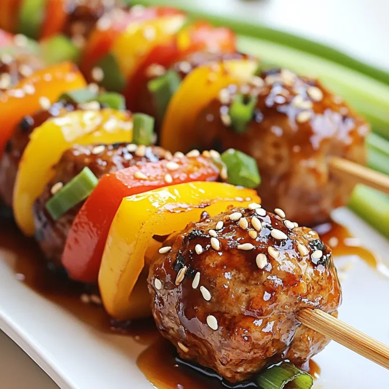 To make teriyaki chicken meatball skewers, gather these key ingredients: - 1 pound ground chicken - 1/4 cup panko breadcrumbs - 1/4 cup green onions, finely chopped - 1 clove garlic, minced - 1 tablespoon ginger, grated - 2 tablespoons soy sauce (low sodium) - 1 tablespoon sesame oil - 1 tablespoon honey - 1 tablespoon rice vinegar - Salt and pepper to taste - Wooden skewers (soaked in water for 30 minutes) - Sesame seeds for garnish These ingredients come together to create juicy, flavorful meatballs. The ground chicken is a lean protein that absorbs the flavors well. Panko breadcrumbs give the meatballs a nice texture. If you want to take your skewers up a notch, consider adding: - Sliced bell peppers - Pineapple chunks These optional ingredients add sweetness and color. They grill beautifully and enhance the dish's flavor. When choosing your ingredients, freshness matters. Look for: - Lean ground chicken with no additives - Bright green onions with no wilting - Fresh ginger that is firm and fragrant For soy sauce, pick a low-sodium option. This helps control the salt level. Always choose high-quality honey and sesame oil for the best flavor. Fresh ingredients make your meal taste better and more vibrant. {{ingredient_image_1}} Start by heating your grill to medium heat. If you use wooden skewers, soak them in water for 30 minutes. This will stop them from burning. Make sure your grill grates are clean and well-oiled. This helps the meatballs cook evenly and not stick. In a large bowl, combine the following ingredients: - 1 pound ground chicken - 1/4 cup panko breadcrumbs - 1/4 cup green onions, finely chopped - 1 clove garlic, minced - 1 tablespoon ginger, grated - 2 tablespoons soy sauce (low sodium) - 1 tablespoon sesame oil - 1 tablespoon honey - 1 tablespoon rice vinegar - Salt and pepper to taste Mix all these well with your hands. It's fun to get your hands in there! Once mixed, shape the mixture into small meatballs about 1 inch wide. You should get 12 to 15 meatballs from this. Take your soaked skewers and thread the meatballs onto them. Leave a little space between each ball. This space helps them cook well. If you want, add slices of bell peppers or pineapple chunks between the meatballs. This adds flavor and color. Place the skewers on the grill. Cook them for 10 to 12 minutes. Remember to turn them halfway through. This way, they will cook evenly. Make sure the internal temperature reaches 165°F. To make the teriyaki glaze, mix equal parts soy sauce and honey in a small saucepan. Use about 3 tablespoons of each. Heat this over medium heat until it simmers. Cook for 3 to 5 minutes until it thickens a bit. During the last 2 minutes of grilling, brush the glaze over the meatballs. This makes them shiny and adds sweet flavor. After grilling, sprinkle sesame seeds on top for a nice finish. Enjoy your meal! Grilling chicken meatballs can be fun and tasty. Here are some easy tips: - Use soaked skewers: Soak wooden skewers in water for 30 minutes. This stops them from burning. - Preheat your grill: Make sure your grill is hot before cooking. This helps the outside get nice and charred. - Don’t overcrowd: Leave space between the meatballs on the skewers. This allows them to cook evenly. A great glaze makes your meatballs shine. Here’s how to get it just right: - Balance your sauce: Use equal parts soy sauce and honey. This mix gives a sweet and salty flavor. - Simmer gently: Cook your glaze over medium heat. Let it simmer for 3 to 5 minutes to thicken. - Glaze at the end: Brush the glaze on during the last two minutes of grilling. This helps it caramelize nicely. Making your dish look great is easy. Here are some fun ideas: - Use a large platter: Arrange the skewers in a neat row on a big plate. - Add colorful veggies: Place sliced bell peppers and pineapple around the skewers. This adds color and freshness. - Serve extra glaze: Put some teriyaki glaze in a small bowl for dipping. This makes it fun to eat! Pro Tips Use Fresh Ingredients: Fresh garlic and ginger will enhance the flavor of your meatballs significantly, making them more aromatic and delicious. Don’t Overcrowd the Skewers: Leaving space between meatballs allows for better heat circulation and even cooking, preventing any sogginess. Experiment with Vegetables: Adding bell peppers and pineapple not only adds flavor but also makes the dish colorful and visually appealing. Sauce Timing is Key: Brush the teriyaki glaze on during the last few minutes of grilling to achieve a sticky, caramelized finish without burning the sauce. {{image_2}} You can switch up the ground chicken for other proteins. Ground turkey works great. It has a mild taste and cooks similarly. If you want something different, try ground beef or pork. These can add more flavor. For a healthier option, use ground turkey or chicken breast. You can even make meatballs from plant-based proteins like lentils or chickpeas. These options are tasty and allow everyone to enjoy the skewers. Adding spices can elevate your meatballs. Try adding a pinch of cayenne for heat. Smoked paprika gives a nice depth. You can also use curry powder for an exciting twist. For marinades, use a mix of soy sauce and garlic. Let the meatballs soak for an hour before grilling. This helps the flavors blend well. You can even try adding a splash of lime juice for brightness. These enhancements make your skewers stand out at dinner. Vegetables add color and flavor to your skewers. Bell peppers are a classic choice. They grill nicely and become sweet. Zucchini and mushrooms are great options too. They soak up the teriyaki glaze well. Cherry tomatoes can add a burst of flavor. You can also use pineapple chunks for sweetness. Just grill the veggies alongside the meatballs. This makes each bite a little different and delicious. To keep your leftover skewers fresh, place them in an airtight container. You can also use plastic wrap. Make sure to cool them down to room temperature first. Store them in the fridge. They will last for up to three days. When you are ready to eat, preheat your oven to 350°F. Place the skewers on a baking sheet. Cover them with aluminum foil to keep them moist. Heat for about 10-15 minutes. You can also use a microwave. Heat them in short bursts of 30 seconds. This way, you keep the flavor intact without drying them out. If you want to save skewers for later, freeze them before cooking. Place uncooked skewers in a single layer on a baking sheet. Freeze until solid, then transfer them to a freezer bag. They can stay in the freezer for up to three months. When ready to cook, thaw them in the fridge overnight. Then grill as normal. This is a great way to have a tasty meal ready anytime! Yes, you can use ground turkey instead of ground chicken. Ground turkey has a similar texture and taste. It may be a bit leaner, so adjust the seasoning slightly. This swap works well for those looking for a healthier option. Grill the skewers for about 10-12 minutes. Turn them halfway through to cook evenly. The meatballs should be lightly charred and reach an internal temperature of 165°F. This ensures they are safe to eat and juicy. Several dipping sauces complement these skewers. Here are some tasty options: - Extra teriyaki glaze - Sweet chili sauce - Soy sauce with a splash of lime - Peanut sauce Choose one based on your taste or serve a few for variety! To make these skewers low-carb or keto-friendly, skip the panko breadcrumbs. You can use crushed pork rinds or almond flour instead. Also, serve with low-carb veggies like zucchini or bell peppers. This keeps the dish flavorful and in line with your diet goals. We covered how to make tasty teriyaki chicken meatball skewers. You learned about the main and optional ingredients. I shared step-by-step instructions to get perfect meatballs on the grill. I also gave tips for a great glaze and serving ideas. When you try this recipe, remember the variations and storage tips too. You can enjoy these skewers in many ways. With practice, you’ll impress everyone. Happy grilling!