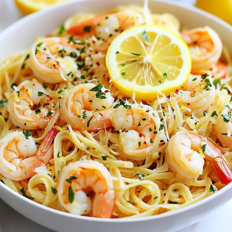 - 8 ounces linguine or spaghetti - 1 pound large shrimp, peeled and deveined - 4 cloves garlic, minced - 1/4 cup olive oil - 1/4 cup fresh lemon juice - Zest of 1 lemon - 1 teaspoon red pepper flakes (optional) - Salt and pepper to taste - 1/4 cup fresh parsley, chopped - Grated Parmesan cheese, for serving To make Lemon Garlic Shrimp Pasta, gather your ingredients first. You want fresh shrimp and bright lemons. Use linguine or spaghetti for a nice base. The garlic adds a strong flavor that you will love. Olive oil helps bind everything and gives it richness. - Pasta alternatives: Try gluten-free pasta if you need it. - Shrimp substitutes: Use chicken or tofu if you prefer. - Olive oil alternatives: Butter works well for a creamy taste. These swaps can make the dish work for you. If you need gluten-free options, many pastas fit the bill. If shrimp isn’t your thing, chicken or tofu can easily take its place. Butter can also replace olive oil for a different flavor. These choices keep the dish fun and flexible! {{ingredient_image_1}} Start by boiling salted water in a large pot. Use about one tablespoon of salt for every quart of water. This will help flavor your pasta. When the water reaches a rolling boil, add 8 ounces of linguine or spaghetti. Cook for about 8 to 10 minutes, or until the pasta is al dente. Al dente means the pasta is firm but not hard. Once done, reserve ½ cup of the pasta water and drain the rest. Set the pasta aside and keep it warm. Next, heat ¼ cup of olive oil in a large skillet over medium heat. Wait until the oil is hot, then add 4 minced garlic cloves. If you like a little heat, add 1 teaspoon of red pepper flakes too. Sauté the garlic for 1 to 2 minutes until it smells good but does not brown. Browning can make garlic taste bitter. After that, add 1 pound of peeled and deveined shrimp. Season with salt and pepper. Cook the shrimp for about 2 to 3 minutes on each side. They are done when they turn pink and opaque. Once the shrimp are cooked, pour in ¼ cup of fresh lemon juice and add the zest of 1 lemon. Stir it all together to mix the flavors. Let it cook for 1 more minute. Now, add the cooked pasta to the skillet. Toss everything well to coat the pasta in the sauce. If the sauce is too thick, use some of the reserved pasta water. Add it a little at a time until the sauce reaches your desired thickness. Finally, stir in ¼ cup of chopped parsley for freshness before serving. - Using fresh herbs for added freshness: Fresh parsley brightens the dish. It adds a pop of color and flavor. You can also try basil or chives. Just chop them and sprinkle on top before serving. - Adjusting spice level with red pepper flakes: Want some heat? Add red pepper flakes. Start with a pinch and taste. You can always add more if you like it spicy! - Exploring additional seasoning options: Don't stop at salt and pepper. Consider adding lemon zest for extra zing. A pinch of oregano or thyme can also bring out new flavors. - Best practices for cooking shrimp: Shrimp cooks fast. Sauté it for 2-3 minutes until it turns pink. Overcooking makes shrimp tough. Watch it closely! - Tips for perfect pasta texture: Cook pasta until it's al dente. This means it should be firm to the bite. Follow package instructions, and taste it a minute before it’s done. - How to prevent pasta from sticking: Stir pasta while it cooks to keep it from sticking together. Adding a little olive oil to the water can also help. - Serving suggestions with garnishes: Serve pasta in big bowls. Top with extra parsley and lemon slices. This makes the dish look fresh and inviting. - Bowl arrangement for visual appeal: Twirl the pasta for a nice nest shape. Place shrimp on top, then sprinkle with cheese. It looks great and makes it easier to serve. - Pairing with side dishes or wine: Lemon garlic shrimp pasta pairs well with a light salad. A glass of white wine, like Sauvignon Blanc, complements the flavors nicely. Pro Tips Use Fresh Shrimp: Fresh shrimp will enhance the flavor and texture of your dish. If possible, buy shrimp from a local seafood market. Adjust the Spice Level: If you prefer a milder dish, skip the red pepper flakes or reduce the amount to suit your taste. Don’t Overcook the Pasta: Cook the pasta just until al dente, as it will continue to cook in the skillet with the shrimp and sauce. Garnish Generously: Adding extra parsley and lemon slices on top not only enhances the visual appeal but also adds fresh flavor. {{image_2}} You can change the taste of your lemon garlic shrimp pasta in fun ways. One great option is to make a creamy version. Just add heavy cream or a dairy-free alternative to the sauce. This will give it a rich and smooth texture. You can also add some vegetables. Fresh spinach or bright bell peppers add color and health. Just toss them in the skillet when cooking the shrimp for a quick upgrade. Another idea is to mix in different cheeses. Feta or goat cheese can bring a new flavor twist. Sprinkle them on top before serving for a tasty finish. If you want a vegan dish, try using plant-based shrimp. There are many great options out there. They taste wonderful with the lemon and garlic. For a low-carb meal, swap out regular pasta for zucchini noodles. This change keeps the dish light and fresh. Just spiralize the zucchini and sauté it briefly before mixing in the shrimp. If nuts are a concern, you can skip them altogether. This will keep the meal safe for those with allergies. In summer, use fresh garden ingredients. Tomatoes, basil, and corn can make the dish feel bright and lively. In winter, think comfort. Add hearty ingredients like mushrooms or kale. These ingredients will warm you up and add depth. No matter the season, you can adjust your lemon garlic shrimp pasta to fit your mood and the weather! To store your leftover lemon garlic shrimp pasta, place it in an airtight container. This keeps it fresh and tasty. You can enjoy it for up to three days in the fridge. Always let it cool down before sealing it. This helps prevent moisture buildup. If you want to freeze your pasta, first let it cool. Then, portion it into freezer-safe bags. Squeeze out extra air before sealing. This will help keep the pasta fresh for up to three months. When you’re ready to eat, thaw it in the fridge overnight before reheating. When reheating, you want to avoid soggy pasta. The best way to do this is to use the stovetop. Heat a splash of olive oil in a pan and add the pasta. Stir it gently over low heat. If using a microwave, add a little water to the dish and cover it. Heat in short bursts, stirring in between. This way, your pasta stays tasty and firm. It takes about 30 minutes to make Lemon Garlic Shrimp Pasta. You will spend 10 minutes prepping ingredients. The cooking time is roughly 20 minutes. This quick dish is perfect for busy weeknights. Yes, you can prepare Lemon Garlic Shrimp Pasta ahead of time. Cook the pasta and shrimp separately. Store them in airtight containers in the fridge for up to two days. When ready, reheat the shrimp and mix with the pasta. Add fresh parsley and lemon juice before serving for the best taste. Lemon Garlic Shrimp Pasta pairs well with many dishes. Here are some great options: - A fresh green salad with lemon vinaigrette - Garlic bread or crusty baguette - Grilled vegetables, like zucchini or bell peppers - A chilled glass of white wine, like Sauvignon Blanc - Lemon sorbet for dessert These sides enhance the meal and round out your dining experience. Enjoy! Lemon Garlic Shrimp Pasta is a simple yet tasty dish. You learned about the key ingredients and how to prepare them step by step. We covered tips to enhance flavors and variations for dietary needs. Now you know how to store leftovers and how to reheat them properly. This dish is flexible, allowing you to impress friends and family. Try it out and create your own version! You will enjoy the fresh flavors and ease of making this meal.