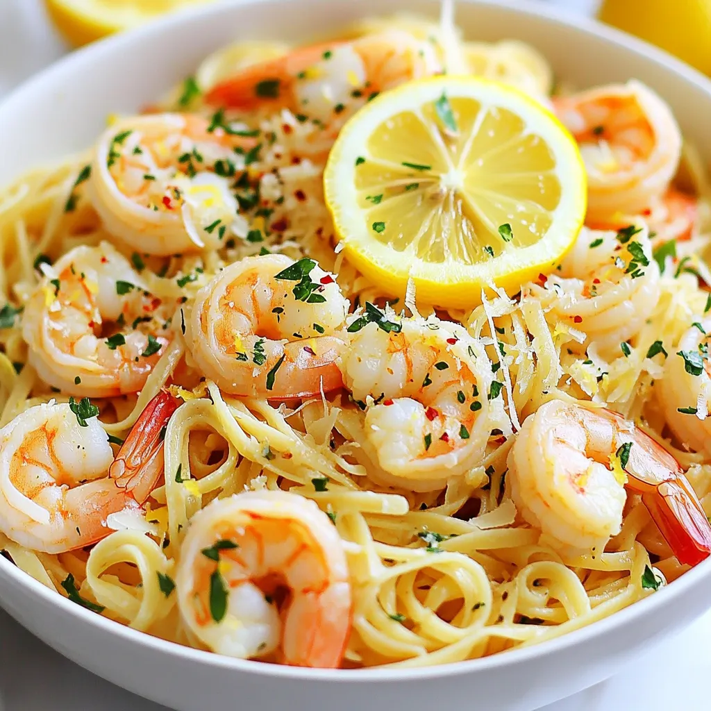 - 8 ounces linguine or spaghetti - 1 pound large shrimp, peeled and deveined - 4 cloves garlic, minced - 1/4 cup olive oil - 1/4 cup fresh lemon juice - Zest of 1 lemon - 1 teaspoon red pepper flakes (optional) - Salt and pepper to taste - 1/4 cup fresh parsley, chopped - Grated Parmesan cheese, for serving To make Lemon Garlic Shrimp Pasta, gather your ingredients first. You want fresh shrimp and bright lemons. Use linguine or spaghetti for a nice base. The garlic adds a strong flavor that you will love. Olive oil helps bind everything and gives it richness. - Pasta alternatives: Try gluten-free pasta if you need it. - Shrimp substitutes: Use chicken or tofu if you prefer. - Olive oil alternatives: Butter works well for a creamy taste. These swaps can make the dish work for you. If you need gluten-free options, many pastas fit the bill. If shrimp isn’t your thing, chicken or tofu can easily take its place. Butter can also replace olive oil for a different flavor. These choices keep the dish fun and flexible! {{ingredient_image_1}} Start by boiling salted water in a large pot. Use about one tablespoon of salt for every quart of water. This will help flavor your pasta. When the water reaches a rolling boil, add 8 ounces of linguine or spaghetti. Cook for about 8 to 10 minutes, or until the pasta is al dente. Al dente means the pasta is firm but not hard. Once done, reserve ½ cup of the pasta water and drain the rest. Set the pasta aside and keep it warm. Next, heat ¼ cup of olive oil in a large skillet over medium heat. Wait until the oil is hot, then add 4 minced garlic cloves. If you like a little heat, add 1 teaspoon of red pepper flakes too. Sauté the garlic for 1 to 2 minutes until it smells good but does not brown. Browning can make garlic taste bitter. After that, add 1 pound of peeled and deveined shrimp. Season with salt and pepper. Cook the shrimp for about 2 to 3 minutes on each side. They are done when they turn pink and opaque. Once the shrimp are cooked, pour in ¼ cup of fresh lemon juice and add the zest of 1 lemon. Stir it all together to mix the flavors. Let it cook for 1 more minute. Now, add the cooked pasta to the skillet. Toss everything well to coat the pasta in the sauce. If the sauce is too thick, use some of the reserved pasta water. Add it a little at a time until the sauce reaches your desired thickness. Finally, stir in ¼ cup of chopped parsley for freshness before serving. - Using fresh herbs for added freshness: Fresh parsley brightens the dish. It adds a pop of color and flavor. You can also try basil or chives. Just chop them and sprinkle on top before serving. - Adjusting spice level with red pepper flakes: Want some heat? Add red pepper flakes. Start with a pinch and taste. You can always add more if you like it spicy! - Exploring additional seasoning options: Don't stop at salt and pepper. Consider adding lemon zest for extra zing. A pinch of oregano or thyme can also bring out new flavors. - Best practices for cooking shrimp: Shrimp cooks fast. Sauté it for 2-3 minutes until it turns pink. Overcooking makes shrimp tough. Watch it closely! - Tips for perfect pasta texture: Cook pasta until it's al dente. This means it should be firm to the bite. Follow package instructions, and taste it a minute before it’s done. - How to prevent pasta from sticking: Stir pasta while it cooks to keep it from sticking together. Adding a little olive oil to the water can also help. - Serving suggestions with garnishes: Serve pasta in big bowls. Top with extra parsley and lemon slices. This makes the dish look fresh and inviting. - Bowl arrangement for visual appeal: Twirl the pasta for a nice nest shape. Place shrimp on top, then sprinkle with cheese. It looks great and makes it easier to serve. - Pairing with side dishes or wine: Lemon garlic shrimp pasta pairs well with a light salad. A glass of white wine, like Sauvignon Blanc, complements the flavors nicely. Pro Tips Use Fresh Shrimp: Fresh shrimp will enhance the flavor and texture of your dish. If possible, buy shrimp from a local seafood market. Adjust the Spice Level: If you prefer a milder dish, skip the red pepper flakes or reduce the amount to suit your taste. Don’t Overcook the Pasta: Cook the pasta just until al dente, as it will continue to cook in the skillet with the shrimp and sauce. Garnish Generously: Adding extra parsley and lemon slices on top not only enhances the visual appeal but also adds fresh flavor. {{image_2}} You can change the taste of your lemon garlic shrimp pasta in fun ways. One great option is to make a creamy version. Just add heavy cream or a dairy-free alternative to the sauce. This will give it a rich and smooth texture. You can also add some vegetables. Fresh spinach or bright bell peppers add color and health. Just toss them in the skillet when cooking the shrimp for a quick upgrade. Another idea is to mix in different cheeses. Feta or goat cheese can bring a new flavor twist. Sprinkle them on top before serving for a tasty finish. If you want a vegan dish, try using plant-based shrimp. There are many great options out there. They taste wonderful with the lemon and garlic. For a low-carb meal, swap out regular pasta for zucchini noodles. This change keeps the dish light and fresh. Just spiralize the zucchini and sauté it briefly before mixing in the shrimp. If nuts are a concern, you can skip them altogether. This will keep the meal safe for those with allergies. In summer, use fresh garden ingredients. Tomatoes, basil, and corn can make the dish feel bright and lively. In winter, think comfort. Add hearty ingredients like mushrooms or kale. These ingredients will warm you up and add depth. No matter the season, you can adjust your lemon garlic shrimp pasta to fit your mood and the weather! To store your leftover lemon garlic shrimp pasta, place it in an airtight container. This keeps it fresh and tasty. You can enjoy it for up to three days in the fridge. Always let it cool down before sealing it. This helps prevent moisture buildup. If you want to freeze your pasta, first let it cool. Then, portion it into freezer-safe bags. Squeeze out extra air before sealing. This will help keep the pasta fresh for up to three months. When you’re ready to eat, thaw it in the fridge overnight before reheating. When reheating, you want to avoid soggy pasta. The best way to do this is to use the stovetop. Heat a splash of olive oil in a pan and add the pasta. Stir it gently over low heat. If using a microwave, add a little water to the dish and cover it. Heat in short bursts, stirring in between. This way, your pasta stays tasty and firm. It takes about 30 minutes to make Lemon Garlic Shrimp Pasta. You will spend 10 minutes prepping ingredients. The cooking time is roughly 20 minutes. This quick dish is perfect for busy weeknights. Yes, you can prepare Lemon Garlic Shrimp Pasta ahead of time. Cook the pasta and shrimp separately. Store them in airtight containers in the fridge for up to two days. When ready, reheat the shrimp and mix with the pasta. Add fresh parsley and lemon juice before serving for the best taste. Lemon Garlic Shrimp Pasta pairs well with many dishes. Here are some great options: - A fresh green salad with lemon vinaigrette - Garlic bread or crusty baguette - Grilled vegetables, like zucchini or bell peppers - A chilled glass of white wine, like Sauvignon Blanc - Lemon sorbet for dessert These sides enhance the meal and round out your dining experience. Enjoy! Lemon Garlic Shrimp Pasta is a simple yet tasty dish. You learned about the key ingredients and how to prepare them step by step. We covered tips to enhance flavors and variations for dietary needs. Now you know how to store leftovers and how to reheat them properly. This dish is flexible, allowing you to impress friends and family. Try it out and create your own version! You will enjoy the fresh flavors and ease of making this meal.