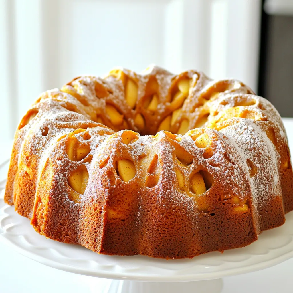 For a delicious Apple Cider Donut Cake, you need these key ingredients: - 2 cups apple cider - 1 cup all-purpose flour - 1 cup whole wheat flour - 1 teaspoon baking powder - 1 teaspoon baking soda - 1 teaspoon ground cinnamon - ½ teaspoon ground nutmeg - ½ teaspoon salt - 1 cup brown sugar, packed - ½ cup granulated sugar - ½ cup unsalted butter, softened - 3 large eggs - 1 teaspoon vanilla extract - 1 cup grated apples (about 2 small apples) - ½ cup buttermilk These ingredients create a rich flavor and tender texture. The apple cider gives the cake a warm, fruity taste. You can enhance your cake with these optional ingredients: - Powdered sugar for dusting Dusting the cake with powdered sugar adds a sweet touch. It also makes the cake look fancy and inviting. Choosing the right apples is key to a great cake. Here are some tips: - Select sweet apples: Varieties like Honeycrisp or Fuji work well. - Check for firmness: Choose apples that feel firm and crisp. - Look for fresh apples: Fresh apples have better flavor and texture. Using the right apples makes a big difference. They add natural sweetness and moisture to your cake. Start by pouring 2 cups of apple cider into a saucepan. Place it on the stove over medium-high heat. Bring it to a boil, then lower the heat. Let it simmer. You want it to reduce to about 1 cup. This should take around 15 to 20 minutes. Once done, set it aside to cool. Grab a medium bowl. In it, whisk together the all-purpose flour, whole wheat flour, baking powder, baking soda, cinnamon, nutmeg, and salt. This mix will add flavor and help the cake rise. Set this bowl aside for now. In a large mixing bowl, place ½ cup of softened butter, 1 cup of packed brown sugar, and ½ cup of granulated sugar. Use a hand mixer or stand mixer to cream them together. Mix on medium speed until the mixture is light and fluffy. This should take about 3 to 5 minutes. This step is key for a soft cake. Next, add 3 large eggs to the butter-sugar mix one at a time. Mix well after each egg. Once all the eggs are in, stir in 1 teaspoon of vanilla extract. This will give your cake a nice flavor. Now it’s time to add the wet ingredients. Gradually stir in the reduced apple cider and ½ cup of buttermilk to the butter-sugar mixture. Mix until everything is just combined. Be careful not to overmix; this can make the cake tough. Gradually add the dry ingredient mix to the wet mixture. Stir gently to combine. Then, fold in 1 cup of grated apples. Preheat your oven to 350°F (175°C). Grease a bundt pan with cooking spray or butter. Pour the batter into the pan evenly. Bake for 35 to 40 minutes. Check if it’s done by inserting a toothpick in the center. If it comes out clean, your cake is ready! Let the cake cool in the pan for 10 minutes. Then, transfer it to a wire rack. If you like, dust it with powdered sugar before serving. Enjoy your delicious treat! To get a soft and fluffy cake, don't overmix. When you add the dry ingredients, stir just until combined. This keeps the gluten from forming too much. Also, ensure your butter is soft but not melted. This helps trap air and creates a light texture. Finally, folding in the apples last adds moisture and flavor without making the batter heavy. Fresh apple cider adds a bright flavor that store-bought cider may lack. If you can, use fresh cider. It often has more depth and sweetness. If you use store-bought, choose a brand with no added sugars or preservatives. Check the label for a pure apple cider. This choice helps keep your cake tasting natural and delicious. Greasing your bundt pan is key to a clean release. Use unsalted butter or cooking spray. Make sure to coat all the nooks and crannies. A pastry brush helps to spread the grease evenly. You can also use flour after greasing. Sprinkle flour into the pan and shake to coat. This extra step ensures your cake slides out perfectly, keeping its shape intact. {{image_2}} You can make this cake gluten-free with some simple swaps. Use gluten-free all-purpose flour instead of regular flour. Check the blend for xanthan gum; it helps with texture. You can find many good brands in stores or online. This change won’t hurt the taste. It still has that warm apple flavor you love. To make this cake vegan, replace the eggs with flax eggs. Mix 1 tablespoon of flaxseed meal with 2.5 tablespoons of water for each egg. Let it sit for a few minutes until it thickens. For the butter, use coconut oil or vegan butter. Swap buttermilk for almond milk mixed with a splash of lemon juice. These changes keep the cake tasty and moist. You can add spices or nuts for extra flavor. Try adding a pinch of allspice or cardamom for a new twist. If you like nuts, fold in chopped walnuts or pecans. These add crunch and depth. You can also mix in a bit of dried fruit like raisins. This makes the cake unique each time you bake it. To keep your apple cider donut cake fresh, store it in an airtight container. This helps prevent it from drying out. If you have leftover slices, wrap them tightly in plastic wrap before placing them in the container. Store the cake at room temperature for up to three days. If you live in a warm area, consider refrigerating it to maintain freshness. Freezing your cake is easy and great for later enjoyment. First, let the cake cool completely. Then, slice it into individual portions. Wrap each slice in plastic wrap. After that, place the wrapped slices in a freezer-safe bag. Make sure to remove as much air as possible. Your cake can last up to three months in the freezer. When you're ready to eat, let it thaw in the fridge overnight. The apple cider donut cake lasts about three days at room temperature and up to a week in the fridge. To reheat, place a slice in the microwave for about 10-15 seconds. You can also warm it in a toaster oven for a few minutes. This will bring back that fresh-baked taste. If you want to enjoy it warm, sprinkle some powdered sugar on top after reheating. Yes, you can use bottled apple cider. Just make sure it’s not sweetened. Fresh cider gives a better flavor, but bottled works well too. To make the cake moist, try adding an extra egg or using more buttermilk. You can also mix in more grated apples. Each adds moisture and keeps the cake soft. Baking soda is a base that needs acid to work. Baking powder has acid already mixed in. Both help the cake rise, but they do it differently. Yes, you can use oil instead of butter. This change can make the cake more moist. Use a light oil like canola or vegetable for the best results. You can check if the cake is done by inserting a toothpick in the center. If it comes out clean, the cake is ready. If it has batter on it, bake for a few more minutes. We’ve covered how to make a delicious apple cider donut cake. You learned about key ingredients and why apples matter. I shared step-by-step instructions to help you bake perfectly. Tips for texture and storage ensure you enjoy every bite. Variations let you explore gluten-free and vegan options. Always remember to ask questions if you're not sure. This cake brings warmth and joy to any gathering. Now, gather your ingredients and start baking!