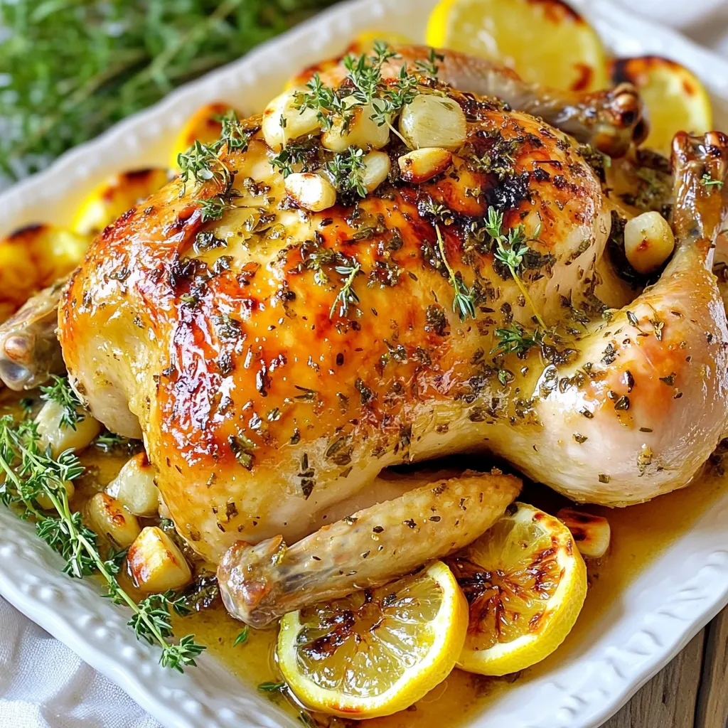 - 1 whole chicken (3-4 lbs) - 1/2 cup unsalted butter, softened - 4 cloves garlic, minced - 1 tablespoon fresh rosemary, chopped - 1 tablespoon fresh thyme, chopped - 1 tablespoon fresh parsley, chopped - Zest of 1 lemon - Salt and pepper to taste - 1 lemon, sliced - 1 onion, quartered - 2 cups chicken broth To make a great herb butter roasted chicken, you need a few key items. The whole chicken is the star. I recommend a 3 to 4-pound bird for the best results. The herb butter gives flavor and moisture. Use unsalted butter to control the saltiness. Fresh herbs like rosemary, thyme, and parsley add depth. Don’t forget garlic for a punch of flavor. Lemon zest brightens the dish, while salt and pepper boost everything. Finally, onion and lemon slices give extra taste when cooked inside the chicken. - Fresh vegetables (carrots, potatoes) for roasting - Additional herbs for more flavor You can add carrots or potatoes to the roasting pan. They soak up the chicken juices and add a side dish. Extra herbs can also enhance the flavor if you want to get creative. - Roasting pan - Mixing bowl - Meat thermometer - Paper towels - Basting brush Using the right tools helps make cooking easier. A roasting pan holds the chicken and collects juices. A mixing bowl is needed for making the herb butter. A meat thermometer checks if the chicken is fully cooked. Paper towels help dry the chicken, and a basting brush is great for spreading butter. With these tools, you can create a perfect herb butter roasted chicken. {{ingredient_image_1}} Start by preheating your oven to 375°F (190°C). This step is key. A hot oven cooks the chicken evenly and helps it brown well. Grab a bowl and mix the softened butter with minced garlic, rosemary, thyme, parsley, lemon zest, salt, and pepper. Use a fork to blend everything until it's smooth. This herb butter adds taste and moisture to the chicken. Take your whole chicken (3-4 lbs) and pat it dry with paper towels. This helps the skin become crispy. Now, carefully loosen the skin at the breast and thighs with your fingers. Make small pockets for the herb butter. Spread the herb butter under the skin evenly. Use your fingers to rub any extra butter all over the outside of the chicken. Next, place lemon slices and quartered onion inside the chicken's cavity. This adds even more flavor during cooking. The lemon gives a zesty taste, while the onion adds sweetness. Put the chicken in a roasting pan. Pour chicken broth around the chicken, not over it. This keeps the chicken moist. Roast it in the oven for about 1 hour and 15 minutes. Check the internal temperature. It should reach 165°F (74°C). Baste the chicken with pan juices halfway through cooking for extra flavor. Once your chicken is done, take it out of the oven. Let it rest for 10-15 minutes. This allows the juices to settle. After it rests, carve the chicken into pieces. Serve it on a large platter, garnished with fresh herbs and roasted lemon slices. Enjoy your flavorful and simple meal! To get that crispy skin, start with a dry chicken. Pat it well with paper towels. This step helps the skin crisp up in the oven. Next, spread the herb butter all over the chicken. Make sure to rub some under the skin too. This adds flavor and helps it brown nicely. Roast the chicken at a high heat, around 375°F (190°C). Basting halfway through with pan juices also helps. It gives the skin a golden color and a tasty crunch. For a juicy chicken, keep the skin on while cooking. The skin locks in moisture. Always check the internal temperature with a meat thermometer. Aim for 165°F (74°C) at the thickest part of the meat. Let the chicken rest for 10-15 minutes after roasting. This step allows the juices to settle. If you cut it too soon, the juices will run out, and the meat will dry. Seasoning is key for flavor. Use fresh herbs like rosemary, thyme, and parsley. They give the chicken a bright flavor. Don't forget to add salt and pepper. They enhance the taste of the chicken. Lemon zest also adds a nice touch. It brings a fresh brightness to the dish. Feel free to add your favorite spices or herbs to the butter mix for even more flavor! Pro Tips Make It Ahead: Prepare the herb butter a day in advance and let it chill in the refrigerator. This allows the flavors to meld beautifully. Use a Meat Thermometer: Insert a meat thermometer into the thickest part of the chicken thigh to ensure it reaches the safe cooking temperature of 165°F (74°C). Resting Time: Allow the chicken to rest after roasting. This helps the juices redistribute, resulting in a juicier and more flavorful chicken. Experiment with Herbs: Feel free to mix and match different herbs like sage or oregano to customize the flavor of your herb butter according to your preference. {{image_2}} You can change the flavor of your chicken by using different herbs. Try basil, oregano, or dill. Each brings a unique taste. If you love spicy food, add some crushed red pepper. For a fresh twist, use mint or cilantro. Mix and match to find your favorite blend. You can roast the chicken in the oven, but there are more ways. Try grilling it for a smoky flavor. Just make sure to marinate it in the herb butter before grilling. A slow cooker is another great option. It keeps the chicken moist and tender. Cook it on low for about 6-8 hours. You’ll get juicy meat with little effort. Using flavored butters can change the dish easily. Try garlic butter or lemon butter for a bright taste. You can also substitute the chicken for a turkey or Cornish hen. They work well with the same herb butter. If you want a lighter version, use olive oil instead of butter. It adds flavor without the extra fat. After dinner, let the chicken cool down. Place any leftovers in an airtight container. Keep it in the fridge. It will stay fresh for about three days. For best taste, eat it sooner. To reheat, preheat your oven to 350°F (175°C). Place the chicken in a baking dish. Cover it with foil to keep it moist. Heat for about 20-25 minutes. Check the center; it should be hot. You can also use a microwave for quick reheating. Just heat in short bursts to avoid drying it out. If you want to save some for later, freezing is a great option. Cut the chicken into pieces for easier storage. Wrap each piece in plastic wrap, then place them in a freezer bag. Remove as much air as possible. This will prevent freezer burn. The chicken can stay frozen for up to three months. When ready to eat, thaw it in the fridge overnight before reheating. You should roast a 4 lb chicken for about 1 hour and 15 minutes. The chicken is done when the internal temperature reaches 165°F (74°C). This ensures the meat is safe to eat and juicy. Yes, you can use dried herbs instead of fresh ones. Use about one-third of the amount since dried herbs are stronger. For example, use 1 teaspoon of dried thyme instead of 1 tablespoon of fresh thyme. Roasted chicken goes well with many side dishes. Here are some tasty options: - Roasted vegetables - Mashed potatoes - Green beans - Salad - Rice pilaf These sides balance the rich flavors of the chicken. Herb butter can be a bit healthier than regular butter. It has fresh herbs that add flavor and nutrients. However, both types of butter are still high in fat, so use them in moderation. You can make herb butter ahead of time. Just mix the ingredients and store it in the fridge for up to a week. You can also freeze it for up to three months. This way, you have it ready when you want to make roasted chicken. You learned how to make a tasty herb butter roasted chicken. We covered key ingredients, step-by-step instructions, and essential tools. I shared tips for crispy skin and juicy meat. You can try different herbs and cooking methods for variety. Storing the leftovers is easy, and reheating them keeps the flavor. Enjoying this dish can bring smiles to your table. With practice, you will impress family and friends with your skills. Keep exploring new recipes and variations. Happy cooking!