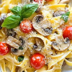 To make Creamy Tuscan Mushroom Pasta, gather these ingredients: - 8 oz fettuccine or your favorite pasta - 2 tablespoons olive oil - 1 medium onion, finely chopped - 3 cloves garlic, minced - 12 oz mixed mushrooms (cremini, shiitake, or button), sliced - 1 teaspoon dried thyme - 1 teaspoon dried basil - 1 cup cherry tomatoes, halved - 1 cup heavy cream - ½ cup vegetable broth - ½ cup grated Parmesan cheese - Salt and pepper to taste - Fresh basil leaves for garnish You can make some easy swaps if you need to. Use any pasta you like, not just fettuccine. You can use coconut milk instead of heavy cream for a lighter sauce. If you want a vegan option, use nutritional yeast instead of Parmesan cheese. Swap fresh herbs for dried ones if you don’t have them. For a twist, add spinach or kale to the mix. This dish serves four people. Each serving has about: - Calories: 520 - Protein: 15g - Carbohydrates: 65g - Dietary Fiber: 3g - Fat: 24g - Saturated Fat: 12g - Sodium: 400mg This pasta is rich and filling. Enjoy it as a main dish, but also be mindful of portion sizes if you want to keep it light! {{ingredient_image_1}} First, you need to cook the pasta. Bring a large pot of salted water to a boil. Add 8 oz of fettuccine. Cook it until al dente, as per the package instructions. Once done, drain the pasta and set it aside. Don’t forget to save ½ cup of the pasta water. Next, sauté the aromatics. Heat 2 tablespoons of olive oil in a large skillet over medium heat. Add 1 medium chopped onion. Sauté it for about 3 to 4 minutes until it turns translucent. Stir in 3 minced garlic cloves and cook for 1 more minute. This step makes your kitchen smell amazing! Now, add the mushrooms. Toss in 12 oz of sliced mixed mushrooms. Season them with salt, pepper, 1 teaspoon of dried thyme, and 1 teaspoon of dried basil. Cook everything for about 5 to 6 minutes until the mushrooms soften and brown nicely. Incorporate the cherry tomatoes next. Add 1 cup of halved cherry tomatoes. Cook for 2 to 3 minutes until they start to soften. This adds a juicy burst to the dish. Now, make the sauce. Pour in 1 cup of heavy cream and ½ cup of vegetable broth. Stir well to mix. Allow this to gently simmer for about 3 to 4 minutes. This is where the sauce gets creamy and rich! Combine everything now. Add the cooked pasta to the skillet along with ½ cup of grated Parmesan cheese. Toss everything together. If it looks dry, add some reserved pasta water, a little at a time, until you reach the creaminess you like. Adjust seasoning with more salt and pepper if needed. Prep time takes about 10 minutes. Cooking the pasta should take around 10 minutes. Sautéing the onion and garlic takes about 5 minutes. Cooking the mushrooms takes another 6 minutes. Finally, simmering the sauce takes 4 minutes. In total, you’ll spend about 30 minutes on this dish. - Pasta: Use plenty of salt in the water for flavor. - Aromatics: Watch the onion closely to avoid burning. - Mushrooms: Don’t overcrowd the pan; cook in batches if needed. - Sauce: Stir gently to prevent sticking and burning. - Combining: Toss the pasta well to coat every piece in sauce. When making creamy Tuscan mushroom pasta, avoid overcooking the pasta. It should be al dente. If you cook it too long, it will become mushy. Also, do not rush the sautéing of the onions and garlic. This step adds depth to your dish. Lastly, be careful with the salt. The Parmesan cheese already adds saltiness, so taste as you go. To make this dish, you need a few tools. Use a large pot for boiling pasta. A non-stick skillet works best for sautéing. A sharp knife will help you chop the onions and garlic. A wooden spoon is great for stirring. Lastly, a measuring cup is useful for the cream and broth. To enhance flavor, try adding fresh herbs like parsley or rosemary. They brighten the dish and add freshness. A squeeze of lemon juice adds a nice zing too. For a kick, sprinkle in some red pepper flakes. If you want a richer taste, consider using a mix of mushrooms. Cremini, shiitake, and button mushrooms together create a great flavor. Pro Tips Use Fresh Herbs: Fresh basil adds a vibrant flavor to the dish. If possible, use fresh herbs instead of dried for a more aromatic experience. Don't Overcook the Pasta: Cook the fettuccine until al dente to maintain a pleasant texture that will hold up in the creamy sauce. Reserve Pasta Water: Always save some pasta water before draining. It can be used to adjust the sauce's consistency and enhance flavor. Experiment with Mushrooms: Try different varieties of mushrooms to find your favorite combination. Each type adds its unique flavor and texture to the dish. {{image_2}} You can make this dish vegan by swapping the heavy cream with coconut milk or cashew cream. Use nutritional yeast instead of Parmesan cheese for a cheesy flavor. Instead of butter, use olive oil or vegan butter to sauté the veggies. These changes keep the dish creamy and rich without dairy. For a gluten-free version, choose gluten-free pasta made from rice or chickpeas. Many brands offer tasty options that mimic regular pasta. Just follow the cooking instructions on the package, as cooking times can vary. This way, everyone can enjoy this delicious meal! Feel free to change the mushrooms based on what's fresh. Try adding asparagus in spring or butternut squash in fall. You can also switch cherry tomatoes for sun-dried tomatoes for a deeper flavor. Mixing in seasonal greens like spinach or kale can add color and nutrition to your dish. To keep your Creamy Tuscan Mushroom Pasta fresh, store it in an airtight container. Make sure to cool the pasta first. Once cooled, place it in the fridge. Use it within three days for the best taste. To reheat, simply warm the pasta in a skillet. Add a splash of water or broth to keep it creamy. Heat on low, stirring gently, until it's hot. You can also use the microwave. Just cover it and heat in short bursts, stirring often. If you want to freeze the pasta, use a freezer-safe container. It can last up to two months in the freezer. When ready to eat, thaw it overnight in the fridge. Reheat as mentioned above for the best results. Yes, you can use different pasta shapes. Bowtie, penne, or spaghetti work well. Choose a pasta that holds the sauce nicely. For a different texture, try whole wheat or gluten-free pasta. Just remember to adjust the cooking time based on the type you choose. To thicken the sauce, add more Parmesan cheese. You can also use cornstarch mixed with water. Another option is to simmer the sauce longer. This helps it reduce and become creamier. Just be careful not to overcook the pasta when you add it back in. A fresh green salad pairs nicely. Consider a Caesar salad or arugula with lemon. Garlic bread also complements this dish well. Roasted vegetables can add color and flavor. For a lighter option, serve it with steamed broccoli or asparagus. In this blog post, we explored the ingredients for Creamy Tuscan Mushroom Pasta, including substitutions and nutritional data. I gave you step-by-step cooking instructions for the perfect dish, along with tips to avoid common mistakes. We discussed flavor enhancements, variations for different diets, and best storage practices. Cooking can be fun and easy with these insights. With the right ingredients and methods, you can create a delicious meal. Enjoy your cooking journey!