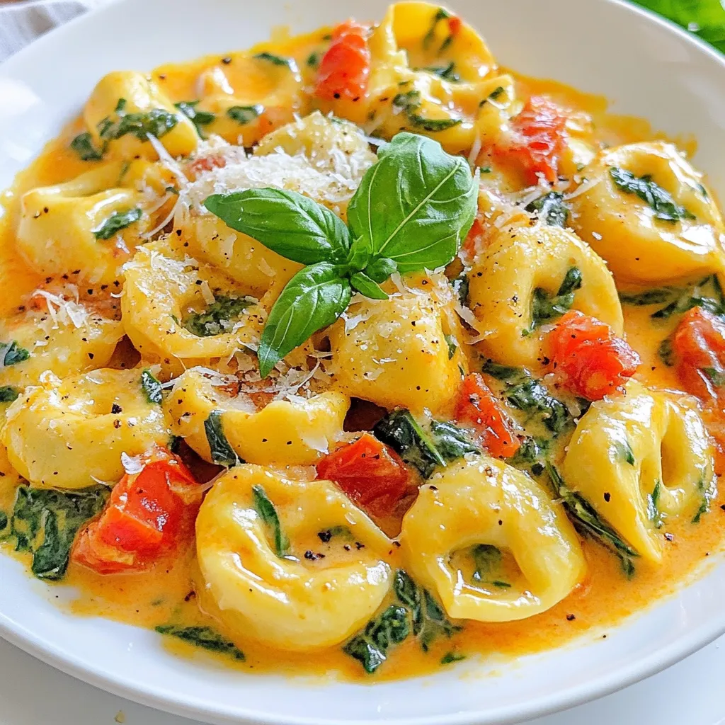 To make Creamy Tomato Spinach Tortellini, gather these ingredients: - 12 oz cheese tortellini (fresh or frozen) - 2 tablespoons olive oil - 3 cloves garlic, minced - 1 can (14 oz) diced tomatoes, undrained - 1 cup heavy cream - 2 cups fresh spinach, tightly packed - 1 teaspoon dried basil - 1 teaspoon dried oregano - Salt and pepper to taste - Grated Parmesan cheese for serving - Fresh basil leaves for garnish You can use either fresh or frozen tortellini. Fresh tortellini cooks fast and has a soft bite. Frozen tortellini may take a bit longer to cook, but it’s just as tasty. Both options work great in this dish. If you want convenience, frozen is perfect. If you crave a fresh feel, go for fresh tortellini. Garnishes make your dish look and taste better. I recommend using: - Grated Parmesan cheese: This adds a nice salty flavor. - Fresh basil leaves: These give a lovely aroma and fresh taste. You can also try red pepper flakes for some heat or lemon zest for a zing. Adjust the seasonings to match your taste! {{ingredient_image_1}} Start by boiling a large pot of salted water. When the water bubbles, add 12 oz of cheese tortellini. Follow the package instructions for cooking time. Once the tortellini is tender, drain it and set it aside. In a large skillet, heat 2 tablespoons of olive oil over medium heat. Add 3 cloves of minced garlic and sauté for about one minute. Watch the garlic closely to prevent burning. Next, pour in one can of diced tomatoes (14 oz), juice included. Let this mixture simmer on low for 3 to 5 minutes. This helps blend the flavors. Slowly add 1 cup of heavy cream, stirring well to make a creamy sauce. Mix in 1 teaspoon of dried basil and 1 teaspoon of dried oregano. Season with salt and pepper to taste. Allow the sauce to cook gently for another 3 to 4 minutes. Now, add 2 cups of fresh spinach to the sauce. Stir until the spinach wilts and mixes in well. Gently fold in the cooked tortellini until it is well coated with the sauce. Heat everything together over low heat for an additional 2 minutes. This warms up the dish. Serve it right away, topped with grated Parmesan cheese and fresh basil leaves for garnish. Enjoy your meal! To get a nice creamy texture, use heavy cream. This cream blends well and gives a rich taste. When you pour it into the skillet, do it slowly. Mix well to avoid lumps. Stir the sauce regularly while it cooks. This keeps it smooth and creamy. One common mistake is burning the garlic. Sauté it for only one minute. Keep an eye on it. If it burns, the sauce will taste bitter. Also, don’t rush adding the heavy cream. Let the tomatoes simmer first to build flavor. If you skip this step, the sauce may taste flat. Cook the tortellini according to the package instructions. Typically, this takes about 3-5 minutes. For the sauce, keep the heat on medium. Let it simmer for about 3-5 minutes once you add the tomatoes. After adding the spinach, cook for just 2 minutes. This keeps it fresh and vibrant. Pro Tips Choose Fresh Tortellini: If possible, opt for fresh tortellini, as it provides a superior texture and flavor compared to frozen options. Don't Overcook the Spinach: Add the spinach towards the end of the cooking process to retain its vibrant color and nutrients. Adjust the Creaminess: For a lighter version, substitute half of the heavy cream with vegetable broth or milk to reduce calories while maintaining flavor. Enhance Flavor with Fresh Herbs: Consider adding fresh basil or parsley right before serving for an aromatic touch that elevates the dish. {{image_2}} You can easily add protein to your creamy tomato spinach tortellini. Cooked chicken or shrimp works well. Simply sauté the protein in the olive oil before adding garlic. For chicken, use about 1 cup, diced. For shrimp, 1 pound of peeled shrimp is perfect. Cook until fully done, then follow the rest of the recipe. This addition will make your meal heartier and more filling. To make this recipe vegan, switch the heavy cream for coconut cream or a nut-based cream. Use vegan tortellini, which you can find in stores or make at home. Replace Parmesan cheese with a vegan alternative or nutritional yeast for a cheesy taste. This way, you can enjoy the creamy texture without dairy. Feel free to change up the seasonings. Instead of dried basil and oregano, try Italian seasoning or fresh herbs like thyme or parsley. Adding a pinch of red pepper flakes can give your dish a nice kick. Experiment with garlic powder or onion powder for extra flavor. These simple swaps can take your tortellini to new heights! To store leftovers, let the dish cool down first. Transfer it to an airtight container. You can keep it in the fridge for up to three days. Make sure to seal the container tightly to keep it fresh. When it's time to eat again, reheat the dish on the stove. Add a splash of water or cream to keep it creamy. Stir it over low heat until it's warm. You can also use the microwave. Heat it in short bursts and stir in between to avoid hot spots. If you want to freeze the tortellini, first cool it completely. Place it in a freezer-safe container or bag. It can last up to three months in the freezer. When you’re ready to eat, thaw it in the fridge overnight. Reheat it gently on the stove for the best texture. Yes, you can use other pasta types. Penne, farfalle, or even spaghetti work well. Each type of pasta offers a unique bite. Just remember to adjust the cooking time. Follow the package directions for best results. This dish remains delicious no matter the pasta. This creamy tomato spinach tortellini lasts about three to four days in the fridge. Store it in an airtight container for freshness. When you reheat, add a splash of cream or water. This keeps the dish creamy and tasty. Yes, you can prepare this dish ahead of time. Cook the tortellini and sauce separately. Combine them just before serving. This keeps the pasta from getting soggy. You can also store leftovers for later enjoyment. We covered how to make a creamy tortellini dish. We discussed the key ingredients and steps, from cooking the tortellini to making the sauce. I shared tips for a smooth texture and saved you from common mistakes. You learned about fun variations like protein options and storage methods. Now you have all the tools to create a tasty meal. Enjoy making this dish as it fits any taste or diet. Get creative and make it your own!