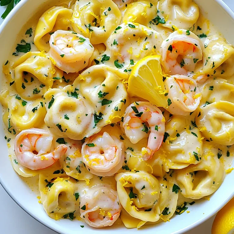 - 12 ounces cheese tortellini (fresh or frozen) - 1 pound shrimp, peeled and deveined - 2 tablespoons olive oil - 3 cloves garlic, minced - 1 cup heavy cream - 1 cup freshly grated Parmesan cheese - 1 tablespoon lemon zest - 2 tablespoons fresh lemon juice - Salt and pepper to taste - 2 tablespoons chopped fresh parsley (for garnish) For this dish, using fresh or frozen ingredients works great. I recommend fresh tortellini for the best taste. If you can’t find it, frozen tortellini is a good choice. You can also swap the shrimp for chicken or even tofu. Just make sure to adjust cooking times slightly. Fresh tortellini tastes softer and has a delightful chew. It cooks quickly and absorbs flavors well. Frozen tortellini, while convenient, may take a bit longer to cook. Both options work in this recipe. If you use frozen, just follow the package directions for cooking. Remember, the goal is to have a tender pasta that holds the creamy lemon sauce beautifully. {{ingredient_image_1}} Start by boiling water in a large pot. Once it boils, add 12 ounces of cheese tortellini. Cook according to the package instructions. This usually takes about 3-5 minutes for fresh tortellini and a bit longer for frozen. When the tortellini floats, it is ready. Drain it well and set it aside. Next, heat 2 tablespoons of olive oil in a large skillet over medium heat. When the oil is hot, add 3 cloves of minced garlic. Sauté the garlic for about 1 minute until it smells good. Be careful not to let it burn. Then, add 1 pound of peeled and deveined shrimp. Cook the shrimp for 2-3 minutes on each side until they turn pink. Season with salt and pepper. Once cooked, take the shrimp out and set them aside. In the same skillet, pour in 1 cup of heavy cream. Let it simmer gently. Stir in 1 cup of freshly grated Parmesan cheese, 1 tablespoon of lemon zest, and 2 tablespoons of fresh lemon juice. Mix until the cheese melts and the sauce is smooth. This creamy lemon sauce is the star of the dish. Now, add the cooked tortellini and shrimp back into the skillet. Toss everything together to coat the pasta and shrimp in the creamy lemon sauce. If needed, add more salt and pepper. Cook for an extra 2-3 minutes. This allows the tortellini to soak up the flavors. Remove from heat and garnish with 2 tablespoons of chopped fresh parsley before serving. Enjoy your meal! To make the creamy sauce just right, I use heavy cream. It gives a rich texture. Heat the cream slowly. This stops it from boiling too fast. Add the cheese after the cream simmers. Grated Parmesan melts well and adds flavor. For extra zing, mix in more lemon juice or zest. Taste as you go to balance the flavors. Cooking shrimp is simple but needs attention. Start with a hot skillet and olive oil. Add the shrimp in a single layer. Cook for 2-3 minutes, flipping them only once. Watch for the color change. They should turn pink and opaque. Overcooked shrimp can become rubbery, so timing is key. To serve, I like using a large shallow bowl. This makes the dish look pretty. Garnish with fresh parsley and lemon zest for color. Adding a lemon wedge to the side is a nice touch. It lets guests squeeze more lemon if they want. Pair this dish with a crisp salad or garlic bread for a complete meal. Pro Tips Fresh Ingredients: Use fresh shrimp for the best flavor and texture. If using frozen shrimp, make sure to thaw them completely before cooking. Perfect Tortellini: Do not overcook the tortellini. It should be al dente, as it will continue to cook slightly when mixed with the hot sauce. Lemon Zest Boost: For an extra burst of lemon flavor, add more lemon zest before serving, or even consider a sprinkle of lemon pepper seasoning. Garnish with Flair: Enhance presentation by garnishing with additional parsley and a few slices of lemon on the side for guests to squeeze over their dish. {{image_2}} You can boost this dish by adding vegetables. Spinach, peas, or cherry tomatoes work great. Just toss them in with the shrimp while cooking. For spinach, add it at the end to wilt. If using peas or tomatoes, add them earlier to cook through. This adds color and nutrition to your creamy lemon shrimp tortellini. If you want to change up the protein, there are options. Chicken or scallops can be great substitutes for shrimp. Cook chicken in the same way as shrimp, ensuring it's fully cooked. For scallops, sear them for about 2 minutes on each side. Both proteins will soak up the creamy lemon sauce just like shrimp. For a gluten-free version, choose gluten-free tortellini. Many brands offer tasty options that fit. To make it dairy-free, swap heavy cream for coconut milk or a dairy-free cream. Nutritional yeast can replace Parmesan for a cheesy flavor. These swaps keep the dish creamy while catering to dietary needs. Store any leftover creamy lemon shrimp tortellini in an airtight container. It will keep well in the fridge for up to three days. Make sure the dish has cooled before sealing it. This helps maintain its creamy texture and flavor. To freeze, portion the dish into airtight containers. You can also use freezer bags. Remove as much air as possible to prevent freezer burn. The tortellini can stay fresh for up to two months in the freezer. Keep in mind that the cream sauce may change texture when thawed. When it’s time to enjoy your leftovers, reheat gently. You can use the stovetop or microwave. For the stovetop, add a splash of water or cream to the skillet. Heat over low until warm. Stir often to prevent sticking. If using the microwave, heat in short bursts. Stir in between to ensure even warming. Enjoy your meal! To make this creamy lemon shrimp tortellini ahead of time, cook the tortellini and shrimp as directed. Then, cool them down and store in separate containers. When you're ready to eat, just reheat everything in a skillet. Add the creamy sauce at the end for the best taste. Yes, you can use other types of pasta. Bowtie, penne, or fettuccine work well. Just make sure to cook it according to the package instructions. The sauce will still taste great with any pasta you choose. You can spice it up by adding red pepper flakes for heat. Fresh herbs like basil or dill can brighten the flavors. A splash of white wine in the sauce adds depth too. Experiment with your favorite spices to make it your own! Shrimp is fully cooked when it turns pink and opaque. It should curl into a C shape. Avoid overcooking; it can become rubbery. If you're unsure, use a food thermometer; it should read 120°F (49°C) when done. This article covers all you need to know for a delicious tortellini dish. We explored the key ingredients, showed you how to cook it step-by-step, and shared tips for a creamy sauce. We also discussed fun variations, storage methods, and answered common questions. Remember, small changes can make big flavors. Enjoy cooking and experimenting with this recipe your way. Happy eating!