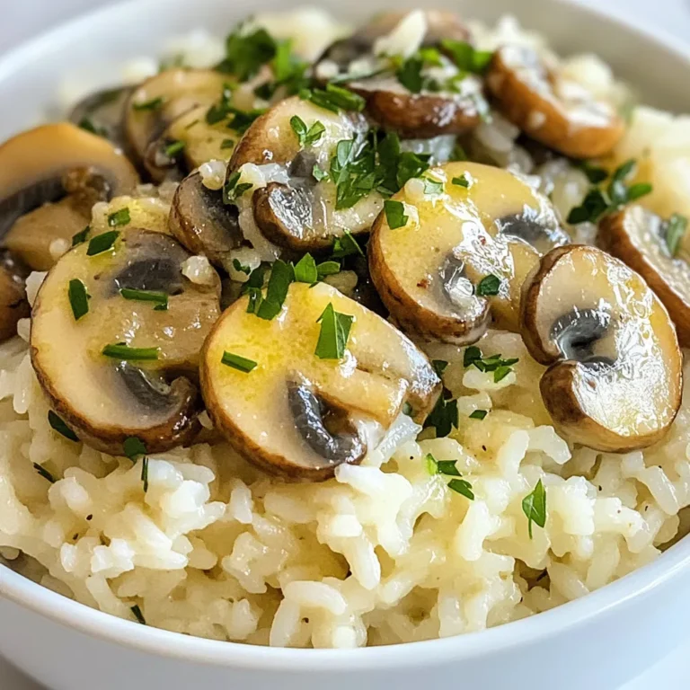 - 1 cup jasmine rice - 2 cups vegetable broth - 1 cup mushrooms, sliced (cremini or button mushrooms) - 4 tablespoons unsalted butter - 4 cloves garlic, minced - 1 small onion, finely chopped - 1 teaspoon dried thyme - 1 teaspoon soy sauce - Salt and pepper to taste - Fresh parsley, chopped (for garnish) Having the right ingredients is key to making Garlic Butter Mushroom Rice. The main star here is jasmine rice. It cooks up fluffy and fragrant. Vegetable broth adds a nice depth of flavor. You can use cremini or button mushrooms; both work well and taste great. For seasonings, unsalted butter gives richness. Garlic and onion bring a savory note that pairs well with mushrooms. Dried thyme adds a lovely earthiness. A splash of soy sauce gives umami, while salt and pepper enhance the flavors. Finally, fresh parsley adds a touch of color and brightness. Using fresh and quality ingredients will make your dish shine. Each element plays a role in creating a comforting and tasty meal. {{ingredient_image_1}} - Rinse the jasmine rice: Start by rinsing 1 cup of jasmine rice under cold water. This step is key. Rinsing helps remove extra starch. You want your rice to be fluffy, not sticky. Keep rinsing until the water runs clear. - Cooking the rice in vegetable broth: In a medium saucepan, bring 2 cups of vegetable broth to a boil. Once boiling, add the rinsed rice. Lower the heat to low and cover it. Let it simmer for about 15 to 20 minutes. When the liquid is absorbed, fluff it with a fork and set it aside. - Sautéing onions until translucent: In a large skillet, melt 2 tablespoons of unsalted butter over medium heat. Add 1 finely chopped small onion. Cook it until it turns translucent, which takes about 2 to 3 minutes. This adds a sweet base to your dish. - Adding garlic for flavor: Now, add 4 minced cloves of garlic to the skillet. Cook for about 1 minute. You want the garlic to become fragrant but not browned. This step brings a rich flavor to the rice. - Tips for achieving golden brown mushrooms: Add 1 cup of sliced mushrooms to the skillet. I prefer cremini or button mushrooms. Turn the heat to medium-high. Sauté the mushrooms until they are golden brown, which takes about 5 to 7 minutes. Stir often to help them cook evenly. This step helps release their moisture and deepen their flavor. - Combining ingredients for final cooking: Lower the heat again and stir in the cooked rice, 1 teaspoon of dried thyme, and 1 teaspoon of soy sauce. Mix in the remaining 2 tablespoons of butter. Season with salt and pepper to your taste. Stir everything well until combined. Let the flavors meld for a few minutes before serving. Rinsing the rice is very important. It removes extra starch. This step helps the rice stay fluffy and not sticky. Rinse the jasmine rice under cold water. Keep rinsing until the water runs clear. To know when the rice is perfectly cooked, check for the texture. The rice should be tender but not mushy. After cooking, let it sit for a few minutes. Fluff it with a fork to keep it light. You can adjust the seasonings to make this dish your own. Adding more soy sauce gives a deeper flavor. If you like it spicy, try a pinch of red pepper flakes. Herbs also add a nice touch. Fresh rosemary or basil can work well. You can even try adding a squeeze of lemon for brightness. Garnishing makes your dish look great. Chopped fresh parsley adds color and freshness. You can also use thin slices of green onions for a pop of flavor. For serving, a simple bowl works, but a plate can show off the rice better. Pair it with grilled chicken or roasted veggies for a complete meal. Pro Tips Rinse the Rice: Always rinse jasmine rice under cold water until the water runs clear to remove excess starch, resulting in a fluffier texture. Choose the Right Mushrooms: Cremini mushrooms add a deeper flavor compared to button mushrooms. Experiment with different varieties for unique taste profiles. Adjusting Seasoning: Taste your dish at the end of cooking and adjust salt and pepper accordingly. Different brands of broth can vary in saltiness. Garnishing: Always add fresh herbs like parsley just before serving to maintain their vibrant color and fresh flavor. {{image_2}} You can boost the flavor of Garlic Butter Mushroom Rice with more veggies. Try adding peas, bell peppers, or spinach. These add color and nutrients. For seasonal touches, use asparagus in spring or squash in fall. Just chop them up and toss them in with the mushrooms. Cook until tender for a bright and tasty dish. Adding protein makes this dish heartier. You can stir in cooked chicken, shrimp, or tofu. If you use chicken or shrimp, cook them first. Add them when you combine the rice with the mushrooms. Tofu works well too; just cube and sauté it with the mushrooms. Adjust cooking times based on what you choose. Chicken needs around 10 minutes, while shrimp cooks in just 5. You can make this dish vegan by swapping butter for olive oil or vegan butter. This keeps the rich taste while catering to plant-based diets. For gluten-free needs, use gluten-free soy sauce. You can also lower the salt by using low-sodium vegetable broth. These options let everyone enjoy this delicious meal without worries. To keep Garlic Butter Mushroom Rice fresh, store it in the fridge. Place it in an airtight container. This prevents moisture loss and keeps the flavors intact. Use a glass or plastic container with a secure lid. Make sure to cool the rice before sealing it. Leftovers can last up to four days in the fridge. When reheating, aim to keep the rice fluffy and moist. Use a microwave-safe dish and add a splash of water. Cover the dish with a lid or plastic wrap. Heat it in the microwave for 1-2 minutes. Stir halfway through to ensure even heating. If using a skillet, add a little butter and sauté over low heat. This will help avoid sogginess. Stir often until warmed through. You can freeze Garlic Butter Mushroom Rice for longer storage. Let the rice cool completely before freezing. Portion it into freezer-safe bags or containers. Remove as much air as possible to prevent freezer burn. The rice can last up to three months in the freezer. To thaw, place it in the fridge overnight. Reheat it using the methods mentioned above. Add a little broth or water if needed to regain its texture. Yes, you can use brown rice. Brown rice is a healthy option. However, cooking time will change. Brown rice needs about 40-45 minutes to cook. You will also need more liquid. Use 2.5 cups of vegetable broth for 1 cup of brown rice. Rinse it well before cooking. To make this dish dairy-free, swap the butter. Use plant-based butter or olive oil. Both work great for flavor. You can also use coconut oil for a different taste. This keeps the dish creamy and delicious without dairy. Make sure to check labels for dairy-free options. This rice pairs well with many dishes. Try serving it with grilled chicken or fish. It also goes great with roasted vegetables. For a vegetarian meal, add a side salad or some steamed greens. Feel free to get creative with your sides! This blog post covered making Garlic Butter Mushroom Rice. We looked at key ingredients like jasmine rice, vegetable broth, and mushrooms. I shared step-by-step methods for cooking and tips for fluffy rice. We also explored flavor variations and storage info. In closing, this dish is simple and full of flavor. You can adjust it to fit your taste or diet. Enjoy trying out these tips and make your own tasty version!