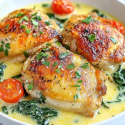 - 4 boneless, skinless chicken thighs - 3 tablespoons olive oil - 4 cloves garlic, minced - 1 cup heavy cream - 1 cup grated Parmesan cheese - 1 teaspoon Italian seasoning - 2 cups spinach leaves - 1 cup cherry tomatoes, halved - Fresh parsley, chopped (for garnish) Gathering your ingredients is the first step to making garlic Parmesan chicken. The main part of this dish is the chicken thighs. They stay juicy and cook well in a skillet. You’ll also need olive oil and garlic. The garlic gives a strong, tasty flavor. Next, let’s talk about the sauce. The sauce has heavy cream which makes it rich and smooth. The grated Parmesan cheese adds a nice salty touch. Italian seasoning gives it a warm flavor that blends well with the chicken. Don’t forget the veggies! Spinach adds color and nutrition. Cherry tomatoes bring a sweet taste and a pop of freshness. Finally, you’ll need fresh parsley. It’s a lovely garnish that makes the dish look pretty. Once you have all these ingredients, you are ready to start cooking. Each part plays an important role in making this dish delicious. Enjoy gathering and prepping your ingredients! {{ingredient_image_1}} First, season the chicken thighs with salt and pepper. Heat 3 tablespoons of olive oil in a large skillet over medium-high heat. Once hot, carefully add the chicken thighs. Sear them for 5-7 minutes on each side. You want them golden brown and cooked through. Use a meat thermometer to check for doneness; the internal temperature should reach 165°F (75°C). Once cooked, remove the chicken from the skillet and set it aside. Next, lower the heat to medium. Add 4 cloves of minced garlic to the skillet. Sauté the garlic for 1-2 minutes until it becomes fragrant. Then, pour in 1 cup of heavy cream. Stir in 1 teaspoon of Italian seasoning. Allow the mixture to come to a gentle simmer, stirring occasionally. Gradually whisk in 1 cup of grated Parmesan cheese. Whisk until the sauce is smooth and creamy. Now it's time to bring everything together. Add 2 cups of spinach leaves and 1 cup of halved cherry tomatoes to the skillet. Stir the mixture until the spinach wilts and the tomatoes soften. Return the chicken thighs to the skillet, pushing them into the creamy sauce. Let everything simmer together for about 3-4 minutes. Taste the dish and adjust the seasoning with more salt and pepper if needed. To make the chicken shine, season it well with salt and pepper before cooking. Use a good amount on both sides to boost flavor. For a crispy exterior, let your chicken sear without moving it for the first few minutes. This helps it brown nicely. Cook the chicken until it reaches an internal temp of 165°F (75°C) to keep it juicy and safe. You can switch up the cheese in this dish. Try using mozzarella or even a sharp cheddar for a fun twist. If you want extra flavor, add spices like paprika or red pepper flakes to the sauce. These spices will give the dish a nice kick without overpowering the garlic and Parmesan. Garnish your dish with fresh parsley for a pop of color. This makes the meal look more inviting. Serve the chicken on a bed of creamy sauce with a side of crusty bread or a simple salad. This adds balance and makes your meal feel complete. Pro Tips Choose the Right Chicken: Opt for bone-in thighs for extra flavor and juiciness, but if you prefer boneless, ensure they are evenly sized for consistent cooking. Don't Rush the Garlic: Be careful not to burn the garlic when sautéing; it should be light golden to enhance the sauce without bitterness. Adjust the Creaminess: If you prefer a thicker sauce, let it simmer longer to reduce, or add more cheese for an extra creamy texture. Fresh Herbs Matter: For the best flavor, use fresh parsley as a garnish; it brightens the dish and adds a lovely color contrast. {{image_2}} You can easily swap chicken for turkey or shrimp in this dish. Turkey thighs work well if you prefer a leaner meat. Shrimp cooks fast, so adjust your cooking time. For shrimp, cook for just 2-3 minutes on each side. This keeps it juicy and tender. If you use turkey, cook it for 7-9 minutes on each side. Make sure the meat is cooked through and safe to eat. Adding more veggies can boost flavor and nutrition. Mushrooms add a nice earthiness. Just slice them and add them with the garlic. Bell peppers add a sweet crunch. You can mix in different colors for a vibrant look. A vegetable medley of your choice can make this dish even more colorful. Try zucchini, asparagus, or broccoli for more variety. To make this dish gluten-free, check the Parmesan cheese label. Some brands add gluten. You can also use gluten-free pasta if you want to serve it that way. For low-carb options, skip the pasta and serve the chicken over a bed of spinach. You still get a hearty meal without the extra carbs. These small changes help fit various diets while keeping the dish delicious. Store any leftover garlic Parmesan chicken in an airtight container. This keeps the dish fresh. You can refrigerate it for up to three days. Make sure it cools down before you seal it. This helps prevent moisture build-up. For long-term storage, freezing is a great option. Place the cooled chicken in a freezer-safe bag. Remove as much air as possible before sealing. The dish can stay frozen for up to three months. When you want to eat it, thaw it overnight in the fridge. To reheat, you can use a microwave or a skillet. If using a microwave, heat in short bursts. Stir often to ensure even heating. If you prefer the skillet, add a splash of cream. This keeps the sauce creamy and smooth. Always check that it is heated through before serving. Yes, you can use frozen chicken. Just make sure to thaw it first. You can do this in the fridge overnight or use the microwave. If you cook it from frozen, add extra time. Always check that the chicken is fully cooked before serving. To add some heat, you can use red pepper flakes. Start with a pinch and taste. You can also mix in some hot sauce to the creamy sauce. Another option is to add diced jalapeños for a fresh kick. Adjust the spice to your liking. This dish pairs well with many sides. You can serve it with pasta or rice to soak up the sauce. A fresh salad adds a nice crunch. Garlic bread is another great choice. You can also serve it with steamed veggies for a healthy touch. Yes, this recipe is perfect for meal prep. You can make a large batch and store it. Just divide it into portions and keep it in the fridge. It stays good for about three to four days. You can reheat it quickly in the microwave or on the stove. This blog post gives you all you need to create a delicious garlic Parmesan chicken dish. You learned about the main ingredients, step-by-step cooking instructions, tips for perfecting your meal, and ways to adapt the recipe. Whether you choose chicken, turkey, or shrimp, the flavors will shine through. Remember to store leftovers properly and use the reheating tips for the best taste. Enjoy experimenting with different veggies and sauces. Your kitchen will be full of tasty aromas and smiles!