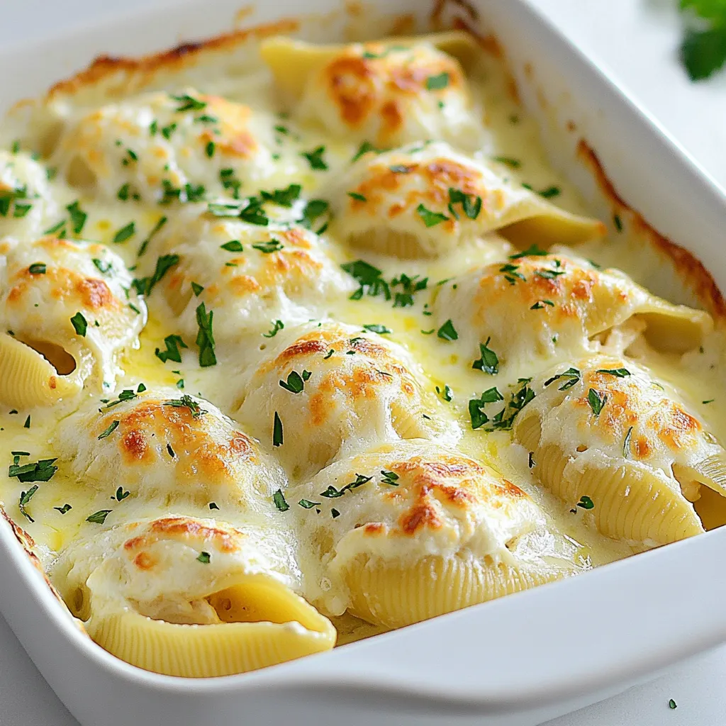 Here are the ingredients you need for Chicken Alfredo Stuffed Shells. Each one plays a key role in creating a rich, creamy dish that your family will love. - 20 jumbo pasta shells - 2 cups cooked chicken, shredded - 1 cup ricotta cheese - 1 cup mozzarella cheese, shredded (plus more for topping) - 1/2 cup Parmesan cheese, grated - 2 cups Alfredo sauce (store-bought or homemade) - 2 cloves garlic, minced - 1 teaspoon Italian seasoning - Salt and pepper to taste - Fresh parsley, chopped (for garnish) These ingredients combine to make a tasty filling, creamy sauce, and a cheesy topping. The jumbo pasta shells hold everything together, making each bite a delight. Whether you use store-bought or homemade Alfredo sauce, you can still create an amazing meal. Feel free to adjust the cheeses or add your favorite herbs to make it your own. Enjoy cooking! {{ingredient_image_1}} 1. Preheating the oven: Start by preheating your oven to 350°F (175°C). This step ensures your dish bakes evenly and thoroughly. 2. Cooking the pasta shells: Boil a large pot of water. Add the jumbo pasta shells and cook them until they are al dente. This usually takes about 10-12 minutes. Drain the shells and place them aside to cool slightly. 3. Mixing the filling: In a big bowl, mix the shredded chicken, ricotta cheese, 1 cup of mozzarella, Parmesan cheese, minced garlic, Italian seasoning, and salt and pepper. Stir everything well until combined. This filling is rich and creamy, perfect for stuffing. 1. Spreading the Alfredo sauce: Pour 1 cup of Alfredo sauce into a 9x13-inch baking dish. Spread it evenly on the bottom. This layer keeps the shells moist while baking. 2. Stuffing the shells: Take each cooked shell and fill it generously with the chicken mixture. Place them in the baking dish, seam side up. Arrange them in a single layer for even cooking. 3. Adding sauce and cheese: Pour the remaining Alfredo sauce over the stuffed shells. Make sure all shells are well covered. Next, sprinkle additional mozzarella cheese on top for a melty, cheesy finish. 1. Covering and cooking times: Cover the baking dish with aluminum foil. Bake the shells for 25 minutes. This helps steam the shells and keep them moist. 2. Final baking and serving preparation: After 25 minutes, remove the foil. Bake for another 10-15 minutes until the cheese is bubbly and golden. Once done, let the dish sit for a few minutes. Garnish with fresh parsley before serving. Enjoy your delicious Chicken Alfredo stuffed shells! To perfect Chicken Alfredo Stuffed Shells, focus on two key areas: pasta texture and filling consistency. - Ensuring the right pasta texture: Cook the jumbo shells until al dente. This means they should be firm but not hard. Overcooked shells can break when you stuff them. Follow the package directions closely. Once cooked, drain them and let them cool a bit. - Achieving the ideal filling consistency: Mix your filling well. Combine shredded chicken, ricotta, mozzarella, Parmesan, garlic, and Italian seasoning. The filling should be creamy and easy to spoon into the shells. If it’s too thick, add a little Alfredo sauce to loosen it up. Getting the cheese to melt just right is important for a great dish. - Optimizing cheese melting: Use shredded mozzarella for the best melt. When you top the shells with cheese, cover them with foil for the first part of baking. This traps steam and helps the cheese melt evenly. - Customizing flavors with herbs and spices: Don't be afraid to get creative! Add extra herbs like basil or thyme. A pinch of red pepper flakes can add a nice kick, too. Taste your filling and adjust the seasonings to your liking. Pair your Chicken Alfredo Stuffed Shells with simple sides for a balanced meal. - Ideal side dishes: Garlic bread or breadsticks go well with this dish. They add a nice crunch and soak up the sauce. - Pairing with salads or bread: A fresh green salad brings a nice contrast to the creamy dish. Use a light vinaigrette for a refreshing touch. You can also serve with steamed veggies like broccoli or green beans for added color and nutrition. Pro Tips Use Fresh Ingredients: Fresh herbs and high-quality cheeses can elevate the flavor of your stuffed shells significantly. Opt for fresh parsley and freshly grated Parmesan for the best results. Customize Your Filling: Feel free to add vegetables like spinach, mushrooms, or bell peppers to the chicken mixture for extra flavor and nutrition. Make Ahead: You can prepare the stuffed shells a day in advance. Just cover them with foil and refrigerate until you're ready to bake them, adding a few extra minutes to the baking time. Perfectly Cooked Shells: Ensure you cook the jumbo pasta shells until they are al dente, as they will continue to cook in the oven and avoid becoming mushy. {{image_2}} You can switch chicken for other proteins. Try using ground turkey or beef for a new twist. Shrimp also works well if you want seafood. If you prefer vegetarian options, consider using spinach and mushrooms. These ingredients add flavor and texture. You can even use a mix of roasted veggies for a healthy touch. Making your own Alfredo sauce is easy and tasty. Simply melt butter, add cream, and mix in Parmesan cheese. You can also add garlic for extra flavor. If you want to try different sauces, consider pesto or marinara. Both provide unique tastes that can change the dish completely. For gluten-free options, use gluten-free pasta shells. Many brands offer great choices that taste just as good. If you are on a low-carb diet, consider zucchini noodles instead. This change keeps the meal light and healthy. For dairy-free needs, use cashew cream or a dairy-free cheese blend. These options give you creamy richness without dairy. After making Chicken Alfredo Stuffed Shells, you may have some left. Store them in the fridge for up to three days. Place the shells in an airtight container to keep them fresh. If you want to keep them longer, you can freeze them. Wrap the filled shells tightly in plastic wrap or foil. Then, place them in a freezer-safe bag. They can last up to three months in the freezer. When you're ready to enjoy the leftovers, reheating is key. The best method is using the oven. Preheat your oven to 350°F (175°C). Place the shells in a baking dish and cover with foil. Heat for about 20 to 25 minutes. This will help keep the shells moist. If you're in a hurry, you can use the microwave. Just be sure to cover the dish to avoid dryness. Heat in short bursts, checking often, until warm. Yes, you can prepare Chicken Alfredo Stuffed Shells ahead of time. You can stuff the shells and place them in the baking dish with the sauce. Cover the dish and store it in the fridge for up to 24 hours. When ready, bake it straight from the fridge. Just increase the cooking time by about 10 minutes. If you need a substitute for ricotta cheese, try cottage cheese. You can also use cream cheese or mascarpone for a richer taste. Just blend them until smooth. These options will still give you a creamy filling. Cooking frozen stuffed shells takes about 45 to 55 minutes. First, preheat your oven to 350°F (175°C). Cover the dish with foil to keep moisture in. Halfway through, remove the foil to let the cheese brown. Always check that they are heated all the way through before serving. You now know how to make Chicken Alfredo Stuffed Shells. We covered the key ingredients, from pasta to cheese. You learned the steps for preparation, assembly, and baking. I shared tips to perfect your recipe and explore fun variations. Don't forget storage tips and answers to common questions. Enjoy making this dish for a tasty meal with family and friends! Your kitchen adventures can be fun and satisfying. Now, it’s time to gather your ingredients and start cooking!