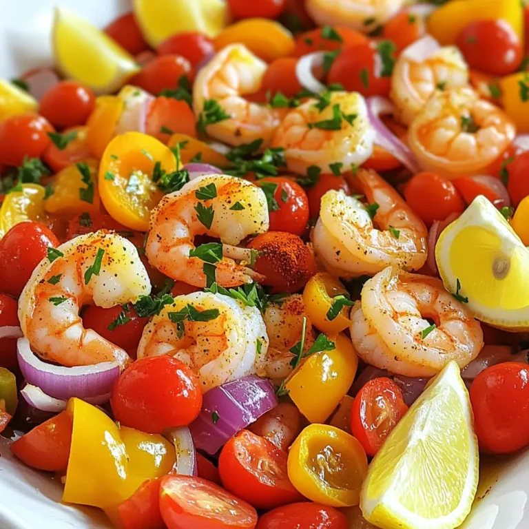 When making Sheet Pan Mediterranean Shrimp, you need fresh and tasty ingredients. Here’s what you will use: - 1 lb jumbo shrimp, peeled and deveined - 2 cups cherry tomatoes, halved - 1 red bell pepper, sliced - 1 yellow bell pepper, sliced - 1 red onion, cut into wedges - 4 cloves garlic, minced - 1 tsp dried oregano - 1 tsp smoked paprika - 1/2 tsp crushed red pepper flakes (optional) - 1/4 cup olive oil - Salt and pepper to taste - Fresh parsley, chopped (for garnish) - Lemon wedges (for serving) Each ingredient brings its own flavor. The jumbo shrimp provide a sweet and juicy bite. The cherry tomatoes add a burst of freshness. Bell peppers bring crunch and color. Red onion adds a nice zing. Garlic gives a rich aroma. Seasonings like oregano and smoked paprika give warmth. The red pepper flakes add a hint of heat, if you like spice. Olive oil helps everything cook perfectly. Salt and pepper bring out the flavors. Don’t forget the parsley for a pop of color! Lemon wedges make the dish bright and zesty. Together, these ingredients create a vibrant meal that tastes like a day by the sea. 1. Preheat the oven and prepare the baking sheet Set your oven to 400°F (200°C). This heat will make your shrimp cook perfectly. Line a large baking sheet with parchment paper. This step helps with cleanup later. 2. Combine ingredients in a large bowl Take a big bowl and add the shrimp, cherry tomatoes, red and yellow bell peppers, red onion, and minced garlic. Mixing these fresh ingredients will give you a bright and tasty dish. 3. Drizzle olive oil and season Pour 1/4 cup of olive oil over the mix. Then, sprinkle in the oregano, smoked paprika, crushed red pepper flakes, salt, and pepper. Use your hands or a spoon to toss everything well. Make sure the shrimp and veggies are coated nicely. 1. Arrange shrimp and vegetables on the baking sheet Spread the shrimp and vegetable mix evenly on the parchment-lined baking sheet. This helps them cook well and get nice and crispy. 2. Baking instructions and tips for perfect shrimp Place the baking sheet in the oven and bake for 10-12 minutes. Keep an eye on the shrimp. They are done when they turn pink and opaque. Stir the mix halfway through cooking for even results. Once done, take it out and watch your meal shine! To ensure shrimp are perfectly cooked, I recommend these simple steps. First, look for shrimp that are bright pink and plump. This means they are fresh and ready to cook. When baking, keep an eye on the shrimp. They only need about 10 to 12 minutes in the oven. If they turn pink and opaque, they are done. Overcooking makes them tough and rubbery. For seasoning adjustments, taste your mix before baking. If you like more spice, add extra crushed red pepper flakes. For a milder flavor, cut back on the spices. You can always add more later. Garnishing your dish makes it look fancy. I love to add fresh chopped parsley on top for color. It also gives a nice flavor boost. For a zesty kick, serve lemon wedges on the side. Guests can squeeze fresh lemon juice over the shrimp. When it comes to serving, use a large platter. Arrange the shrimp and veggies in a colorful way. This makes the dish inviting. Pair it with warm bread or a simple salad for a complete meal. Enjoy your beautiful Mediterranean shrimp feast! {{image_2}} You can switch up the seafood in this dish. Instead of jumbo shrimp, try scallops or firm white fish. Both options add great taste. Adjust cooking times based on what you choose. You can also add more veggies. Zucchini, asparagus, or eggplant work well. Just chop them into bite-sized pieces. This will add texture and flavor. Don’t be afraid to play with spices! You can use cumin, coriander, or even curry powder for a twist. Just start with a small amount, then taste as you go. Adding sauces can boost the flavor too. Try a splash of balsamic vinegar or a drizzle of tahini. You can also use a store-bought marinade for quick flavor. To keep your shrimp fresh, follow these steps: - Place leftovers in an airtight container. - Store in the fridge for up to three days. - Make sure the shrimp cool down before sealing the container. For freezing, use these tips: - Place leftovers in a freezer-safe bag or container. - Remove as much air as possible to prevent freezer burn. - They can last up to three months in the freezer. Reheating shrimp can be tricky; you want to keep the flavor and texture. Here’s how: - Use a skillet on low heat. - Add a splash of water or broth to prevent drying out. - Cook gently, stirring often, until heated through. You can also use the microwave, but be careful: - Heat in short bursts of 30 seconds. - Stir between each burst to ensure even heating. Following these tips helps maintain the dish's taste and texture, making your meal just as delightful as when it was fresh! What if I can’t find jumbo shrimp? You can use large shrimp instead. They will still cook well and taste great. Just adjust the cooking time slightly. If they are smaller, check them a bit earlier. Can I use frozen shrimp for this recipe? Yes, frozen shrimp work well. Thaw them first before cooking. You can do this by placing them in cold water for about 15 minutes. Dry them well before mixing with other ingredients. How do I know when the shrimp is done cooking? Look for a pink color and opaque flesh. This usually takes about 10-12 minutes in the oven. If you can easily curl them into a “C” shape, they are done. What sides pair well with Mediterranean shrimp? Serve it with warm pita bread or a fresh salad. Rice or couscous also make great sides. You can even add some roasted veggies for extra flavor. Can I make this dish ahead of time? Yes, you can prep all the ingredients a day before. Just store them in the fridge. Cook them right before serving for the best taste. What is the best way to enhance the Mediterranean flavors? Add more herbs like basil or thyme. You can also try using lemon zest for added brightness. A drizzle of balsamic glaze gives a nice touch too. This post covered a simple and tasty shrimp dish. We detailed the ingredients, cooking steps, and tips for perfect results. You learned how to store leftovers and even answered common questions. Remember, you can always adjust flavors and ingredients to fit your taste. Cooking should be fun and creative. Try new things and make the dish your own. Enjoy your cooking journey and share your tasty results with others!