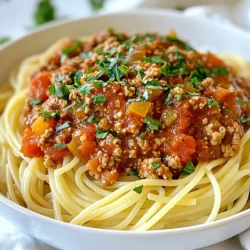 To make Garlic Herb Turkey Bolognese, you need fresh and simple ingredients. Here’s what you will gather: - Ground turkey - Olive oil - 1 large onion, finely chopped - 4 cloves garlic, minced - 1 medium carrot, diced - 1 medium celery stalk, diced - 1 can (15 oz) crushed tomatoes - 1 tablespoon tomato paste - 1 teaspoon dried oregano - 1 teaspoon dried thyme - 1/2 teaspoon crushed red pepper flakes (optional for spice) - Salt and pepper to taste - 1/4 cup fresh basil, chopped - Fresh parsley, for garnish - Cooked pasta of your choice (tagliatelle or spaghetti) Each ingredient plays an important role in the dish. Ground turkey adds lean protein that keeps it light. Olive oil provides a rich base for flavor. The onion and garlic give a savory aroma. Carrots and celery add sweetness and texture. Crushed tomatoes and tomato paste create a thick and hearty sauce. Dried herbs bring depth, while fresh basil adds brightness. Feel free to swap ingredients based on your taste or what you have at home. The key is to keep it simple and fresh for a great meal. {{ingredient_image_1}} First, heat olive oil in a large skillet over medium heat. Once the oil is hot, add the finely chopped onion. Sauté the onion for about 3-4 minutes until it turns translucent. This step builds a great base for your sauce. Next, add minced garlic, diced carrot, and diced celery to the skillet. Cook these for another 5 minutes. You want the vegetables to soften but not brown. They will add sweetness and depth to your dish. Now, it’s time to brown the ground turkey. Increase the heat to medium-high. Add the turkey to the skillet. Use a spatula to break it apart as it cooks. This should take about 6-8 minutes. Cook until the turkey is no longer pink. After browning the turkey, stir in crushed tomatoes and tomato paste. Add dried oregano and thyme for flavor. If you like some heat, throw in crushed red pepper flakes. Season with salt and pepper to taste. This mixture should now come to a gentle simmer. To let the flavors meld, reduce the heat to low. Let the sauce simmer for 20-25 minutes. Stir it occasionally to prevent sticking. This simmering time thickens the sauce nicely. Before serving, mix in the chopped fresh basil. It adds a burst of fresh flavor to the dish. Serve the Bolognese sauce over your choice of cooked pasta. Garnish with fresh parsley for a pop of color. Enjoy your meal! Fresh herbs bring life to any dish. In this Garlic Herb Turkey Bolognese, fresh basil is key. It adds bright notes that enhance the rich sauce. After cooking, mix in the chopped basil just before serving. This keeps its vibrant taste and color. Balancing acidity in tomatoes is vital for flavor. Crushed tomatoes can be tart. To reduce acidity, add a bit of sugar or a splash of balsamic vinegar. This adjustment smooths the sauce and makes it more enjoyable. Sautéing is an art that builds flavor. Start with olive oil and let it heat. Add onions first and cook them until soft. This step releases their natural sweetness. Then, add garlic, which cooks quickly. Be careful not to burn it, as that can turn your dish bitter. To achieve the perfect turkey texture, cook it until browned. Break apart the meat with a spatula as it cooks. This helps it cook evenly and prevents clumping. Once it’s browned, add the tomatoes and herbs for a rich sauce. For pasta, tagliatelle or spaghetti works well. These types hold the sauce nicely, making each bite flavorful. Cook the pasta according to the package directions for the best texture. Garnishing adds a touch of elegance. Sprinkle fresh parsley on top before serving. This not only looks great but adds a hint of freshness. A simple touch can make your dish stand out on the table. Pro Tips Use Fresh Herbs: Fresh herbs like basil and parsley enhance the flavor of your Bolognese. Add them at the end of cooking to preserve their vibrant taste. Adjust the Spice: If you prefer a milder sauce, reduce or omit the crushed red pepper flakes. You can always serve additional spice on the side for those who like it hot! Pair with the Right Pasta: Wide noodles like tagliatelle or pappardelle hold onto the sauce better than thinner varieties, making for a more satisfying dish. Make it Ahead: This sauce tastes even better the next day as the flavors deepen. Make a double batch and freeze half for a quick meal later! {{image_2}} You can easily change the meat in this recipe. Try using ground beef or chicken for a different taste. If you want a plant-based option, use lentils or mushrooms. These swaps keep the dish fresh and fun. You can also switch up the veggies. Add bell peppers, zucchini, or spinach for extra color and nutrients. Each choice adds a unique twist to your Bolognese. For a gluten-free meal, use gluten-free pasta. Many brands offer great options that still taste amazing. You can also spiralize zucchini or carrots for a low-carb alternative. These swaps keep your meal healthy and light. Want to elevate the flavor? Add a splash of red wine to the sauce. It deepens the taste and adds richness. If you prefer a creamy sauce, stir in a bit of heavy cream or milk near the end. This makes the sauce smooth and luscious. Don’t forget about the spice! Adjust the red pepper flakes to suit your taste. More flakes bring heat, while less keep it mild. You control the flavor. To store your Garlic Herb Turkey Bolognese, use airtight containers. Place the cooled sauce in the fridge. It will stay fresh for about three to four days. For longer storage, freeze it. Use freezer-safe bags or containers. Make sure to leave some space for expansion. This way, you can enjoy it later without losing flavor. When you reheat the sauce, use a saucepan. Heat it over low to medium heat. Stir it often to keep it from burning. If the sauce seems thick, add a splash of water or broth. For pasta, reheat it in boiling water for just a few minutes. This helps keep the texture nice and firm. The refrigerated sauce lasts about three to four days. If you freeze it, it can last for up to three months. Just remember to label your containers with the date. This way, you can keep track of how long it has been stored. Enjoy your meal when you are ready! You can serve Garlic Herb Turkey Bolognese with various sides. Here are some ideas: - A simple green salad with vinaigrette. - Garlic bread or crusty rolls for dipping. - Steamed or roasted vegetables for added nutrition. - Grated Parmesan cheese on top for extra flavor. These sides balance the meal and add more taste. Yes, you can make this recipe ahead of time! Prepare the sauce and let it cool. Store it in an airtight container in the fridge. Use it within three days for the best taste. You can also freeze it for up to three months. Just thaw and reheat when you are ready to eat. To check if the turkey is cooked, use a meat thermometer. The internal temperature should reach 165°F (74°C). If you don’t have a thermometer, look for these signs: - The turkey should be browned with no pink spots. - The juices should run clear when you cut into it. These tips ensure that your turkey is safe to eat. Yes, you can adapt this recipe for both slow cookers and Instant Pots. For a slow cooker: - Sauté the onion, garlic, and turkey on the stove first. - Then, add all ingredients to the slow cooker. - Cook on low for 6-8 hours or high for 3-4 hours. For an Instant Pot: - Use the sauté function to brown the turkey and veggies. - Add the rest of the ingredients. - Seal the lid and cook on high pressure for 10-15 minutes. These methods save time and still give you a tasty meal. In this article, we explored a tasty Garlic Herb Turkey Bolognese recipe. We covered ingredients, step-by-step cooking, and tips to enhance flavor. You learned how to swap ingredients for dietary needs and streamline storage. This dish offers a perfect balance of nutrition and flavor that suits many diets. Remember, cooking can be fun and creative, so don’t hesitate to make your own twists. Enjoy your meal and share it with others!