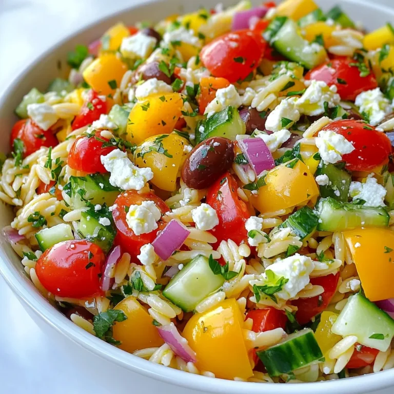 - 1 cup orzo pasta - 1 cup cherry tomatoes, halved - 1 cucumber, diced - 1 bell pepper (red or yellow), diced - 1/2 red onion, finely chopped - 1 cup Kalamata olives, pitted and halved - 1/2 cup feta cheese, crumbled - 1/4 cup fresh parsley, chopped - 1/4 cup olive oil - 2 tablespoons red wine vinegar (or lemon juice) - 1 teaspoon dried oregano - Salt and pepper to taste Using fresh produce makes a big difference in this salad. Each vegetable adds its own flavor and texture. Cherry tomatoes bring sweetness and juiciness. They also contain vitamin C and antioxidants. Cucumbers add crunch and hydration. They help keep the salad light and refreshing. Bell peppers offer a sweet bite and vibrant colors. They are high in vitamins A and C. Red onions add a sharp taste that balances well with the olives and feta. Quality ingredients elevate your dish. Fresh, ripe vegetables taste better. They also look more appealing. Kalamata olives provide a rich, briny flavor. Choose olives packed in brine, not oil. Feta cheese should be creamy and crumbly. Authentic Greek feta has a unique taste. For the best dressing, use high-quality olive oil. It adds a fruity note and enhances all flavors. Using good ingredients means your Greek Veggie Orzo Salad will be both tasty and healthy. {{ingredient_image_1}} To start, bring a large pot of salted water to a boil. Add 1 cup of orzo pasta to the pot. Cook it for about 8 to 10 minutes. You want the orzo to be tender but not mushy. Once it's ready, drain the orzo in a colander. Rinse it under cold water to stop the cooking process. This keeps the orzo firm and fresh. While the orzo cooks, it's time to chop the veggies. Take 1 cup of cherry tomatoes and cut them in half. Dice a cucumber and a bell pepper. You can use red or yellow, whichever you like more. Finely chop 1/2 a red onion. In a large mixing bowl, combine all your chopped veggies. This mix will add color and crunch to your salad. Now, add the cooled orzo to your bowl of veggies. Toss in 1 cup of Kalamata olives, pitted and halved. Crumble in 1/2 cup of feta cheese for a creamy touch. Next, we need to make the dressing. In a small bowl, whisk together 1/4 cup of olive oil, 2 tablespoons of red wine vinegar or lemon juice, and 1 teaspoon of dried oregano. Season with salt and pepper to taste. Drizzle this dressing over the salad and toss gently. Make sure everything is well coated. For the best flavor, chill the salad in the fridge for at least 30 minutes before serving. Enjoy your fresh and flavorful Greek Veggie Orzo Salad! To cook orzo, bring a large pot of salted water to a boil. Add the orzo and cook for about 8-10 minutes. Stir it often to prevent sticking. Once tender, drain the orzo and rinse it under cold water. This stops the cooking and keeps it from getting mushy. Cooling orzo is key to a great salad. To enhance flavors, use fresh ingredients. Fresh parsley and ripe tomatoes make a big difference. When mixing the dressing, whisk olive oil and red wine vinegar well. This ensures the flavors blend. Don’t skip the oregano; it adds a wonderful herbal taste. Taste the salad after mixing and adjust salt and pepper as needed. For an eye-catching look, serve the salad in a large bowl. Top it with extra parsley and feta cheese. You can also serve individual portions in mason jars for fun. This way, each person gets a pretty serving. For a picnic, these jars make it easy to grab and go! Pro Tips Cook Orzo Al Dente: Ensure you cook the orzo just until al dente for the best texture in your salad. It will continue to absorb flavors and moisture as it sits. Use Fresh Herbs: Fresh parsley adds a vibrant flavor. Feel free to experiment with other herbs like dill or mint for a unique twist on the traditional Greek taste. Customize Your Veggies: This salad is versatile! You can add other vegetables like artichokes, spinach, or even roasted red peppers to suit your preferences. Let It Chill: Allowing the salad to chill in the fridge for at least 30 minutes helps meld the flavors together, making each bite more delicious. {{image_2}} You can make this salad heartier by adding protein. Grilled chicken breast works well. Slice it thin and toss it in. Shrimp is another great choice. Cook the shrimp until pink and juicy, then add them to the mix. Both options boost flavor and nutrition. This salad is easy to tweak for different diets. If you want a vegetarian option, just skip the feta cheese. You can add extra olives or nuts for crunch. For vegan, use plant-based cheese. It adds creaminess without dairy. Feel free to get creative with ingredients. Swap cherry tomatoes for sun-dried tomatoes for a deeper flavor. You might try quinoa instead of orzo for a nutty twist. Different herbs, like basil or dill, can also change the taste. Use what you love! To keep your Greek veggie orzo salad fresh, place it in an airtight container. Make sure to cover it well. Store the salad in the fridge for up to three days. If you notice any extra liquid, drain it before serving again. This keeps the texture nice and firm. When prepping this salad, chop the veggies ahead of time. You can store them in separate containers in the fridge. Prepare the dressing in advance, too. Keep it in a small jar. This way, you can mix everything just before serving. It makes the meal fresh and bright. This salad is best served cold or at room temperature. If you want to reheat it, do so gently. Place it in a pan over low heat, stirring often. Avoid using the microwave, as it can make the orzo mushy. After reheating, add a drizzle of olive oil to refresh the flavors. Yes, you can make this salad ahead of time. In fact, it tastes even better after sitting for a bit. I recommend making it a few hours before you plan to eat. Just cover it and chill in the fridge. This helps the flavors blend nicely. If you can't find orzo, you have options. Try using quinoa, couscous, or even small pasta shapes like ditalini. Each will change the texture a bit, but they still work well in this salad. Make sure to adjust cooking times based on what you choose. This recipe is not gluten-free because of the orzo pasta. If you need a gluten-free version, use gluten-free pasta instead. There are many great gluten-free pasta options available today. Just check the package to ensure it fits your needs. Absolutely! Feel free to add your favorite veggies. Spinach, zucchini, or even artichokes can brighten the dish. Just chop them up and mix them in. This salad is very forgiving, and you can customize it to your taste. You can store this salad in the fridge for up to four days. Keep it in an airtight container to maintain freshness. Just remember that the veggies may get softer over time, but the flavor stays great. Leftovers are perfect for lunch! You can eat the salad cold or warm it up slightly. It also works well as a filling for a pita or a wrap. Get creative with how you use the leftovers! In this post, we explored how to make a delicious orzo salad. We covered the best ingredients, cooking steps, and handy tips. Fresh produce adds taste and health benefits, while quality matters. You learned how to enhance flavors and present your dish nicely. We also discussed protein options and storage tips. Remember, a little prep goes a long way. Enjoy your salad and get creative with what you have! This dish is your canvas.