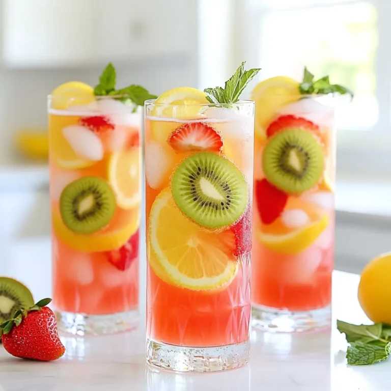 - 1 cup fresh strawberries, hulled and sliced - 2 ripe kiwis, peeled and chopped - 1/2 cup freshly squeezed lemon juice - 3/4 cup granulated sugar - 4 cups water (3 cups cold water + 1 cup boiling water) - Ice cubes - Fresh mint leaves for garnish Each ingredient plays a vital role in this drink. Fresh strawberries give a sweet flavor and bright color. Ripe kiwis add a tangy twist. Fresh lemon juice brings balance with its tartness. For sweetness, granulated sugar works well. You can adjust it to your taste. The water helps mix everything and makes it refreshing. You can also use ice cubes to chill your drink. Fresh mint leaves add a lovely aroma. They make your drink look fancy, too. This drink is perfect for hot summer days. It’s colorful, tasty, and easy to make. You can impress your friends with this fun recipe! {{ingredient_image_1}} To start, combine 3/4 cup of granulated sugar with 1 cup of boiling water. This creates a sweet base for our drink. Stir the mixture well until the sugar dissolves completely. Once it's clear, set it aside to cool. Next, add 1 cup of hulled and sliced strawberries and 2 ripe kiwis that have been peeled and chopped to your blender. Blend them until you get a smooth mixture. This part is fun, and the colors are vibrant! After blending, strain the fruit mixture through a fine mesh sieve into a large pitcher. This step removes any seeds and pulp, leaving you with pure fruit juice. Now, add 1/2 cup of freshly squeezed lemon juice along with the cooled simple syrup. Stir everything well to mix. Then, pour in 3 cups of cold water. Taste your lemonade and adjust the sweetness. You can add more sugar or water if you like. Finally, fill your glasses with ice cubes and pour the strawberry kiwi lemonade over them. Enjoy a refreshing drink! To make the best strawberry kiwi lemonade, start with ripe fruits. Look for strawberries that are bright red and firm. Their tops should be green and fresh. For kiwis, choose those that yield slightly when you press them. This means they are sweet and juicy. Consider the season too. Strawberries are best in late spring to early summer. Kiwis, however, are available year-round. When you pick seasonal fruits, you get the best taste and freshness. To blend your fruits well, start by chopping them into smaller pieces. This gives your blender a head start. Blend the strawberries and kiwis on high until smooth. If you want a silky drink, strain the mixture through a fine mesh sieve. This step removes the pulp and seeds, giving you a clear juice. If you prefer a thicker drink, skip the straining. But keep in mind, some people don’t like the texture. So, choose based on what you enjoy most! Presentation matters when serving your strawberry kiwi lemonade. Use clear glasses to show off the vibrant pink color. It’s a feast for the eyes! For an extra touch, add a slice of kiwi or a strawberry on the rim of each glass. This small detail makes your drink look fancy. Think about your drinkware too. Tall glasses work great for this lemonade. You can also use mason jars for a rustic feel. No matter what you choose, make sure your drink looks as good as it tastes! Pro Tips Use Ripe Fruits: Ensure your strawberries and kiwis are ripe for the best flavor. Ripe fruits will make your lemonade naturally sweeter and more aromatic. Adjust Sweetness: Taste your lemonade after mixing and adjust the sugar according to your preference. Depending on the sweetness of the fruits, you may need more or less sugar. Chill Before Serving: For an extra refreshing experience, chill the lemonade in the refrigerator for at least an hour before serving. This enhances the flavor and freshness. Garnish Creatively: Elevate the presentation by garnishing with not just mint leaves, but also slices of lemon, kiwi, or strawberries on the rim of the glasses for a beautiful display. {{image_2}} You can switch up the sweetener in your Strawberry Kiwi Lemonade. Try using honey or agave syrup instead of granulated sugar. Honey adds a floral note, while agave gives a mild sweetness. Start with the same amount as sugar, then taste. Adjust the sweetness to fit your liking. You want a balance of sweet and tart that feels refreshing. Get creative with your flavors! Adding fresh herbs like basil or rosemary can give your drink a twist. Just muddle a few leaves into the lemonade for a fresh taste. You can also infuse the drink with other fruits. Try adding sliced oranges or raspberries for different fruity notes. This makes each sip a fun surprise! You can serve Strawberry Kiwi Lemonade in different ways. For a cool treat, serve it iced. Pour the lemonade over ice cubes for a chill. If you want something warm, heat the lemonade gently. A hot version is great for cooler weather. This helps you enjoy the same flavors in a cozy way! Strawberry kiwi lemonade stays fresh in the fridge for up to three days. Store it in a sealed pitcher to keep flavors strong. If you notice separation, just give it a quick stir before serving. This drink is best cold, so keep it chilled until ready to enjoy. You can freeze leftover lemonade in ice cube trays. Once frozen, pop the cubes into a bag. These cubes make a fun addition to drinks later. If you want to make lemonade ahead of time, prepare it and freeze it. Just remember to let it thaw in the fridge before using. Leftover strawberry kiwi lemonade is great for cocktails. Mix it with your favorite spirits for a tasty drink. You can also use it in desserts or smoothies. Pour it over yogurt or blend it into a fruity smoothie for a refreshing treat. Get creative and enjoy every drop! To make Strawberry Kiwi Lemonade, follow these steps: 1. Create Simple Syrup: Mix 3/4 cup sugar with 1 cup boiling water until dissolved. Let it cool. 2. Blend Fruits: Add 1 cup sliced strawberries and 2 chopped kiwis to a blender. Blend until smooth. 3. Strain Juice: Pour the blended fruit through a fine mesh sieve into a pitcher. This removes seeds and pulp. 4. Combine Ingredients: Add 1/2 cup fresh lemon juice and the cooled syrup to the pitcher. Stir everything well. 5. Mix with Water: Pour in 3 cups cold water. Adjust sweetness by adding more sugar or water if needed. 6. Serve: Fill glasses with ice cubes and pour the lemonade over. Enjoy! Yes, you can make it without sugar. Here are some alternatives: - Honey: Use honey instead of sugar. Start with 1/2 cup and adjust to taste. - Agave Syrup: This is a good option too. Use less agave, about 1/3 cup. - Stevia: If you want a low-calorie option, try stevia. Use a small amount, as it's very sweet. Garnishes add flair to your drink. Here are some ideas: - Fresh Mint Leaves: A sprig on top adds color and aroma. - Fruit Slices: Place a slice of kiwi or strawberry on the glass rim. - Edible Flowers: Use flowers like nasturtiums for a pop of color. - Colored Straws: Fun straws can make the drink feel festive. These garnishes make your strawberry kiwi lemonade not just tasty but also visually appealing! This blog post helps you craft a refreshing Strawberry Kiwi Lemonade using simple steps. We discussed fresh ingredients and prepared a simple syrup for sweetness. You learned to blend fruits smoothly and mix everything together. Tips on choosing ripe fruits and presentation enhance your drink’s appeal. In the end, this lemonade is versatile. You can customize it with different sweeteners or flavors. Enjoy experimenting with this tasty drink to please your friends and family.