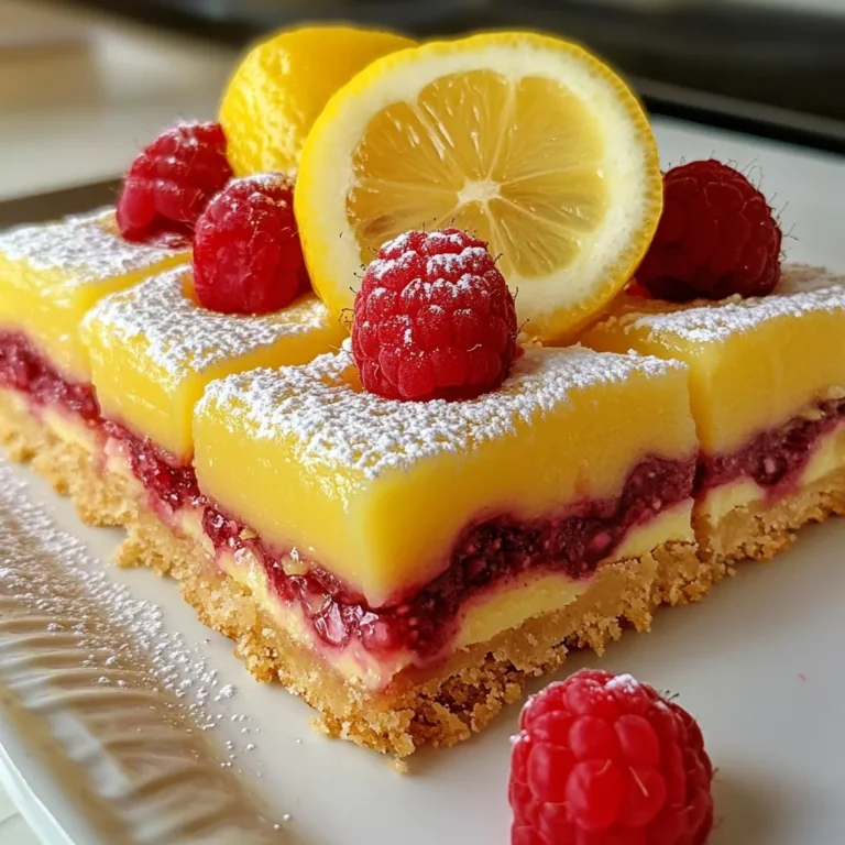 To make Raspberry Lemonade Bars, you need fresh and simple ingredients. Here’s what you'll need: - 1 cup all-purpose flour - 1/4 cup powdered sugar - 1/4 teaspoon salt - 1/2 cup unsalted butter, softened - 1 cup granulated sugar - 2 large eggs - 1/4 cup fresh lemon juice - Zest of 1 lemon - 1/2 cup fresh raspberries, mashed - 1 tablespoon cornstarch - Additional powdered sugar for dusting Each ingredient plays a key role. The flour gives the base structure. The butter makes it rich. Sugar sweetens the filling and crust. Fresh lemon juice adds tang. Raspberries bring a burst of flavor. When choosing lemons, look for ones that feel heavy. This means they are juicy. For raspberries, fresh is best. They should not be mushy. If you want a touch more sweetness, you can add a bit more sugar. Gather these items before you start. This will help you stay organized. Trust me, it makes cooking much easier! {{ingredient_image_1}} First, preheat your oven to 350°F (175°C). This step is key for even baking. Next, take an 8x8 inch baking pan and line it with parchment paper. Leave some paper hanging over the sides. This helps you lift the bars out later. In a medium bowl, whisk together 1 cup of all-purpose flour, 1/4 cup of powdered sugar, and 1/4 teaspoon of salt. Mix well to combine. In another large bowl, cream 1/2 cup of softened unsalted butter with 1 cup of granulated sugar. Beat them until the mix is light and fluffy. This should take about 3 minutes. Then, add the flour mix to the creamed butter. Stir until just combined. Press this mixture evenly into the bottom of your prepared pan. In a medium bowl, whisk together 2 large eggs, 1 cup of granulated sugar, 1/4 cup of fresh lemon juice, and the zest of 1 lemon. Then, add 1/2 cup of mashed fresh raspberries. Mix until everything is well blended. Next, add 1 tablespoon of cornstarch and stir until smooth. This helps the filling set properly. Pour the lemon-raspberry filling over the cooled crust. Bake in the oven for an additional 20 to 25 minutes. You want the filling to set and the edges to turn lightly golden. Keep an eye on it to avoid overbaking. Once baked, remove your bars from the oven. Let them cool at room temperature for a bit. Then, transfer them to the fridge. Chill for at least 1 hour. When ready, lift the bars out using the parchment paper. Cut them into squares and dust with extra powdered sugar. For a beautiful touch, top with a few fresh raspberries before serving. Enjoy your sweet and tangy treat! To make a great crust, start with soft butter. It mixes better and gives a nice texture. Cream the butter and sugar well. This step is key, so mix for about three minutes. Press the crust evenly into the pan. Make sure it’s flat and smooth. Bake until it turns light golden. This helps it hold the filling well. For the filling, whisk the eggs and sugar first. This makes it fluffy. Mix in the lemon juice and zest next. Add the mashed raspberries afterward. This keeps the flavors bright. Finally, stir in the cornstarch to bind everything. Pour the filling over the cooled crust. Bake until it is set, but not too firm. This gives the bars a nice, creamy texture. When serving, dust the bars with powdered sugar. This adds a sweet touch and looks nice. Top with fresh raspberries for a pop of color. Arrange the bars on a pretty platter. You can also add lemon slices around them. This makes the dish more inviting and fun! Pro Tips Chill the Bars: For the best texture, ensure you chill the bars in the refrigerator for at least an hour before cutting. This helps them set properly and makes slicing easier. Use Fresh Ingredients: Opt for fresh lemons and raspberries for the most vibrant flavor. If using frozen raspberries, make sure to thaw and drain excess liquid. Perfect Crust: Press the crust mixture firmly into the pan to create a solid base. This prevents the filling from seeping through while baking. Dust with Powdered Sugar: Dust the bars with powdered sugar just before serving for an elegant finish. This not only adds sweetness but also enhances the visual appeal. {{image_2}} You can swap raspberries for other fruits. Try blueberries for a sweet twist. Strawberries work well too and add a fresh taste. Blackberries bring a tart flavor that pairs nicely with lemon. Each fruit gives a new feel to the bars while keeping them delicious. If you need a gluten-free option, use almond flour or a gluten-free blend. These flours keep the texture light and tasty. Just make sure to adjust the baking time slightly. This way, you can enjoy the bars without worry. Add herbs or spices to make your bars unique. A bit of fresh mint can give a refreshing kick. Try a pinch of ginger for warmth and depth. Lemon zest enhances the lemon flavor, making it even brighter. With these tweaks, you can create your own signature Raspberry Lemonade Bars. To keep your Raspberry Lemonade Bars fresh, store them in an airtight container. Make sure they are completely cool before you store them. Place parchment paper between layers if you stack them. This will prevent sticking and keep them nice. You can freeze these bars for later enjoyment. First, cut them into squares. Wrap each piece tightly in plastic wrap and then foil. Place them in a freezer-safe bag or container. They can freeze for up to three months. When you're ready to eat, just thaw them in the fridge overnight. Raspberry Lemonade Bars will last for about a week in the fridge. Keep them covered to maintain freshness. For the best taste and texture, consume them within the first few days. If you notice any changes in color or smell, it’s best to discard them. Yes, you can swap raspberries for other berries. Strawberries or blueberries work well too. Each berry brings a different flavor. Just make sure to mash them before adding to the filling. Raspberry Lemonade Bars stay fresh for about a week. Store them in the fridge in an airtight container. This keeps them cool and tasty for longer. Absolutely! You can make these bars a day in advance. This gives the flavors time to blend. Just keep them chilled until you are ready to serve. These bars pair well with a scoop of vanilla ice cream. You can also serve them with whipped cream or fresh mint. A nice cup of tea or lemonade complements them perfectly too. Yes, these bars are great for parties. They are easy to cut into small pieces. Their bright colors and flavors make them a hit with guests. Everyone loves a sweet and tangy treat! In this blog post, we explored how to make delicious Raspberry Lemonade Bars. We covered the key ingredients and walked through every step, from making the crust to preparing the filling. I shared tips for a perfect bake and fun variations to try. Take your time while making these bars; they are worth it. Enjoy serving them at gatherings or simply treating yourself. These bars are bright, tasty, and sure to impress anyone who tries them. Happy baking!
