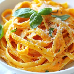To make creamy roasted red pepper pasta, you will need: - 12 oz pasta of choice (fettuccine, penne, or spaghetti) - 2 large red bell peppers - 1/2 cup heavy cream - 1/4 cup grated Parmesan cheese - 2 tablespoons olive oil - 3 cloves garlic, minced - 1 teaspoon smoked paprika - Salt and pepper to taste - Fresh basil leaves for garnish If you do not have some ingredients, here are good swaps: - Heavy cream can be replaced with coconut cream for a dairy-free option. - Parmesan cheese can be swapped with nutritional yeast for a vegan dish. - Use any pasta shape you like, such as rotini or farfalle, if you prefer. I suggest using pasta that holds sauce well. Here are my favorites: - Fettuccine offers a nice flat surface to catch the creamy sauce. - Penne has a tubular shape that captures the sauce inside. - Spaghetti is classic and works well with the creamy texture of the sauce. {{ingredient_image_1}} First, preheat your oven to 425°F (220°C). Take two large red bell peppers and cut them in half. Remove the seeds and place them cut-side down on a baking sheet. Roast them for about 20 to 25 minutes. You want the skins to blister and blacken. This step adds a smoky flavor that makes the sauce rich. Once roasted, put the peppers in a bowl and cover them with plastic wrap. This helps steam them for easier peeling. While the peppers roast, cook your pasta. You can use fettuccine, penne, or spaghetti. Follow the package instructions and cook until al dente. Drain the pasta and set it aside. Make sure not to overcook it, as it will continue to cook when mixed with the sauce. After peeling the roasted peppers, place them in a blender. Add three cloves of minced garlic, half a cup of heavy cream, one teaspoon of smoked paprika, salt, and pepper. Blend everything until smooth and creamy. This sauce is the star of your dish. It’s vibrant and flavorful, making every bite special. In a large skillet, heat two tablespoons of olive oil over medium heat. Pour in the roasted red pepper sauce. Let it simmer for about five minutes until it’s warmed through. Now, add the cooked pasta and a quarter cup of grated Parmesan cheese. Toss everything together until the pasta is fully coated. Adjust seasoning with salt and pepper to taste. Serve the pasta right away, garnished with fresh basil leaves and extra Parmesan if you like. Enjoy your meal! To get a smooth, creamy sauce, blend the roasted peppers well. Use a high-speed blender for the best results. If your sauce feels too thick, add a splash of pasta water. This will help thin it out and keep it creamy. Remember, the heavy cream adds richness. Choose a good quality cream for the best flavor. You can boost the taste with a few extra ingredients. Try adding chopped sun-dried tomatoes for a tangy kick. A squeeze of lemon juice can brighten the dish. For a little heat, add red pepper flakes. Fresh herbs like thyme or oregano can also add depth to the sauce. Experiment with these options to find your favorite flavor. One common mistake is overcooking the pasta. Cook it until it is al dente, as it will continue to cook in the sauce. Another mistake is not blending the sauce long enough. You want it smooth, so blend until creamy. Lastly, be careful with the salt. Always taste before adding more, as the Parmesan cheese adds saltiness too. Pro Tips Choosing the Right Pasta: Opt for pasta shapes that hold sauce well, like fettuccine or penne. Their textures complement the creamy sauce beautifully. Roasting Peppers: Ensure the bell peppers are charred well for a deeper flavor. Blistered skins enhance the smoky taste of the sauce. Adjusting Creaminess: For a lighter version, you can substitute half of the heavy cream with low-fat Greek yogurt. This keeps the creaminess while reducing calories. Perfecting the Sauce: Always taste and adjust the seasoning before serving. A pinch of sugar can balance the acidity from the peppers if needed. {{image_2}} You can easily make this dish vegetarian. Simply swap the heavy cream with a plant-based option. Use coconut cream or cashew cream for a rich taste. You can also add veggies like spinach or zucchini for extra nutrition. These changes keep the flavors fresh and vibrant. Want to add protein? Chicken, shrimp, or tofu work well. If using chicken, cook it first in the skillet. For shrimp, add them to the sauce and cook until pink. Tofu can be sautéed and then mixed in. Each option brings a different taste and texture. You can change the flavor by adding spices or herbs. Try adding red pepper flakes for heat or lemon juice for brightness. Fresh herbs like parsley or oregano can also enhance the dish. Experiment with different cheese types like feta for a tangy twist. These small changes can make your pasta unique each time! To keep Creamy Roasted Red Pepper Pasta fresh, store it in an airtight container. Allow it to cool to room temperature before sealing. This step helps prevent moisture build-up and keeps the pasta from becoming soggy. Place the container in the fridge for up to three days. It’s best to keep the pasta and sauce together for better flavor. When you're ready to eat, reheat the pasta gently. Use a skillet over low heat for the best results. Add a splash of water or cream to help loosen the sauce. Stir until the pasta heats through. You can also use a microwave. Heat in 30-second bursts, stirring in between. This method helps avoid hot spots that can dry out the dish. If you want to save some for later, freezing is a great option. Let the pasta cool completely, then divide it into portions. Use freezer-safe bags or containers to prevent freezer burn. It can last up to three months in the freezer. When ready to eat, thaw in the fridge overnight. Reheat as mentioned above for a tasty meal. Creamy Roasted Red Pepper Pasta lasts about 3 to 5 days in the fridge. Store it in an airtight container. This helps keep it fresh. When you're ready to eat, just reheat it. It tastes great even after a few days! Yes, you can make this dish vegan. Swap heavy cream for coconut cream or cashew cream. Use nutritional yeast instead of Parmesan cheese for a cheesy flavor. This way, you keep the taste without dairy. This pasta pairs well with a simple green salad. You can also serve it with garlic bread or roasted vegetables. These sides add flavor and balance to your meal. Yes, you can use other types of peppers. Yellow or orange bell peppers work well too. Even roasted jalapeños can add a nice kick. Just keep in mind that each pepper will change the taste a bit. To adjust spiciness, add more or fewer chili peppers. You can also add a pinch of red pepper flakes for heat. If you want a milder sauce, skip the spicy peppers. Taste as you go to find the right balance for you! Making creamy roasted red pepper pasta is simple and tasty. We covered the key ingredients, plus substitutions and pasta types. Next, I detailed easy steps for roasting peppers, cooking pasta, and making a creamy sauce. We also discussed tips for getting the right texture and flavor. Variations allow for both vegetarian and protein options. Remember to store properly for best results. With these steps, you can whip up this dish with confidence and creativity. Enjoy your cooking journey and make it your own!