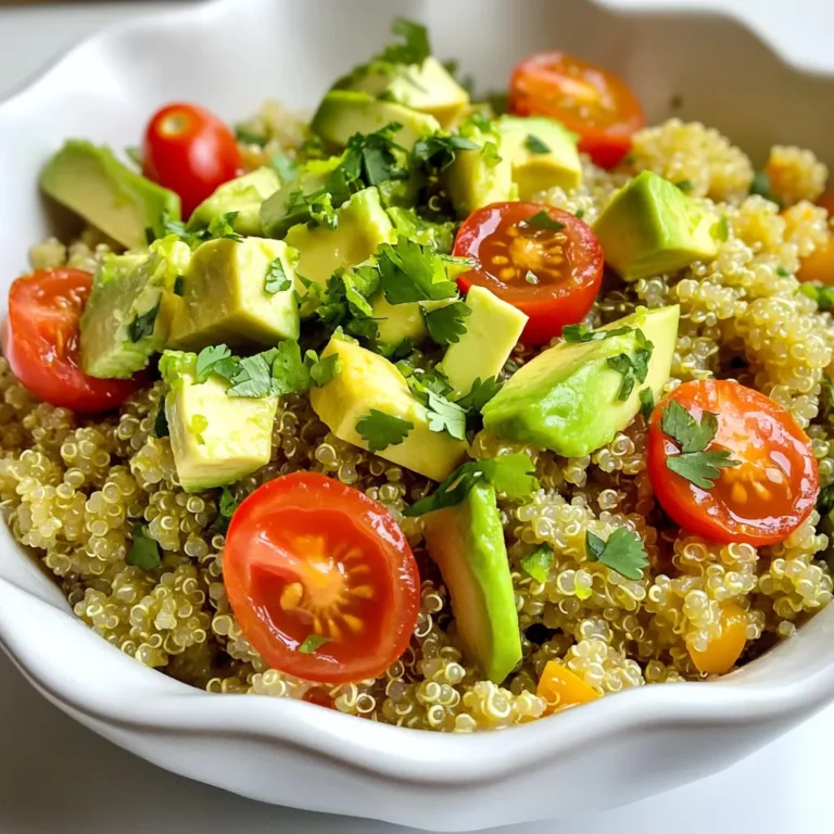- 1 cup quinoa - 2 cups vegetable broth or water - 1/4 cup fresh cilantro, chopped - 1 lime, juiced and zested - 1 small red onion, finely diced - 1 clove garlic, minced - 1/2 teaspoon ground cumin - 1/2 teaspoon salt (or to taste) - 1/4 teaspoon black pepper - 1 avocado, diced (for garnish) - 1/2 cup cherry tomatoes, halved (for garnish) To make this cilantro lime quinoa, you need a few simple ingredients. First, you start with quinoa. Quinoa is a super grain that is high in protein. Rinse it well before cooking to remove its bitter coating. Next, you will need vegetable broth or water. The broth adds extra flavor, making your quinoa more tasty. Fresh cilantro gives this dish a bright, fresh taste. Make sure to chop it finely so the flavor spreads evenly. The lime juice and zest add a wonderful zing. It brightens the dish and makes it refreshing. A small red onion adds crunch and a mild, sweet flavor. Dicing it finely helps it mix well with other ingredients. Garlic enhances the overall taste. It adds depth and a nice aroma. Ground cumin gives the dish a warm, earthy tone. This spice works well with the other flavors. To finish, you will want to season with salt and pepper. These simple seasonings bring all the flavors together. Finally, garnishing with diced avocado and cherry tomatoes adds color and freshness. The creamy avocado complements the quinoa perfectly. 1. First, bring 2 cups of vegetable broth or water to a boil in a medium saucepan. This step is key as it adds flavor to the quinoa. 2. Once it boils, add 1 cup of rinsed quinoa to the pot. Stir it gently, then lower the heat. Cover the pot and let it simmer for about 15 minutes. The quinoa will absorb all the liquid and become tender. 1. After 15 minutes, remove the pot from the heat. Let it sit covered for 5 more minutes. This resting time helps the quinoa fluff up nicely. 2. Use a fork to fluff the quinoa gently. Then, transfer it to a large bowl. Add in 1/4 cup of chopped cilantro, the juice and zest of 1 lime, 1 finely diced small red onion, 1 minced garlic clove, 1/2 teaspoon of ground cumin, 1/2 teaspoon of salt, and 1/4 teaspoon of black pepper. Mix everything well to ensure an even distribution of flavors. 1. Taste the quinoa mixture and adjust the seasoning as needed. You can add more lime juice, salt, or pepper to suit your taste. This step allows you to personalize your dish. 2. Serve the quinoa warm or at room temperature. For a colorful touch, garnish each serving with diced avocado and halved cherry tomatoes. Enjoy your vibrant and tasty cilantro lime quinoa! To make your quinoa just right, start by rinsing it well. Rinsing helps remove bitter saponins. Then, use the right water-to-quinoa ratio. For every cup of quinoa, use two cups of liquid. This balance gives you fluffy quinoa. You can boost the flavor of your dish by trying other herbs. Fresh parsley or green onions can bring new tastes. Also, adjust the lime juice to match your taste. More lime juice gives a zesty kick, while less keeps it mild. Cilantro lime quinoa pairs nicely with proteins. Chicken or black beans work great here. You can also serve it as a side dish with grilled veggies. This quinoa adds color and taste to any plate. {{image_2}} You can easily adapt this recipe for special diets. First, it's gluten-free since quinoa is naturally free of gluten. This makes it a great choice for anyone with gluten sensitivities. For vegan options, just confirm that your vegetable broth is also vegan. You can use water as a base too. To spice things up, think about adding paprika or cayenne pepper. These spices give a nice kick to the dish. You can also mix in seasonal vegetables. Try bell peppers, zucchini, or corn. They add color and extra flavor to your quinoa. For a creamy twist, consider an avocado dressing. Just blend ripe avocado with lime juice and a bit of salt. This adds a rich taste that pairs well with the quinoa. If you prefer a lighter option, try a cilantro lime vinaigrette. Just mix olive oil, lime juice, and chopped cilantro for a fresh, zesty touch. Leftover cilantro lime quinoa lasts about 3 to 5 days in the fridge. Store it in an airtight container. This keeps it fresh and prevents strong smells from mixing with your other food. Before putting it away, let it cool to room temperature. Yes, you can freeze cilantro lime quinoa! It freezes well and retains its flavor. Use a freezer-safe container or a zip-top bag. Be sure to remove as much air as possible. This helps prevent freezer burn. When ready to eat, thaw the quinoa in the fridge overnight. Reheat it on the stove or in the microwave. You can turn leftover quinoa into new meals easily. Mix it into salads for added texture and flavor. It works great in wraps too. Just add your favorite veggies and protein. You can even use it as a side dish with grilled meats or fish. Get creative and enjoy every bite! To make quinoa fluffy, rinse it well. This removes the bitter saponins on the grains. Use the right water-to-quinoa ratio, which is usually 2:1. Boil the water or broth, then add the rinsed quinoa. Lower the heat and cover it. Let it cook for about 15 minutes. After cooking, let it sit covered for 5 more minutes. Finally, fluff it with a fork. Common mistakes to avoid include not rinsing the quinoa, using too much water, or cooking it too long. These can lead to mushy quinoa. Always measure your ingredients carefully for the best result. Yes, you can substitute herbs in this recipe. If you do not like cilantro, try parsley or basil. Both add a fresh flavor. You can also use green onions for a mild onion taste. Experiment with flavors you enjoy. You can mix herbs to create your own twist on the dish. Just make sure to adjust the amounts to fit your taste. Cooked quinoa lasts about 5 days in the fridge. Store it in an airtight container for the best results. To keep quinoa fresh for longer, let it cool before sealing. You can also freeze cooked quinoa. It can last for up to 3 months in the freezer. When you're ready to eat it, just thaw it in the fridge overnight. Reheat it on the stove or in the microwave for a quick meal. In this article, I covered how to make a flavorful cilantro lime quinoa dish. We explored key ingredients, cooking steps, and tips for the best texture. I shared ways to modify the recipe for different diets and flavors. Finally, I explained how to store leftovers and keep them fresh. Cilantro lime quinoa is easy to make and enjoyable. You can serve it in many ways. Try using this recipe to impress your family and friends. Enjoy the fresh tastes and comforting feel of this healthy dish!