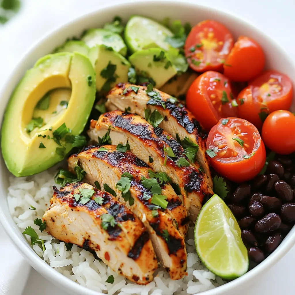 Here are the ingredients you need for your cilantro lime chicken rice bowls: - 2 cups cooked jasmine rice - 2 boneless, skinless chicken breasts - 1/4 cup fresh cilantro, finely chopped - 3 tablespoons lime juice - 2 tablespoons olive oil - 1 teaspoon garlic powder - 1 teaspoon cumin - 1/2 teaspoon paprika - Salt and pepper to taste - 1 cup cherry tomatoes, halved - 1 avocado, sliced - 1 cup black beans, drained and rinsed - Optional toppings: sliced jalapeños, feta cheese, lime wedges These fresh and vibrant ingredients come together for a tasty meal. The jasmine rice serves as a soft base, while the chicken brings protein to the bowl. The fresh cilantro and lime juice add a zesty kick. Each bite bursts with flavor. The black beans provide fiber, and the cherry tomatoes and avocado add color and healthy fats. You can customize your bowl with optional toppings for extra flair. Enjoy the process of creating this dish with these simple yet flavorful ingredients! {{ingredient_image_1}} To start, you will make a tasty marinade. In a small bowl, whisk together: - 3 tablespoons lime juice - 2 tablespoons olive oil - 1 teaspoon garlic powder - 1 teaspoon cumin - 1/2 teaspoon paprika - Salt and pepper to taste This mixture will give your chicken a fresh and bold flavor. The lime juice adds brightness, while the spices bring depth. Next, place the two boneless, skinless chicken breasts in a resealable bag or shallow dish. Pour the marinade over the chicken. Make sure each piece is well coated. Seal the bag or cover the dish. Let it marinate in the refrigerator for at least 30 minutes, or up to 2 hours for the best flavor. The longer it sits, the more the flavors will soak in. Now it's time to cook the chicken. Preheat your grill pan or skillet over medium-high heat. Remove the chicken from the marinade and let the excess drip off. Cook each breast for about 6-7 minutes on each side. You want the internal temperature to reach 165°F (75°C). Once done, take the chicken off the heat and let it rest for a few minutes before slicing. This helps keep it juicy. While the chicken rests, prepare the bowls. Start by dividing the cooked jasmine rice among four bowls. Then, top each bowl with sliced chicken, black beans, halved cherry tomatoes, and avocado slices. Drizzle some extra lime juice over the bowls. Finally, sprinkle with the remaining chopped cilantro. If you like, add any optional toppings such as sliced jalapeños or feta cheese. Serve your bowls right away and enjoy the fresh flavors! Marinating is key for great taste. A simple mix of lime juice, olive oil, garlic powder, cumin, and paprika works wonders. You want the chicken to soak up all those flavors. I suggest marinating for at least 30 minutes. For even better flavor, marinate it for up to 2 hours. The longer it sits, the more delicious it becomes. You can cook the chicken on a grill or in a skillet. Grilling gives a nice char and smoky flavor. If you use a grill pan, preheat it over medium-high heat. Cook the chicken for about 6-7 minutes per side. If you prefer a skillet, add a bit of oil to prevent sticking. Both methods yield juicy chicken, so choose what you like best. To ensure your chicken is perfectly cooked, check its internal temperature. It should reach 165°F (75°C). Let the chicken rest for a few minutes after cooking. This helps keep it juicy. Slice it just before serving to maintain moisture. These small steps make a big difference in your meal! Pro Tips Marinate for Maximum Flavor: For the best flavor, allow the chicken to marinate for at least 2 hours. This enhances the taste and tenderness of the meat. Cook with Precision: To ensure the chicken is perfectly cooked, use a meat thermometer to check that it reaches an internal temperature of 165°F (75°C). Customize Your Bowls: Feel free to add your favorite toppings such as corn, diced bell peppers, or shredded cheese to make the bowls even more delicious and personalized. Leftover Storage: If you have leftovers, store each component separately in airtight containers to keep the ingredients fresh for up to 3 days. {{image_2}} You can easily turn this dish vegetarian. Swap the chicken with marinated tofu. Use the same marinade to soak the tofu. Slice it into cubes and grill or pan-fry until golden. This way, you get a yummy, protein-packed meal that still bursts with flavor. For a spicy kick, add sliced jalapeños. You can mix them in with your other toppings. If you prefer, grill the jalapeños before adding them. This brings out their smoky flavor. Adjust the amount to suit your heat level. Your taste buds will thank you! You can use other grains for your rice bowls. Quinoa is a great choice. It cooks quickly and adds protein. Brown rice works well, too. It has a nutty flavor and chewy texture. You can even try cauliflower rice for a low-carb option. Each grain gives a different twist to your bowl! After your meal, store any leftovers in an airtight container. Make sure the chicken and rice cool down first. This keeps the flavors fresh. You can keep them in the fridge for up to three days. For best taste, try to eat them within this time. When you are ready to eat, reheat the rice bowls in the microwave. Place the bowl in for about one to two minutes. Check the temperature; it should be hot throughout. If needed, stir halfway through to ensure even heating. You can also reheat on the stovetop. Add a splash of water to the pan to prevent sticking. To freeze, place your leftovers in a freezer-safe container. Seal it tightly to avoid freezer burn. You can store them in the freezer for up to two months. When ready to eat, thaw overnight in the fridge. Reheat as mentioned before for a quick and tasty meal. To boost the flavor of the chicken, marinate it longer. Use lime juice, olive oil, garlic powder, cumin, and paprika. These spices add zest and depth. You can also add fresh herbs like cilantro or even some chopped jalapeños for heat. Yes, you can use white rice. Jasmine rice has a nice aroma and texture, but white rice works too. Just cook it according to package directions. Toppings add fun and flavor! Try sliced jalapeños for heat, creamy avocado, or tangy feta cheese. Lime wedges also add a fresh burst of flavor. Fresh cilantro ties it all together. You can store leftovers in the fridge for up to four days. Make sure to keep them in a sealed container. For best taste, reheat the chicken and rice before eating. In this blog post, we explored how to craft delicious cilantro lime chicken rice bowls. We covered the key ingredients, step-by-step instructions, and helpful tips for marinating and cooking. Plus, we shared tasty variations to suit your taste. Remember, you can adjust the flavors and ingredients to make it yours. I hope these ideas inspire you to create meals that bring joy and flavor to your table. Enjoy your cooking!