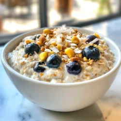 - 1 cup rolled oats - 1 cup almond milk (or any milk of choice) - 1/2 cup Greek yogurt (or coconut yogurt for a dairy-free option) - 1/2 cup fresh blueberries (plus extra for topping) - 1/4 cup shredded coconut (unsweetened) - 1 tablespoon honey or maple syrup (optional, for sweetness) - 1 teaspoon vanilla extract - A pinch of salt - Chopped nuts or seeds for garnish (optional) To make Blueberry Coconut Overnight Oats, you need simple and wholesome ingredients. Start with rolled oats, which are the base of your dish. They soak up the liquids and soften overnight. You can choose almond milk or any milk you prefer. This adds creaminess. Greek yogurt gives a nice tang and boosts protein. If you want it dairy-free, use coconut yogurt instead. Fresh blueberries bring natural sweetness and bursts of flavor. You can add extra blueberries on top for a nice finish. Shredded coconut adds texture and a hint of tropical taste. If you like your oats sweeter, consider honey or maple syrup. A splash of vanilla extract enhances the overall flavor. Don't forget a pinch of salt to balance all the tastes. For a fun crunch, you can add chopped nuts or seeds on top. Each ingredient plays a role in making your breakfast both tasty and nutritious. {{ingredient_image_1}} To start, gather your ingredients. You will need rolled oats, almond milk, Greek yogurt, and shredded coconut. In a medium bowl, combine these items. Add a pinch of salt and a splash of vanilla extract for flavor. Stir everything well until mixed. Next, gently fold in the fresh blueberries. If you like it sweeter, add honey or maple syrup. Stir again to blend. Once your mixture is ready, it’s time to assemble. Divide it evenly into two jars or airtight containers. Make sure to leave some room at the top. This allows for the oats to expand as they soak. After filling the jars, cover them with lids. This keeps the oats fresh and ready for the fridge. You need to refrigerate the jars overnight. This soaking time helps the oats soften and soak up the flavors. If you are short on time, let them sit for at least four hours. When you’re ready to eat, take them out and stir the oats. If you prefer a thinner texture, add a splash of milk. Top the oats with extra blueberries and a sprinkle of coconut. You can also add nuts or seeds for some crunch. Enjoy your flavorful start to the day! To make the best overnight oats, soaking time matters. I suggest at least four hours. This helps the oats absorb the liquid, making them soft and creamy. If you want a richer texture, let them soak overnight. You can adjust the milk if you like your oats thicker or thinner. For thicker oats, use less milk. For creamier oats, add more milk right before you eat. You can sweeten your oats in many ways. Honey and maple syrup are great natural sweeteners. If you want to skip added sugars, use ripe bananas or applesauce for natural sweetness. You can also add spices like cinnamon for extra flavor. Try mixing in peanut butter or almond butter for a nutty twist. Toppings can make your oats shine. Fresh fruits like strawberries, raspberries, or peaches add color and taste. Chopped nuts or seeds give a nice crunch. You can also sprinkle some extra shredded coconut on top for added texture. Don't forget to add a few extra blueberries to make it pretty! Pro Tips Use Rolled Oats: Rolled oats work best for overnight oats as they absorb the liquid nicely and create a creamy texture. Experiment with Flavors: Feel free to add spices like cinnamon or nutmeg for an extra flavor boost. Meal Prep Friendly: Make a batch of these overnight oats for the week; just store each portion in separate jars for easy grab-and-go breakfasts. Top it Off: Get creative with your toppings! Try adding different fruits, nut butters, or seeds for added nutrition and flavor. {{image_2}} If you want a dairy-free option, use coconut yogurt. Almond milk or oat milk works great, too. Both choices add a lovely coconut flavor. This makes your oats creamy and rich without dairy. Just replace Greek yogurt with coconut yogurt. Your taste buds will thank you! Add a pinch of cinnamon or nutmeg for warmth. These spices elevate the dish in a delightful way. For extra creaminess, mix in some nut or seed butter. Almond butter or sunflower seed butter blends well. These additions not only boost flavor but also add nutrition. Feel free to swap blueberries for strawberries or bananas. These fruits bring their own sweetness and charm. You can also mix different berries for a fun twist. A combination of raspberries and blackberries creates a berry explosion! Experiment with what you love most. To keep your blueberry coconut overnight oats fresh, use airtight containers. Glass jars work great. Make sure to seal them well. This prevents air from getting in and keeps your oats tasty. Always store them in the fridge. You can make a few servings at once. Just double or triple the recipe. This saves time on busy mornings. Keep your oats and toppings separate until you’re ready to eat. This way, your toppings stay crunchy and fresh. Overnight oats stay good in the fridge for up to five days. Check for any off smells or changes in texture. If they look watery or have mold, it’s time to toss them. Always trust your senses when it comes to food safety. Yes, you can use quick oats, but they change the texture. Quick oats cook faster and absorb liquid more quickly. This makes them softer and creamier. Rolled oats are chewier and hold their shape better. If you want a thicker mix, stick with rolled oats. You can add superfoods like chia seeds or flax seeds. These seeds pack in healthy fats and fiber. You can also add protein powder or nut butter. These choices boost protein and make your oats more filling. Try mixing in a handful of spinach for a green twist. No, it’s not safe to leave overnight oats out overnight. They need to stay in the fridge. Bacteria can grow if left in warm areas. Always store your oats in the fridge for safe eating. If you forget and leave them out, it's best to toss them. This blog post covered all you need for perfect overnight oats. We discussed the ingredients, step-by-step preparation, tips for creaminess, and various tasty options. You learned how to store them and many yummy ways to customize your recipe. In your kitchen, these oats can become a fun and healthy breakfast. Feel free to experiment with flavors and toppings. Enjoy the process and make it your own! A delicious start to your day is just a jar away.