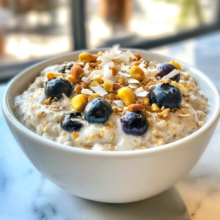 - 1 cup rolled oats - 1 cup almond milk (or any milk of choice) - 1/2 cup Greek yogurt (or coconut yogurt for a dairy-free option) - 1/2 cup fresh blueberries (plus extra for topping) - 1/4 cup shredded coconut (unsweetened) - 1 tablespoon honey or maple syrup (optional, for sweetness) - 1 teaspoon vanilla extract - A pinch of salt - Chopped nuts or seeds for garnish (optional) To make Blueberry Coconut Overnight Oats, you need simple and wholesome ingredients. Start with rolled oats, which are the base of your dish. They soak up the liquids and soften overnight. You can choose almond milk or any milk you prefer. This adds creaminess. Greek yogurt gives a nice tang and boosts protein. If you want it dairy-free, use coconut yogurt instead. Fresh blueberries bring natural sweetness and bursts of flavor. You can add extra blueberries on top for a nice finish. Shredded coconut adds texture and a hint of tropical taste. If you like your oats sweeter, consider honey or maple syrup. A splash of vanilla extract enhances the overall flavor. Don't forget a pinch of salt to balance all the tastes. For a fun crunch, you can add chopped nuts or seeds on top. Each ingredient plays a role in making your breakfast both tasty and nutritious. {{ingredient_image_1}} To start, gather your ingredients. You will need rolled oats, almond milk, Greek yogurt, and shredded coconut. In a medium bowl, combine these items. Add a pinch of salt and a splash of vanilla extract for flavor. Stir everything well until mixed. Next, gently fold in the fresh blueberries. If you like it sweeter, add honey or maple syrup. Stir again to blend. Once your mixture is ready, it’s time to assemble. Divide it evenly into two jars or airtight containers. Make sure to leave some room at the top. This allows for the oats to expand as they soak. After filling the jars, cover them with lids. This keeps the oats fresh and ready for the fridge. You need to refrigerate the jars overnight. This soaking time helps the oats soften and soak up the flavors. If you are short on time, let them sit for at least four hours. When you’re ready to eat, take them out and stir the oats. If you prefer a thinner texture, add a splash of milk. Top the oats with extra blueberries and a sprinkle of coconut. You can also add nuts or seeds for some crunch. Enjoy your flavorful start to the day! To make the best overnight oats, soaking time matters. I suggest at least four hours. This helps the oats absorb the liquid, making them soft and creamy. If you want a richer texture, let them soak overnight. You can adjust the milk if you like your oats thicker or thinner. For thicker oats, use less milk. For creamier oats, add more milk right before you eat. You can sweeten your oats in many ways. Honey and maple syrup are great natural sweeteners. If you want to skip added sugars, use ripe bananas or applesauce for natural sweetness. You can also add spices like cinnamon for extra flavor. Try mixing in peanut butter or almond butter for a nutty twist. Toppings can make your oats shine. Fresh fruits like strawberries, raspberries, or peaches add color and taste. Chopped nuts or seeds give a nice crunch. You can also sprinkle some extra shredded coconut on top for added texture. Don't forget to add a few extra blueberries to make it pretty! Pro Tips Use Rolled Oats: Rolled oats work best for overnight oats as they absorb the liquid nicely and create a creamy texture. Experiment with Flavors: Feel free to add spices like cinnamon or nutmeg for an extra flavor boost. Meal Prep Friendly: Make a batch of these overnight oats for the week; just store each portion in separate jars for easy grab-and-go breakfasts. Top it Off: Get creative with your toppings! Try adding different fruits, nut butters, or seeds for added nutrition and flavor. {{image_2}} If you want a dairy-free option, use coconut yogurt. Almond milk or oat milk works great, too. Both choices add a lovely coconut flavor. This makes your oats creamy and rich without dairy. Just replace Greek yogurt with coconut yogurt. Your taste buds will thank you! Add a pinch of cinnamon or nutmeg for warmth. These spices elevate the dish in a delightful way. For extra creaminess, mix in some nut or seed butter. Almond butter or sunflower seed butter blends well. These additions not only boost flavor but also add nutrition. Feel free to swap blueberries for strawberries or bananas. These fruits bring their own sweetness and charm. You can also mix different berries for a fun twist. A combination of raspberries and blackberries creates a berry explosion! Experiment with what you love most. To keep your blueberry coconut overnight oats fresh, use airtight containers. Glass jars work great. Make sure to seal them well. This prevents air from getting in and keeps your oats tasty. Always store them in the fridge. You can make a few servings at once. Just double or triple the recipe. This saves time on busy mornings. Keep your oats and toppings separate until you’re ready to eat. This way, your toppings stay crunchy and fresh. Overnight oats stay good in the fridge for up to five days. Check for any off smells or changes in texture. If they look watery or have mold, it’s time to toss them. Always trust your senses when it comes to food safety. Yes, you can use quick oats, but they change the texture. Quick oats cook faster and absorb liquid more quickly. This makes them softer and creamier. Rolled oats are chewier and hold their shape better. If you want a thicker mix, stick with rolled oats. You can add superfoods like chia seeds or flax seeds. These seeds pack in healthy fats and fiber. You can also add protein powder or nut butter. These choices boost protein and make your oats more filling. Try mixing in a handful of spinach for a green twist. No, it’s not safe to leave overnight oats out overnight. They need to stay in the fridge. Bacteria can grow if left in warm areas. Always store your oats in the fridge for safe eating. If you forget and leave them out, it's best to toss them. This blog post covered all you need for perfect overnight oats. We discussed the ingredients, step-by-step preparation, tips for creaminess, and various tasty options. You learned how to store them and many yummy ways to customize your recipe. In your kitchen, these oats can become a fun and healthy breakfast. Feel free to experiment with flavors and toppings. Enjoy the process and make it your own! A delicious start to your day is just a jar away.