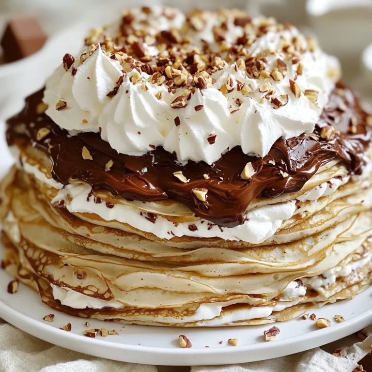 To make a delicious Chocolate Hazelnut Crepe Cake, you will need: - 1 cup all-purpose flour - 2 cups milk - 3 large eggs - 2 tablespoons sugar - 1/4 teaspoon salt - 1 tablespoon melted butter (plus more for cooking) - 1 cup chocolate hazelnut spread (like Nutella) - 1 cup heavy cream - 2 tablespoons powdered sugar - 1/2 teaspoon vanilla extract - Chopped hazelnuts for garnish These ingredients form the base of your cake. Each one plays a key role in making this dessert rich and tasty. You can tweak the recipe with these optional ingredients: - Cocoa powder for a more chocolatey flavor - Espresso powder to add depth - Different nuts, like almonds or walnuts, for garnish - Fresh fruits like strawberries or bananas for layers Feel free to get creative! These options can make your cake even more special. To prepare your Chocolate Hazelnut Crepe Cake, gather these tools: - Mixing bowls - Whisk or electric mixer - Non-stick skillet or crepe pan - Spatula for flipping crepes - Measuring cups and spoons - Serving plate for stacking crepes Having the right tools will help you make this cake easily and efficiently. Happy cooking! To start, gather your ingredients. In a mixing bowl, add: - 1 cup all-purpose flour - 2 cups milk - 3 large eggs - 2 tablespoons sugar - 1/4 teaspoon salt - 1 tablespoon melted butter Whisk these together until the batter is smooth. Make sure there are no lumps. Let the batter rest for 30 minutes. This helps the gluten relax. A rested batter will give you soft crepes. Now it's time to cook! Heat a non-stick skillet over medium heat. Add a little butter to coat the surface. Pour in about 1/4 cup of batter. Swirl the pan to cover the bottom evenly. Cook for 1 to 2 minutes. You’ll see the edges lift. The bottom should turn light brown. Flip the crepe and cook for another minute. Repeat this until you use all the batter. Stack the cooked crepes on a plate. Keep them warm as you cook more. For the whipped cream, take a bowl and add: - 1 cup heavy cream - 2 tablespoons powdered sugar - 1/2 teaspoon vanilla extract Using an electric mixer, whip the mixture until you see soft peaks. This means the cream is ready. The whipped cream will add a light texture to the cake. It balances the rich chocolate hazelnut spread. Now you have your crepes and whipped cream ready! Making crepe cake can be fun but tricky. Here are some common mistakes: - Batter Resting: Skipping the resting time can make crepes tough. Always let the batter rest for 30 minutes. - Too Much Heat: Cooking on high heat can burn crepes. Use medium heat for even cooking. - Not Enough Butter: Lack of butter can cause sticking. Always grease the pan lightly before each crepe. Thin crepes are key to a great cake. Here’s how to get them just right: - Batter Consistency: The batter should be thin, like heavy cream. If it’s too thick, add a little milk. - Swirling Technique: Pour the batter into the center of the pan. Quickly swirl to coat the bottom evenly. - Watch for Edges: Cook until the edges lift. This means it’s ready to flip. Assembling your chocolate hazelnut crepe cake is fun. Follow these tips for the best results: - Layering: Use a crepe as the base. Spread a thin layer of chocolate hazelnut spread, then a layer of whipped cream. Repeat this until you stack all crepes. - Finish Strong: End with whipped cream on top. It makes the cake look pretty and inviting. - Chill to Set: Refrigerate the cake for at least an hour. This helps the layers hold together. By following these tips, you will create a stunning cake that tastes as good as it looks! {{image_2}} To make a nut-free version of this cake, swap the chocolate hazelnut spread for chocolate spread made from cocoa. Look for a brand that does not include nuts. You can also use vanilla frosting as a tasty option. This keeps the cake creamy and sweet without nuts. You can play with flavors in this cake. Try adding a layer of raspberry or strawberry jam between the crepes. This adds a fruity touch that pairs well with chocolate. You might also mix in some coffee or espresso powder into the whipped cream for a mocha flavor. A dash of cinnamon can also bring warmth and spice to the dessert. Seasonal fruits can elevate your crepe cake. Use fresh berries like strawberries, blueberries, or raspberries to top the cake. In fall, sliced apples or pears with a sprinkle of cinnamon work well. In summer, try peaches or cherries. Just place the fruit on top or between the layers for a bright, fresh taste. Store leftover chocolate hazelnut crepe cake in an airtight container in the fridge. This keeps it fresh for up to three days. If you have extra whipped cream, store it separately in a small bowl. Make sure to cover it well to avoid drying out. You can freeze crepes for later use. Place parchment paper between each crepe to prevent sticking. Wrap them tightly in plastic wrap, then place them in a freezer bag. They can last up to two months in the freezer. When ready to eat, thaw them in the fridge overnight. After chilling in the fridge, the crepe cake tastes best when served cold. If it seems too firm, let it sit at room temperature for about 10 minutes. This helps soften it for easier slicing. For a nice touch, drizzle more chocolate hazelnut spread on top before serving. Sprinkle extra chopped hazelnuts for a crunchy finish. Yes, you can make crepes ahead of time. Cook the crepes and let them cool completely. Then, stack them with parchment paper in between. Place them in an airtight container. Store in the fridge for up to three days. You can also freeze them. Just separate layers with parchment paper. They can last for up to two months in the freezer. When ready to use, simply thaw and assemble your cake. This crepe cake pairs well with many treats. You can serve it with fresh berries like strawberries or raspberries. Ice cream, especially vanilla or hazelnut, makes a great side. A drizzle of chocolate sauce adds extra sweetness. For a crunchy touch, sprinkle more chopped hazelnuts on top. These sides enhance the cake's rich flavors and create a lovely dessert display. You can easily adjust this recipe for different needs. For a gluten-free option, use a gluten-free flour blend instead of all-purpose flour. To make it dairy-free, substitute almond or oat milk for regular milk. Use a dairy-free chocolate hazelnut spread too. For a vegan version, replace eggs with flax eggs and use coconut cream for whipped cream. These tweaks keep the essence of the cake while meeting dietary needs. To make a great Chocolate Hazelnut Crepe Cake, start with key ingredients and tools. Follow step-by-step instructions for the batter, cooking, and whipped cream. Use tips to avoid mistakes and achieve thin crepes. Explore fun variations with seasonal fruits and nut-free options. Proper storage keeps leftovers fresh. You can even make crepes ahead and customize them. Enjoy your baking journey and the tasty results!