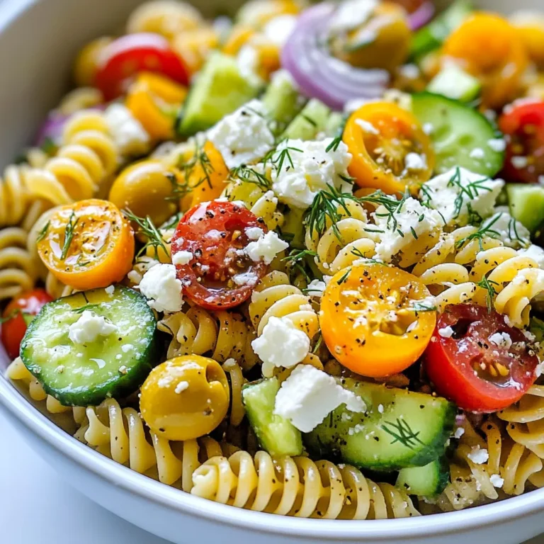 - 8 oz whole wheat pasta (such as rotini or fusilli) - 2 ripe avocados, diced - 1 cup cherry tomatoes, halved - 1 cucumber, diced - 1/2 red onion, finely chopped - 1 cup Kalamata olives, pitted and halved - 1/2 cup feta cheese, crumbled - 2 tablespoons fresh dill, chopped - 3 tablespoons olive oil - 2 tablespoons lemon juice - Salt and pepper to taste This simple list of ingredients makes a bright and tasty salad. Whole wheat pasta adds fiber and helps keep you full. Avocados bring creaminess and healthy fats. Cherry tomatoes add a sweet burst of flavor. Cucumbers provide crunch, while red onion gives a mild kick. Kalamata olives add a briny touch, and feta cheese adds a tangy bite. Fresh dill is key for that classic Greek flavor. Olive oil and lemon juice create a light dressing that ties it all together. This salad is not only delicious but also healthy. Each serving contains good fats from avocados and olive oil. Whole wheat pasta adds fiber, which is great for digestion. Feta cheese provides protein, and veggies boost vitamins and minerals. Overall, this dish is a balanced meal that tastes great. Choose ripe avocados for the best flavor. They should feel slightly soft when you press them gently. Look for firm cherry tomatoes that are bright in color. Select cucumbers that are smooth and firm. For red onion, pick ones that are heavy for their size. When buying Kalamata olives, look for ones that are plump and have a rich color. Finally, choose feta cheese that is crumbly and not too dry for the best taste. {{ingredient_image_1}} Start by boiling water in a large pot. Add salt to the water for flavor. Once the water boils, add 8 oz of whole wheat pasta. Stir occasionally and cook until al dente, about 8-10 minutes. Drain the pasta and rinse it with cold water to stop the cooking. This keeps the pasta from getting mushy. While your pasta cooks, focus on the vegetables. Take 2 ripe avocados and dice them into small pieces. Next, chop 1 cucumber into bite-sized cubes. Halve 1 cup of cherry tomatoes. Finally, finely chop 1/2 of a red onion. Make sure everything is ready before you mix the salad. Grab a large mixing bowl. Combine the cooled pasta, diced avocados, halved cherry tomatoes, diced cucumber, chopped red onion, and 1 cup of Kalamata olives. In a small bowl, whisk together 3 tablespoons of olive oil and 2 tablespoons of lemon juice. Add 2 tablespoons of fresh chopped dill, salt, and pepper. Pour this dressing over the salad. Gently toss everything together to coat the ingredients without mashing the avocados. Finally, sprinkle 1/2 cup of crumbled feta cheese on top and give it a light toss. For the best flavor, chill the salad for 20 minutes before serving. To keep your avocado green, use fresh avocados. Choose ripe ones that yield slightly to pressure. Cut them right before serving. If you have leftovers, sprinkle lemon juice over them. This slows down browning. You can also cover them tightly with plastic wrap. This keeps air out and helps maintain their color. Cook the pasta until it is al dente. This means it should have a slight bite. Follow the package instructions for the best results. After cooking, rinse the pasta under cold water. This stops the cooking process and cools it down fast. Make sure the pasta is dry before mixing it with the other ingredients. Use fresh herbs for more flavor. Dill works great in this salad. You can add more lemon juice for brightness. A pinch of salt brings out the other flavors well. If you want some heat, add a dash of red pepper flakes. Always taste the salad before serving. Adjust the flavors until it is just right for you. Pro Tips Choose Ripe Avocados: Make sure to select avocados that are slightly soft to the touch for the best flavor and creaminess in your salad. Cook Pasta Al Dente: Cooking the pasta just until al dente will prevent it from becoming mushy when mixed with the other ingredients. Fresh Herbs Matter: Always opt for fresh dill rather than dried for a brighter and more aromatic flavor in your salad. Let it Chill: Allowing the salad to chill for at least 20 minutes enhances the flavors as they meld together beautifully. {{image_2}} You can add protein to your Greek avocado pasta salad. Chicken or shrimp works great. If you choose chicken, use cooked and diced chicken breast. For shrimp, use cooked shrimp. Just toss them in with the other ingredients. This makes the salad more filling. It’s perfect for lunch or dinner. If you want a vegan option, skip the feta cheese. Instead, use a vegan feta or leave it out. You can also add chickpeas for protein. They add a nice texture and flavor. Another option is to use nuts like almonds or walnuts. They give a good crunch and healthy fats. You can change the vegetables based on the season. In spring, add peas or asparagus for freshness. In summer, try sweet corn or bell peppers. Fall is great for roasted butternut squash or kale. Each season brings new flavors and colors. Mix and match to keep it exciting! To store leftover Greek avocado pasta salad, place it in an airtight container. This keeps the salad fresh. Make sure to cover it well to prevent air exposure. You can keep it in the fridge for up to three days. To keep your salad tasting fresh, avoid mixing in the dressing until you're ready to eat. The dressing can make the pasta soggy. You can store the salad base and dressing separately. This way, you keep the flavors bright and the texture nice. I do not recommend freezing this salad. The avocado will turn brown and mushy when thawed. Freezing the pasta can also change its texture. If you want to save a portion, store just the pasta and veggies without the dressing or avocado. This allows you to enjoy it fresh later. Yes, you can use any pasta you like. I often choose rotini or fusilli for their shape. They hold the dressing and flavors well. You can try penne, farfalle, or even gluten-free options. Just make sure to cook it until al dente. This keeps the pasta firm and tasty. The Greek avocado pasta salad lasts about 2 days in the fridge. However, the avocados may brown after a while. To help keep it fresh, store it in an airtight container. If you plan to eat it later, add diced avocados just before serving. This keeps everything looking bright and fresh. If you don't have feta cheese, try these alternatives. Crumbled goat cheese works great and adds a tangy taste. For a dairy-free option, use vegan feta or nutritional yeast. These choices keep the salad creamy and flavorful without losing texture. In this post, we explored making a Greek Avocado Pasta Salad. You learned about the best ingredients, cooking tips, and variations to fit your tastes. We covered how to store leftovers and answered common questions. This salad is not just tasty; it’s full of nutrients. Feel free to customize it. Remember, the right ingredients make a big difference. Enjoy your cooking adventure!