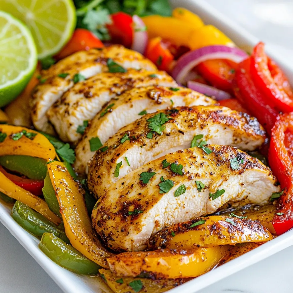 For your sheet pan fajita chicken, you will need: - 4 boneless, skinless chicken breasts - 1 red bell pepper, sliced - 1 yellow bell pepper, sliced - 1 green bell pepper, sliced - 1 large red onion, sliced - 2 cloves garlic, minced These fresh ingredients give your dish a bright, colorful look and a great taste. The chicken provides protein, while the peppers and onion add crunch and sweetness. You will also need: - 2 tablespoons olive oil - 1 tablespoon fajita seasoning (homemade or store-bought) - Salt and pepper to taste The olive oil helps the chicken and veggies cook well. Fajita seasoning adds that classic spicy flavor. Salt and pepper enhance all the tastes in your dish. For a fun finish, I suggest: - Fresh cilantro for garnish - Lime wedges for serving These add brightness and freshness to your meal. Squeeze lime over your fajitas for a zesty kick. Enjoy your flavorful sheet pan fajita chicken! {{ingredient_image_1}} First, set your oven to 400°F (200°C). This temperature is key for cooking the chicken and veggies just right. While the oven heats up, gather your ingredients. You will need four boneless, skinless chicken breasts, two tablespoons of olive oil, and one tablespoon of fajita seasoning. Also, slice one red bell pepper, one yellow bell pepper, and one green bell pepper. Don't forget one large red onion and two cloves of garlic, minced. In a large mixing bowl, add the chicken breasts, olive oil, fajita seasoning, minced garlic, salt, and pepper. Toss everything together until the chicken is well coated. This step is important for flavor. Ensure every piece of chicken gets that tasty seasoning. You want it to be full of flavor before it hits the oven. Take a large sheet pan and place the seasoned chicken breasts in the center. Surround them with the sliced bell peppers and onion. Spread everything out evenly to ensure even cooking. Drizzle a bit more olive oil over the vegetables. Season them lightly with salt and pepper, then toss them on the pan for good measure. Now, place the sheet pan in your preheated oven. Bake everything for 25 to 30 minutes. Check the chicken's internal temperature; it should reach 165°F (75°C). The vegetables should be tender and slightly caramelized. Once done, remove the pan and let it rest for a few minutes. Slice the chicken into bite-sized pieces before serving. Enjoy your flavorful sheet pan fajita chicken! When selecting chicken breasts, look for ones that are fresh and plump. They should feel firm to the touch. Check the color; it should be pale pink with no dark spots. Avoid chicken with a strong odor. For an even cook, choose breasts that are similar in size. This ensures all pieces bake evenly. To get the best vegetables, cut them into even sizes. This helps them cook at the same rate. Use fresh bell peppers and onions for more flavor. Toss the veggies with olive oil and seasonings before baking. This step adds taste and helps them caramelize, giving a lovely color. You can swap chicken for turkey or tofu for a plant-based meal. Try using different peppers or add zucchini for more veggies. If you want more heat, add jalapeños or extra fajita seasoning. Lime juice can brighten the dish, so feel free to squeeze some on before serving. Pro Tips Marinate for Extra Flavor: Allow the chicken to marinate in the olive oil and fajita seasoning for at least 30 minutes (or overnight) in the refrigerator for a deeper flavor. Use Fresh Vegetables: Fresh vegetables not only enhance the taste but also add vibrant color to your dish, making it more visually appealing. Check for Doneness: Always use a meat thermometer to ensure the chicken reaches an internal temperature of 165°F (75°C) for safe consumption. Serve with Toppings: Enhance your fajita chicken with toppings like avocado, sour cream, or cheese for added flavor and creaminess. {{image_2}} You can easily make this dish vegetarian. Swap chicken with your favorite beans. Black beans or chickpeas work great. You can also use tofu for extra protein. Just season it the same way as the chicken. Add the same veggies for that colorful look. Bake for about 20 minutes. You’ll still enjoy the great fajita taste. Avocado adds creaminess to your fajitas. Slice it and add it right before serving. You can also try salsa or pico de gallo. Cheese lovers can sprinkle some shredded cheese on top. Fresh lime juice brightens up the flavors. Don’t forget to add fresh cilantro for that extra pop. You can change the flavor with different marinades. Try a lime and cilantro marinade for a zesty kick. A chipotle marinade can bring some heat. Experiment with spices like cumin or smoked paprika. These add depth and warmth. Play around with flavors to find your favorite. To keep your fajita chicken fresh, you need to store it right. First, let it cool down. Then, place the chicken and veggies in airtight containers. You can separate the chicken from the veggies if you like. This helps keep their taste and texture. Store the containers in the fridge for up to four days. If you want to keep it longer, freeze it. Use freezer-safe bags or containers for this. Make sure to label them with the date. Reheating fajita chicken is easy, and you have options. The best way is to use an oven. Preheat it to 350°F (175°C). Place the chicken and veggies in a baking dish. Cover it with foil to keep moisture in. Heat for about 15-20 minutes or until warm. You can also use a microwave. Just place the chicken and veggies on a plate. Heat in 30-second bursts until warmed through, stirring in between. This method may not keep the texture as nice, but it works in a pinch. When ready to eat your stored fajita chicken, you have fun choices. Serve it in warm tortillas for classic fajitas. You can also make a fajita bowl. Just add rice, beans, and your favorite toppings, like cheese or avocado. For a lighter option, serve it over a fresh salad. Drizzle lime juice on top to add a zesty kick. Don't forget to sprinkle fresh cilantro for extra flavor! Yes, you can use frozen chicken breasts. However, I suggest thawing them first. This helps the seasoning stick better. For quick thawing, place the chicken in a sealed bag and submerge it in cold water. Change the water every 30 minutes until thawed. Making fajita seasoning is easy! Combine the following spices: - 1 tablespoon chili powder - 1 teaspoon cumin - 1 teaspoon paprika - 1 teaspoon garlic powder - 1 teaspoon onion powder - ½ teaspoon salt - ½ teaspoon pepper Mix these spices in a bowl. Use it in place of store-bought seasoning for fresh flavor. Many sides go great with fajita chicken. Here are some ideas: - Rice or quinoa - Tortillas for wraps - Refried beans - Corn salad - Guacamole - Fresh salsa These sides add texture and flavor to your meal. To check if the chicken is done, use a meat thermometer. The internal temperature should reach 165°F (75°C). You can also cut into the thickest part of the chicken. If the juices run clear and there is no pink, it is ready to eat. In this post, we covered everything you need for tasty sheet pan fajitas. We talked about the main ingredients, how to season and cook everything, plus handy tips. You can even try fun variations like vegetarian options. Remember to store leftovers right for the best taste later. Fajitas can be easy and customizable, so get cooking! Enjoy your delicious meals with friends and family.