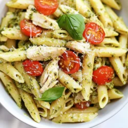 - 12 oz penne pasta - 2 cups cooked chicken breast, shredded - 1 cup basil pesto (store-bought or homemade) - 1 cup heavy cream - 1 cup cherry tomatoes, halved - 1/2 cup grated Parmesan cheese - 2 tablespoons olive oil - 2 cloves garlic, minced - Salt and pepper to taste - Fresh basil leaves for garnish Fresh vs. Store-bought Pesto Options When making creamy pesto chicken penne, you can choose between fresh or store-bought pesto. Fresh pesto offers bright flavor. You can blend basil, garlic, nuts, cheese, and oil at home. Store-bought options save time. Many brands offer tasty choices. Choosing the Right Chicken For the chicken, use cooked breast meat. Shredded chicken works best for this dish. You can roast, grill, or use rotisserie chicken for quick prep. Look for chicken that is juicy and flavorful to enhance your meal. Alternatives for Heavy Cream If you want a lighter version, you can replace heavy cream with half-and-half or coconut milk. These options still add creaminess, but they can change the taste slightly. Gluten-free Penne Options If you need a gluten-free option, look for gluten-free penne pasta made from rice or chickpeas. These alternatives cook nicely and keep the dish delicious. {{ingredient_image_1}} How to Boil Penne Pasta Perfectly To cook penne pasta, start with a large pot. Fill it with water and bring it to a boil. Once boiling, add the penne. Cook it according to the package instructions. Aim for al dente, which means it should have a slight bite. After cooking, drain the pasta in a colander. Always set aside half a cup of the pasta water before draining. Importance of Salting Pasta Water Salting pasta water is key. It adds flavor to the pasta. Use about one tablespoon of salt for every four quarts of water. This small step makes a big difference in taste. Seasoning the water helps the pasta absorb flavor while it cooks. Tips for Perfectly Sautéed Garlic For great garlic, use fresh garlic cloves. Mince them finely for even cooking. Heat olive oil in a large skillet over medium heat. Add the minced garlic and sauté for about one minute. Watch it closely to avoid burning. You want it fragrant and golden, not brown. How to Reheat Shredded Chicken If using leftover chicken, ensure it's heated properly. Add the shredded chicken to the skillet with garlic. Stir it for two to three minutes until warm. This step makes sure the chicken blends well with the flavors. Adjusting Cream Sauce Thickness To make your sauce creamy, pour in the heavy cream slowly. Keep the heat low while stirring constantly. If the sauce feels too thick, add some of the reserved pasta water. This helps achieve your desired consistency. Mixing Techniques for Smooth Sauce For a smooth sauce, mix well as you add ingredients. Use a whisk if needed to break up lumps. This technique ensures that the cream blends well with the pesto and chicken. A smooth sauce makes the dish more enjoyable. - Ensuring a Creamy Consistency: To make your sauce creamy, add the heavy cream slowly. Stir constantly while adding. If it gets too thick, add a bit of reserved pasta water. This keeps your sauce smooth and rich. - Avoiding Overcooked Pasta: Cook penne until al dente. This means it should still have a slight bite. Remember to salt the water before boiling. This adds flavor to the pasta itself. - Beautiful Serving Ideas: Serve the pasta in deep bowls for a cozy feel. This helps to showcase the vibrant colors of the dish. - Garnishing Techniques with Basil and Parmesan: Add fresh basil leaves on top for color and freshness. Sprinkle extra grated Parmesan cheese for a nice finish. A drizzle of olive oil can also make your dish look gourmet. - Coordinating Cooking Steps for Efficiency: Start boiling the pasta while you prepare the sauce. This saves time and keeps everything hot when you serve. - Preparing Ahead of Time: You can cook the chicken and make the pesto a day in advance. Store them in the fridge. This way, you can whip up the dish quickly on busy nights. Pro Tips Use Fresh Pesto: For the best flavor, opt for fresh basil pesto instead of store-bought. Homemade pesto can elevate the dish significantly. Perfect Pasta Texture: Ensure you cook the penne al dente, as it will continue to cook slightly when tossed with the sauce. This prevents a mushy texture. Adjust Creaminess: If the sauce is too thick, gradually mix in the reserved pasta water until you achieve your desired consistency. This also helps the sauce cling to the pasta better. Garnish for Freshness: Always finish the dish with fresh basil leaves and a sprinkle of Parmesan for a burst of color and flavor. A drizzle of olive oil can also enhance presentation. {{image_2}} You can easily change this dish to suit your taste. Adding vegetables boosts flavor and nutrition. Consider tossing in fresh spinach or sweet peas. These veggies add color and crunch. They also make the meal more filling. If you want a different protein, shrimp or tofu work well. Shrimp adds a tasty seafood twist. Tofu is perfect for a plant-based option. Both choices bring new flavors to the table. To elevate the dish, play with seasonings. A pinch of red pepper flakes adds heat. Italian seasoning brings depth to the sauce. Fresh herbs like parsley or oregano can brighten the dish. Try swapping out the cheese for variety. Feta provides a tangy kick. Mozzarella offers a creamy melt. Each cheese creates a unique taste experience. Pair your creamy pesto chicken penne with side dishes. A simple green salad complements the dish well. Garlic bread offers a crunchy contrast to the creamy pasta. Both options enhance your meal. You can create a complete meal by adding a protein. Grilled chicken or roasted vegetables make this dish heartier. This way, you’ll have a satisfying dinner ready in no time. After enjoying your creamy pesto chicken penne, store any leftovers to keep them fresh. Let the pasta cool to room temperature before storing. Place it in airtight containers. This helps keep moisture in and prevents the pasta from drying out. You can store leftovers in the fridge for up to three days. When reheating your creamy pesto chicken penne, the microwave is quick. Use a microwave-safe dish and cover it with a lid or plastic wrap. Heat in short bursts, stirring often. This helps the pasta heat evenly. You can also use the stovetop. Add a splash of water or cream in a pan over low heat. Stir often to keep the sauce from separating. This method warms the pasta without drying it out. Yes, you can freeze creamy pesto chicken penne! Just make sure to use a freezer-safe container. Freeze it for up to three months. This is perfect for quick meals later. To thaw, place the container in the fridge overnight. For reheating, use the stovetop or microwave. Add a bit of cream or pasta water to help it regain its creamy texture. Enjoy your meal anytime! Can I Use Different Pasta Shapes? Yes, you can use other pasta shapes. Options like fusilli or farfalle work great. They will hold the sauce well. Just cook them according to their package instructions. What Makes Pesto Homemade So Unique? Homemade pesto shines with fresh flavors. You can adjust the ingredients to your taste. You choose the herbs, nuts, and oil. This gives you a unique flavor that store-bought cannot match. Can I Make Pesto from Scratch? Absolutely! Making pesto from scratch is easy and fun. Blend fresh basil, garlic, nuts, Parmesan cheese, and olive oil. You can control the taste and texture. Is Heavy Cream Necessary for This Recipe? Heavy cream adds creaminess and richness. If you want a lighter dish, use half-and-half or Greek yogurt. These will change the flavor slightly but still taste good. How Many Calories per Serving? Each serving has about 550 calories. This may vary based on the specific ingredients you use. It’s a filling meal that balances protein and carbs well. What Side Dishes Pair Well with This Meal? A simple green salad pairs well with this dish. Garlic bread is also a great choice. Both add freshness and crunch, enhancing the meal experience. In this blog post, we explored the delicious recipe for Creamy Pesto Chicken Penne. I highlighted key ingredients, cooking steps, and helpful tips for a perfect dish. You can customize it easily, using different proteins or veggies. Remember to store your leftovers properly and follow reheating tips to enjoy later. Cooking can be fun and rewarding. With practice, you’ll create meals that impress everyone. Enjoy making this dish and sharing it with friends and family!