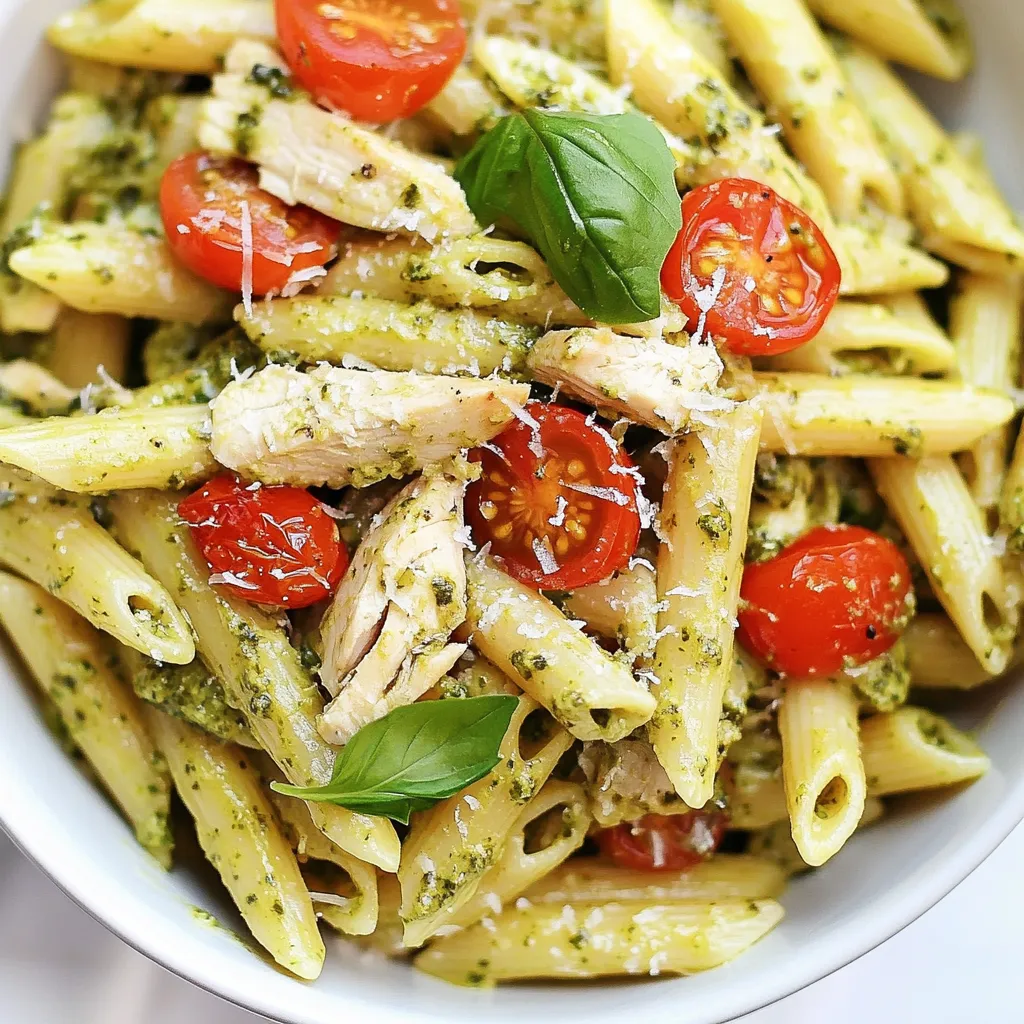 - 12 oz penne pasta - 2 cups cooked chicken breast, shredded - 1 cup basil pesto (store-bought or homemade) - 1 cup heavy cream - 1 cup cherry tomatoes, halved - 1/2 cup grated Parmesan cheese - 2 tablespoons olive oil - 2 cloves garlic, minced - Salt and pepper to taste - Fresh basil leaves for garnish Fresh vs. Store-bought Pesto Options When making creamy pesto chicken penne, you can choose between fresh or store-bought pesto. Fresh pesto offers bright flavor. You can blend basil, garlic, nuts, cheese, and oil at home. Store-bought options save time. Many brands offer tasty choices. Choosing the Right Chicken For the chicken, use cooked breast meat. Shredded chicken works best for this dish. You can roast, grill, or use rotisserie chicken for quick prep. Look for chicken that is juicy and flavorful to enhance your meal. Alternatives for Heavy Cream If you want a lighter version, you can replace heavy cream with half-and-half or coconut milk. These options still add creaminess, but they can change the taste slightly. Gluten-free Penne Options If you need a gluten-free option, look for gluten-free penne pasta made from rice or chickpeas. These alternatives cook nicely and keep the dish delicious. {{ingredient_image_1}} How to Boil Penne Pasta Perfectly To cook penne pasta, start with a large pot. Fill it with water and bring it to a boil. Once boiling, add the penne. Cook it according to the package instructions. Aim for al dente, which means it should have a slight bite. After cooking, drain the pasta in a colander. Always set aside half a cup of the pasta water before draining. Importance of Salting Pasta Water Salting pasta water is key. It adds flavor to the pasta. Use about one tablespoon of salt for every four quarts of water. This small step makes a big difference in taste. Seasoning the water helps the pasta absorb flavor while it cooks. Tips for Perfectly Sautéed Garlic For great garlic, use fresh garlic cloves. Mince them finely for even cooking. Heat olive oil in a large skillet over medium heat. Add the minced garlic and sauté for about one minute. Watch it closely to avoid burning. You want it fragrant and golden, not brown. How to Reheat Shredded Chicken If using leftover chicken, ensure it's heated properly. Add the shredded chicken to the skillet with garlic. Stir it for two to three minutes until warm. This step makes sure the chicken blends well with the flavors. Adjusting Cream Sauce Thickness To make your sauce creamy, pour in the heavy cream slowly. Keep the heat low while stirring constantly. If the sauce feels too thick, add some of the reserved pasta water. This helps achieve your desired consistency. Mixing Techniques for Smooth Sauce For a smooth sauce, mix well as you add ingredients. Use a whisk if needed to break up lumps. This technique ensures that the cream blends well with the pesto and chicken. A smooth sauce makes the dish more enjoyable. - Ensuring a Creamy Consistency: To make your sauce creamy, add the heavy cream slowly. Stir constantly while adding. If it gets too thick, add a bit of reserved pasta water. This keeps your sauce smooth and rich. - Avoiding Overcooked Pasta: Cook penne until al dente. This means it should still have a slight bite. Remember to salt the water before boiling. This adds flavor to the pasta itself. - Beautiful Serving Ideas: Serve the pasta in deep bowls for a cozy feel. This helps to showcase the vibrant colors of the dish. - Garnishing Techniques with Basil and Parmesan: Add fresh basil leaves on top for color and freshness. Sprinkle extra grated Parmesan cheese for a nice finish. A drizzle of olive oil can also make your dish look gourmet. - Coordinating Cooking Steps for Efficiency: Start boiling the pasta while you prepare the sauce. This saves time and keeps everything hot when you serve. - Preparing Ahead of Time: You can cook the chicken and make the pesto a day in advance. Store them in the fridge. This way, you can whip up the dish quickly on busy nights. Pro Tips Use Fresh Pesto: For the best flavor, opt for fresh basil pesto instead of store-bought. Homemade pesto can elevate the dish significantly. Perfect Pasta Texture: Ensure you cook the penne al dente, as it will continue to cook slightly when tossed with the sauce. This prevents a mushy texture. Adjust Creaminess: If the sauce is too thick, gradually mix in the reserved pasta water until you achieve your desired consistency. This also helps the sauce cling to the pasta better. Garnish for Freshness: Always finish the dish with fresh basil leaves and a sprinkle of Parmesan for a burst of color and flavor. A drizzle of olive oil can also enhance presentation. {{image_2}} You can easily change this dish to suit your taste. Adding vegetables boosts flavor and nutrition. Consider tossing in fresh spinach or sweet peas. These veggies add color and crunch. They also make the meal more filling. If you want a different protein, shrimp or tofu work well. Shrimp adds a tasty seafood twist. Tofu is perfect for a plant-based option. Both choices bring new flavors to the table. To elevate the dish, play with seasonings. A pinch of red pepper flakes adds heat. Italian seasoning brings depth to the sauce. Fresh herbs like parsley or oregano can brighten the dish. Try swapping out the cheese for variety. Feta provides a tangy kick. Mozzarella offers a creamy melt. Each cheese creates a unique taste experience. Pair your creamy pesto chicken penne with side dishes. A simple green salad complements the dish well. Garlic bread offers a crunchy contrast to the creamy pasta. Both options enhance your meal. You can create a complete meal by adding a protein. Grilled chicken or roasted vegetables make this dish heartier. This way, you’ll have a satisfying dinner ready in no time. After enjoying your creamy pesto chicken penne, store any leftovers to keep them fresh. Let the pasta cool to room temperature before storing. Place it in airtight containers. This helps keep moisture in and prevents the pasta from drying out. You can store leftovers in the fridge for up to three days. When reheating your creamy pesto chicken penne, the microwave is quick. Use a microwave-safe dish and cover it with a lid or plastic wrap. Heat in short bursts, stirring often. This helps the pasta heat evenly. You can also use the stovetop. Add a splash of water or cream in a pan over low heat. Stir often to keep the sauce from separating. This method warms the pasta without drying it out. Yes, you can freeze creamy pesto chicken penne! Just make sure to use a freezer-safe container. Freeze it for up to three months. This is perfect for quick meals later. To thaw, place the container in the fridge overnight. For reheating, use the stovetop or microwave. Add a bit of cream or pasta water to help it regain its creamy texture. Enjoy your meal anytime! Can I Use Different Pasta Shapes? Yes, you can use other pasta shapes. Options like fusilli or farfalle work great. They will hold the sauce well. Just cook them according to their package instructions. What Makes Pesto Homemade So Unique? Homemade pesto shines with fresh flavors. You can adjust the ingredients to your taste. You choose the herbs, nuts, and oil. This gives you a unique flavor that store-bought cannot match. Can I Make Pesto from Scratch? Absolutely! Making pesto from scratch is easy and fun. Blend fresh basil, garlic, nuts, Parmesan cheese, and olive oil. You can control the taste and texture. Is Heavy Cream Necessary for This Recipe? Heavy cream adds creaminess and richness. If you want a lighter dish, use half-and-half or Greek yogurt. These will change the flavor slightly but still taste good. How Many Calories per Serving? Each serving has about 550 calories. This may vary based on the specific ingredients you use. It’s a filling meal that balances protein and carbs well. What Side Dishes Pair Well with This Meal? A simple green salad pairs well with this dish. Garlic bread is also a great choice. Both add freshness and crunch, enhancing the meal experience. In this blog post, we explored the delicious recipe for Creamy Pesto Chicken Penne. I highlighted key ingredients, cooking steps, and helpful tips for a perfect dish. You can customize it easily, using different proteins or veggies. Remember to store your leftovers properly and follow reheating tips to enjoy later. Cooking can be fun and rewarding. With practice, you’ll create meals that impress everyone. Enjoy making this dish and sharing it with friends and family!