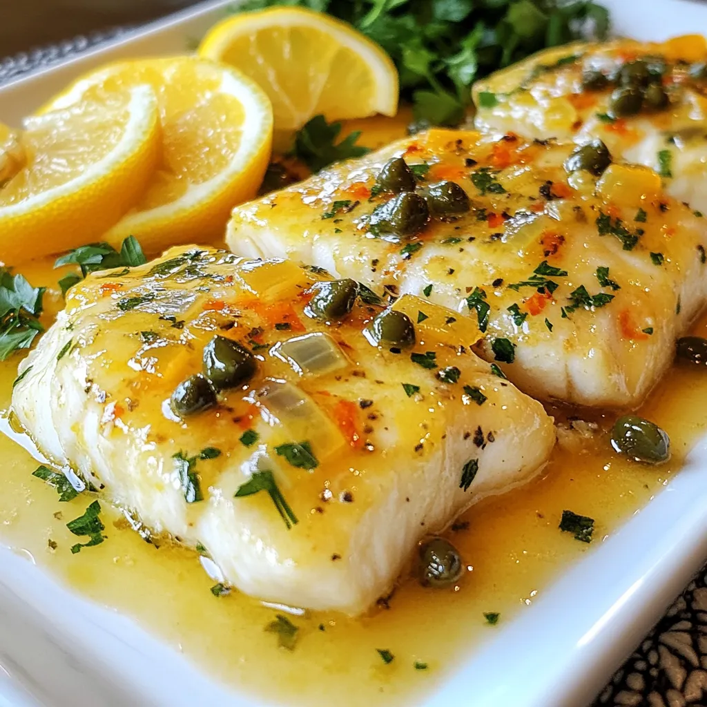 - 4 cod fillets (6 ounces each) - 4 tablespoons unsalted butter, melted - 2 tablespoons fresh lemon juice - 1 tablespoon lemon zest - 3 cloves garlic, minced - 2 teaspoons fresh parsley, chopped - Salt and pepper to taste The main stars of this dish are the cod fillets, which are firm and flaky. I love using fresh cod because it cooks well and tastes amazing. The unsalted butter adds richness, while the fresh lemon brings brightness. Garlic adds depth, and parsley gives it a fresh touch. - Capers - Lemon wedges Garnishes can elevate your meal. Capers add a salty bite, and lemon wedges offer a zesty kick. You can use them based on your taste. - Salt and pepper Seasoning is key to bringing out flavors. I always use fresh salt and cracked pepper. It enhances the taste of the cod and the butter sauce. {{ingredient_image_1}} 1. Preheat your oven to 400°F (200°C). This temperature helps cook the cod evenly and keeps it moist. 2. In a small bowl, whisk together the melted butter, fresh lemon juice, lemon zest, minced garlic, chopped parsley, salt, and pepper. Make sure all the ingredients blend well. This lemon butter mixture gives the cod a bright, zesty flavor. 1. Place the cod fillets skin-side down in a baking dish. Make sure they fit well without overlapping. This helps them cook evenly. 2. Drizzle half of the lemon butter mixture over the cod. Ensure each fillet is well coated. This step adds flavor right from the start. 3. Bake the cod in the preheated oven for about 12-15 minutes. The fish should flake easily with a fork when done. 4. Halfway through baking, drizzle the remaining lemon butter mixture over the cod. This adds an extra burst of flavor and keeps the fish moist. 1. Once the cod is done, take it out of the oven and let it sit for about a minute. This helps the juices settle. 2. Serve the cod hot on a plate. Add a generous spoonful of the buttery sauce on top. 3. Garnish with lemon wedges and, if you like, a few capers for a tangy kick. This makes the dish look colorful and inviting. 4. Pair your cod with steamed vegetables or a light salad. These sides complement the dish and add freshness. To ensure cod is fresh, look for bright eyes and shiny skin. Fresh cod should smell like the ocean, not fishy. Always buy your fish from a trusted source. To check if your cod is done, use a fork to flake the fish. If it flakes easily, it's ready. Cod should be opaque and moist, not dry or rubbery. You can use other herbs like thyme or dill to add flavor. If you enjoy spice, try adding chili flakes to the butter sauce. To achieve a crispy top, broil the cod for the last few minutes of cooking. This will give it a nice golden color and texture. Serve the cod on a bright plate to make it pop. Add a generous spoonful of lemon butter sauce on top. A sprinkle of fresh parsley adds color and freshness. For complementary sides, pair it with steamed vegetables or a light salad. Quinoa or rice also make great options to soak up the sauce. Pro Tips Use Fresh Ingredients: Always opt for fresh cod fillets and freshly squeezed lemon juice to enhance the flavor of this dish. Perfectly Cooked Cod: Keep an eye on the cod while baking; it should flake easily when done. Overcooking can lead to a dry texture. Add a Crunch: For extra texture, consider topping the cod with panko breadcrumbs before baking, giving it a delightful crunch. Experiment with Herbs: Feel free to substitute or add other herbs such as dill or thyme for a different flavor profile. {{image_2}} To bring new life to your Lemon Butter Cod, you can add fresh herbs. Thyme and dill work great with the lemon butter sauce. Just sprinkle a few leaves over the cod before baking. This adds a nice green color and fresh taste. If you like a kick, try adding chili flakes. Mix a teaspoon into the lemon butter sauce. This will give your dish a gentle heat that makes it exciting. You control the spice, so add more if you want! Grilling cod can add a smoky flavor that makes it even better. Preheat your grill and oil the grates. Cook the cod for about 4-5 minutes on each side. This method gives you a nice char and keeps the fish flaky. Another option is pan-searing. Heat some butter in a skillet over medium heat. Add the cod and cook for 3-4 minutes on each side. This method creates a crispy outer layer while keeping the inside juicy. You can serve Lemon Butter Cod with many sides. Grains like quinoa or rice are great choices. They soak up the lemon butter sauce well. For vegetables, think of steamed broccoli or green beans. They add color and freshness to your meal. You could also make a light salad with mixed greens. This balances the rich flavors of the cod nicely. Store leftover Lemon Butter Cod in the fridge. Place the cod in a shallow dish. Cover it tightly with plastic wrap or a lid. It will last up to three days. Always label the container with the date. To reheat cod, use the oven for best results. Preheat your oven to 350°F (175°C). Place the cod on a baking sheet. Cover it with foil to keep it moist. Heat for about 10 minutes or until warm. You can also use a microwave. Place the cod on a microwave-safe plate. Heat for 1-2 minutes, checking after 1 minute. Yes, you can freeze Lemon Butter Cod. It stays fresh for up to three months. Wrap each fillet tightly in plastic wrap. Then place them in a freezer bag. Remove as much air as possible. To thaw, place it in the fridge overnight before reheating. Bake cod at 400°F for 12-15 minutes. The fish will be done when it flakes easily with a fork. Thicker fillets may need a bit more time. To ensure the best results, check your cod halfway through. If you see it starting to turn opaque, it is getting close. Yes, you can use frozen cod. First, thaw the cod in the fridge overnight. If you are short on time, you can also run it under cold water. After it thaws, pat it dry with a paper towel. This helps the lemon butter stick better. Then, follow the recipe as usual. Serve Lemon Butter Cod with steamed vegetables or a fresh salad. Some great veggie options are broccoli, asparagus, or green beans. You can also add a side of rice or quinoa for a filling meal. For extra flavor, try some crusty bread to soak up the lemon butter sauce. In this blog post, we explored the key ingredients and steps for making Lemon Butter Cod. We highlighted fresh cod fillets, butter, garlic, and lemon as the main flavors. I shared tips for perfecting your dish, including cooking methods and storage advice. With these guidelines, you can create a delicious meal that impresses. Remember, cooking is about creativity and fun. Don't be afraid to try new flavors or variations. Enjoy your culinary adventure!
