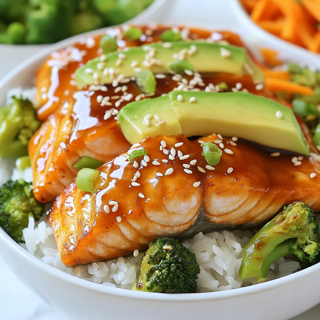 - 2 salmon fillets - 1 cup jasmine rice - 1 cup broccoli florets - 1/2 cup carrots, julienned - 1/4 cup soy sauce - 2 tablespoons honey or maple syrup - 1 tablespoon rice vinegar - 1 tablespoon sesame oil - 1 garlic clove, minced - 1-inch piece of ginger, grated - Sesame seeds - Chopped green onions - 1/2 avocado, sliced The main ingredients in this dish are simple yet flavorful. Salmon fillets provide rich taste and protein. Jasmine rice adds a light, fluffy base. Broccoli and carrots bring color and crunch to your bowl. The teriyaki sauce is the star of this meal. It combines soy sauce and honey for sweetness. Rice vinegar gives it a slight tang. Sesame oil adds a nutty flavor, while garlic and ginger give it a nice kick. This mix creates a perfect glaze for the salmon. For garnishes, add sesame seeds and chopped green onions. They provide extra texture and flavor. Slices of avocado also add creaminess and balance. Together, these ingredients make a delicious meal that is easy to prepare. {{ingredient_image_1}} First, rinse the jasmine rice under cold water. This process removes excess starch. Keep rinsing until the water runs clear. Next, combine the rinsed rice and 2 cups of water or vegetable broth in a saucepan. Bring the mixture to a boil. Once boiling, cover the pan and lower the heat. Let the rice cook for 15 to 20 minutes. Once done, the rice should be fluffy and absorb all the liquid. Now, let’s make the teriyaki sauce. In a small saucepan, mix the soy sauce, honey or maple syrup, rice vinegar, and sesame oil. Add the minced garlic and grated ginger as well. Warm the mixture over medium heat. Stir it well and let it simmer for 3 to 5 minutes. You want it to thicken slightly. When ready, remove the pan from the heat. For the salmon, heat a non-stick skillet on medium-high heat. Add a drizzle of oil to the pan. Place the salmon fillets skin-side down in the skillet. Cook them for 4 to 5 minutes. Gently flip the fillets over. Brush some teriyaki sauce over the top. Cook for another 4 to 5 minutes until the salmon is cooked through. It should flake easily when you use a fork. Next, we will blanch the vegetables. Boil water in a separate pot. Add the broccoli florets and julienned carrots to the boiling water. Blanch them for 2 to 3 minutes until they are just tender. After that, drain the vegetables. Rinse them immediately under cold water. This stops the cooking and keeps them bright. Let’s put everything together. In serving bowls, place a generous scoop of cooked rice at the bottom. Top it with the salmon fillet. Drizzle some of the teriyaki sauce over the salmon. Add the blanched vegetables and slices of avocado on the side for color and texture. Finally, it's time to garnish. Sprinkle sesame seeds over the bowls for crunch. Add chopped green onions for a fresh touch. This adds flavor and makes the dish look great. Enjoy your teriyaki salmon rice bowls! For the best salmon, keep an eye on the cooking temperature. Aim for medium heat. This helps the fish cook evenly. You want it to flake easily with a fork but not be dry. A good rule is to cook salmon for about 8-10 minutes. Start skin-side down for crispy skin. Press gently to keep it flat while cooking. If you want even crispier skin, pat the salmon dry before cooking. You can boost the teriyaki sauce with different spices. Try adding a pinch of red pepper flakes for heat. A splash of orange juice gives it a sweet twist. You can also mix in sesame seeds or chopped green onions for extra flavor. Don't forget to explore different vegetables! Bell peppers, snap peas, or zucchini work well. Just remember to cut them small for quick cooking. If you prefer, you can swap jasmine rice for brown rice or quinoa. These grains add different flavors and textures. Brown rice takes longer to cook, so adjust your time. For best results, use a pot with a tight lid. This keeps steam in and cooks the rice evenly. A rice cooker is also a great tool for perfect rice every time. Pro Tips Perfectly Cooked Salmon: Use a meat thermometer to ensure your salmon reaches an internal temperature of 145°F (63°C) for optimal doneness. Flavor Boost: Marinate the salmon in the teriyaki sauce for at least 30 minutes before cooking for a deeper flavor profile. Vegetable Variety: Feel free to add other vegetables like bell peppers or snap peas to the bowls for more color and nutrients! Rice Cooking Tip: For extra flavor, replace water with vegetable broth or add a dash of soy sauce to the cooking water for the rice. {{image_2}} You can switch out salmon for other fish like tuna or tilapia. These options work well with teriyaki sauce. If you prefer chicken, use boneless thighs or breasts. You can even grill or bake them for great flavor. For a vegetarian option, try tofu or tempeh. Both soak up teriyaki sauce nicely. Just press the tofu to remove water before cooking. This helps it get crispy and flavorful. While jasmine rice is a classic choice, try quinoa for a nutty twist. Quinoa is packed with protein and cooks quickly. Brown rice is another great option. It offers more fiber and has a chewy texture. If you're looking for a low-carb option, cauliflower rice is perfect. It cooks fast and adds a light crunch. You can find it frozen or fresh at the store. You can change the teriyaki sauce by adding different sweeteners. Maple syrup gives it a unique flavor. You can also try brown sugar for a rich taste. If you want some heat, add red pepper flakes or sriracha. For a citrus touch, mix in some orange or lime juice. This adds brightness to the dish. You can customize the sauce to make it your own! To keep your teriyaki salmon rice bowls fresh, store them in the fridge. Use airtight containers to avoid air exposure. This helps maintain flavor and texture. Place the salmon, rice, and veggies in separate sections if possible. This way, each component stays fresh longer. You can keep leftovers for up to three days. When you’re ready to enjoy leftovers, reheat carefully. To keep the salmon moist, use a microwave-safe dish. Cover it with a damp paper towel to hold in steam. Heat in short bursts of 30 seconds. Check the temperature each time. You can also reheat in a skillet over low heat. Add a splash of water to help steam. This method helps keep the salmon flaky and the rice fluffy. For meal prep, you can freeze portions. First, let your salmon and rice cool completely. Then, place them in freezer-friendly bags or containers. Remove as much air as possible to prevent freezer burn. You can freeze the teriyaki sauce separately too. For best results, use within three months. When ready, thaw in the fridge overnight before reheating. To make teriyaki sauce, you need a few simple ingredients. Use soy sauce, honey or maple syrup, rice vinegar, sesame oil, garlic, and ginger. 1. Start by mixing soy sauce, honey, rice vinegar, sesame oil, minced garlic, and grated ginger in a small pot. 2. Heat the pot over medium heat and stir well. 3. Let it simmer for 3-5 minutes. You want it to thicken slightly. 4. Once it’s done, remove it from the heat. Now you have a tasty teriyaki sauce! Yes, you can use frozen salmon. Just make sure to thaw it first. 1. Place the frozen salmon in the fridge overnight to thaw safely. 2. If you're short on time, you can also thaw it in cold water for about an hour. 3. Cook the salmon as you normally would. This will keep it juicy and flavorful. You can pair your teriyaki salmon rice bowls with several great side dishes. - Steamed edamame adds a nice touch. - A simple cucumber salad brings a refreshing crunch. - Miso soup is another great option. - You can also add extra veggies, like snap peas or bell peppers. Leftovers from your teriyaki salmon rice bowls will last about 2-3 days in the fridge. - Store them in an airtight container to keep them fresh. - When reheating, make sure to warm them gently. This helps maintain flavor and texture. - If you want to save some for later, you can freeze the salmon and rice separately for up to a month. This blog covers how to make tasty teriyaki salmon rice bowls. You learned about the main ingredients, like salmon and jasmine rice, and how to make a homemade teriyaki sauce. I shared step-by-step cooking methods and tips to ensure perfect results. Remember, you can switch ingredients to suit your taste. Try different proteins or vegetables for variety. Cooking can be fun and delicious, so I hope you try this dish soon!