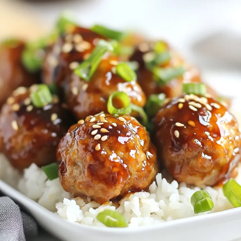 To make these tasty baked teriyaki meatballs, gather the following main ingredients: - 1 pound ground chicken (or turkey) - 1/2 cup breadcrumbs - 1/4 cup green onions, finely chopped - 2 cloves garlic, minced - 1 egg, lightly beaten - 1 tablespoon fresh ginger, grated - 1 teaspoon sesame oil - Salt and pepper to taste These ingredients create a juicy and flavorful base for your meatballs. Ground chicken or turkey keeps them light, while the breadcrumbs give them structure. The teriyaki sauce adds a sweet and savory glaze. Here’s what you need: - 1/2 cup soy sauce (low sodium preferred) - 1/4 cup honey or maple syrup - 1 tablespoon rice vinegar - 1 tablespoon cornstarch mixed with 2 tablespoons water (slurry) The soy sauce is key for that umami flavor. Honey or maple syrup balances the saltiness with sweetness. Feel free to customize your meatballs! Consider these add-ins or substitutions: - Chopped bell peppers for extra crunch - Finely grated carrots for natural sweetness - Ground ginger instead of fresh - Use beef or plant-based meat for different flavors These options help make the recipe your own. Mix and match to find your favorite combination! {{ingredient_image_1}} To start, gather your ingredients. You’ll need ground chicken, breadcrumbs, green onions, garlic, an egg, ginger, sesame oil, salt, and pepper. In a large bowl, add the ground chicken and breadcrumbs. Then, add the chopped green onions and minced garlic. Next, mix in the beaten egg, grated ginger, and sesame oil. Finally, season with salt and pepper. Mix until just combined. Make sure not to overmix; this keeps your meatballs tender. Now it's time to form the meatballs. Take about 1.5 tablespoons of the mixture and roll it into a ball using your hands. Place each meatball on a baking sheet lined with parchment paper. Ensure they are spaced out so they bake evenly. Preheat your oven to 400°F (200°C) while you form the meatballs. Once all are ready, bake them for 15-20 minutes. They should turn golden brown and reach an internal temperature of 165°F. While the meatballs bake, prepare the teriyaki sauce. In a small saucepan, combine the soy sauce, honey (or maple syrup), and rice vinegar over medium heat. Stir well and bring it to a gentle simmer. To thicken the sauce, mix cornstarch with water in a small bowl to create a slurry. Slowly add this to your simmering sauce, stirring constantly. Keep simmering until the sauce thickens. Once the meatballs are done, drizzle the sauce over them and toss gently to coat. Return the meatballs to the oven for another 5 minutes to let the sauce caramelize. To make meatballs that are soft and juicy, use ground chicken or turkey. The meat should not be overmixed. Just combine all the ingredients gently. Adding breadcrumbs helps keep them moist. Also, use a light hand when rolling them. Aim for small meatballs, about 1.5 tablespoons each. This size helps them cook evenly. For a thick and rich teriyaki sauce, use a cornstarch slurry. Mix cornstarch with water before adding it to the sauce. This method prevents clumps. Heat the sauce gently until it simmers. Stir often to keep it smooth. If you want a thinner sauce, skip the cornstarch. Just let it simmer longer to reduce. Serve your teriyaki meatballs on a big platter. Garnish with chopped green onions and sesame seeds for a pop of color. Pair them with steamed rice to soak up the sauce. A side of stir-fried veggies adds crunch and color. You can also use these meatballs in a sandwich or wrap for a tasty lunch. Pro Tips Use Fresh Ingredients: Fresh garlic and ginger will enhance the flavor of your meatballs significantly compared to dried alternatives. Do Not Overmix: When combining the meatball ingredients, mix just until combined to keep your meatballs tender. Adjust the Sauce: Feel free to tweak the teriyaki sauce by adding a splash of orange juice or a pinch of crushed red pepper for extra flavor. Rest Before Serving: Allow the meatballs to rest for a few minutes after baking for the flavors to meld and to ensure they are juicy. {{image_2}} You can use different meats for these meatballs. Ground turkey works well and keeps them light. Beef gives a richer flavor. For a vegetarian option, try using lentils or chickpeas. Just mash them up and mix with breadcrumbs. Each option brings a new taste to your dish. Want to spice things up? Add red pepper flakes for a kick. You can also mix in Sriracha or your favorite hot sauce. If you love ginger, add more grated ginger to the meatball mix. This will enhance the flavor and give a nice zing. While teriyaki sauce is tasty, you can try other sauces too. A sweet chili sauce adds a nice twist. You could also use a soy-based glaze with garlic and honey. Experiment with barbecue sauce for a smoky flavor. Each sauce gives the meatballs a fresh identity. To store leftover meatballs, let them cool first. Place them in an airtight container. Keep the meatballs in the fridge. They will stay fresh for up to three days. For best taste, eat them within two days. If you want to freeze meatballs, shape them first. Place them on a baking sheet. Freeze them for about one hour until firm. Then, transfer them to a freezer bag. Label the bag with the date. Frozen meatballs can last for up to three months. To reheat meatballs, you have a few options. You can use the oven, microwave, or stovetop. For the oven, preheat it to 350°F (175°C). Place the meatballs on a baking sheet. Heat for about 10-15 minutes. In the microwave, place them on a safe plate. Heat for one minute at a time until warm. On the stovetop, add a little sauce to a pan. Heat over low until warm. This adds flavor back to the meatballs. Enjoy them with fresh teriyaki sauce for the best taste! Yes, you can make baked teriyaki meatballs ahead of time. Prepare the meatballs and place them on your baking sheet. Cover them with plastic wrap and refrigerate for up to 24 hours. When ready to cook, just bake them as directed. This saves time and makes meal prep easier. You can also freeze the raw meatballs for later use. Just thaw them overnight in the fridge before baking. To know if meatballs are fully cooked, check their internal temperature. Use a meat thermometer and aim for 165°F (74°C). This ensures they are safe to eat. You can also cut one in half to check. The meat should be no longer pink, and the juices should run clear. Don't worry; these meatballs stay juicy and tender when cooked right. Baked teriyaki meatballs pair well with many sides. Here are a few ideas: - Steamed rice - Stir-fried vegetables - Noodles - Salad with sesame dressing - Quinoa These sides balance the sweet and savory flavors of the meatballs. You can mix and match to create a fun meal! In this post, I shared how to make baked teriyaki meatballs. We covered essential ingredients, from the meatball mix to the teriyaki sauce. You learned step-by-step instructions for preparing, forming, and baking the meatballs. Tips on achieving the perfect texture and consistency were highlighted. We explored tasty variations and provided storage tips for leftovers. Now, whether you're hosting a dinner or meal prepping, these meatballs offer delicious options. Enjoy experimenting with flavors and making this dish your own!